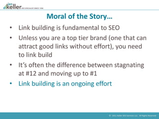 © 2011 Keller SEO Services LLC. All Rights Reserved.
Moral of the Story…
• Link building is fundamental to SEO
• Unless yo...