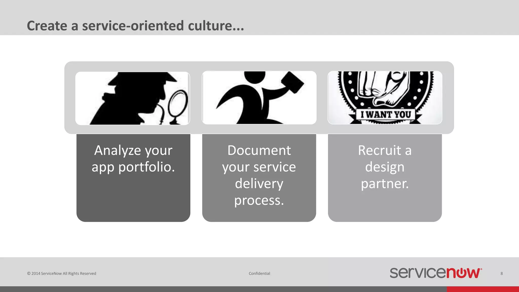 © 2014 ServiceNow All Rights Reserved 8Confidential
Create a service-oriented culture...
Analyze your
app portfolio.
Document
your service
delivery
process.
Recruit a
design
partner.
 
