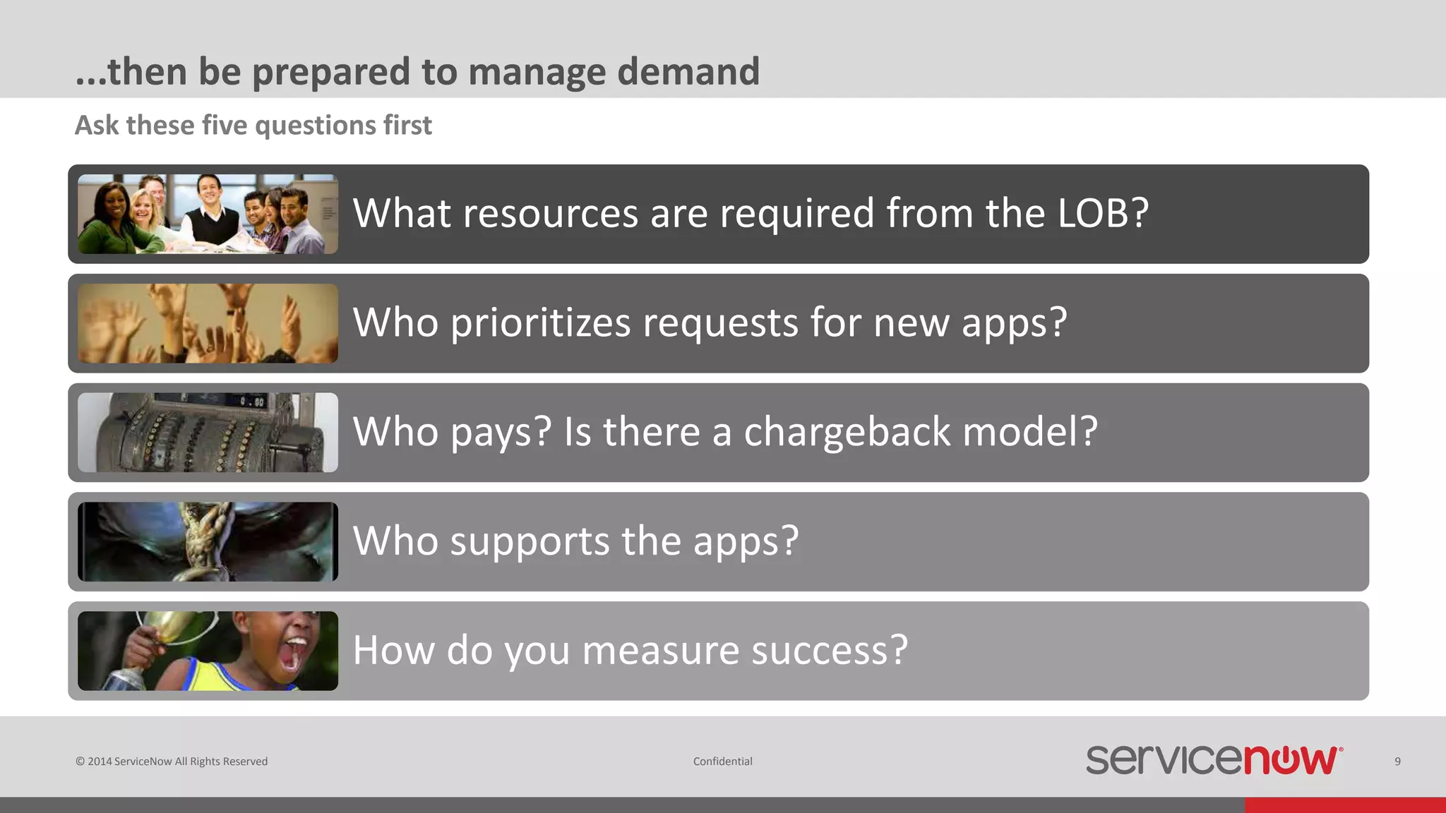 © 2014 ServiceNow All Rights Reserved 9Confidential
...then be prepared to manage demand
What resources are required from the LOB?
Who prioritizes requests for new apps?
Who pays? Is there a chargeback model?
Who supports the apps?
How do you measure success?
Ask these five questions first
 