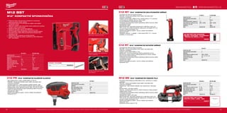 18 19
#MILWAUKEETOOL
M12 BS-0 M12 BS-402C
Kapacita aku (Ah) − 4.0
Počet dostupných akumulátorů 0 2
Nabíječka − 80 min
Počet otáček bez zatížení (ot./min) 0 - 85 0 - 85
Max. kapacita řezání (mm) 41 x 41 41 x 41
Délka pilového plátku (mm) 687.57 687.57
Hmotnost vč. aku (kg) − 3.2
Dodávaný v − kufr
Obj.č. 4933431310 4933446135
C12 PN-0
Kapacita aku (Ah) −
Počet dostupných akumulátorů 0
Nabíječka −
Max. počet úderů (ú./min) 2700
Max. rozměr hřebíku (mm) 90
Hmotnost vč. aku (kg) 1.6
Dodávaný v −
Obj.č. 4933427182
C12 RT-0
Kapacita aku (Ah) −
Počet dostupných akumulátorů 0
Nabíječka −
Počet otáček bez zatížení (ot./min) 5000 - 32,000
Průměr kleštiny (mm) 0.8 / 1.6 / 2.4 / 3.2
Hmotnost vč. aku (kg) 0.6
Dodávaný v −
Obj.č. 4933427183
C12 MT-0 C12 MT-402B
Kapacita aku (Ah) − 4.0
Počet dostupných akumulátorů 0 2
Nabíječka − 80 min
Oscilační úhel nalevo / napravo (°) 1.5 1.5
Počet otáček bez zatížení (ot./min) 5000 - 20,000 5000 - 20,000
Hmotnost vč. aku (kg) − 1.2
Dodávaný v − Taška
Obj.č. 4933427180 4933441708
M12 BST-0 M12 BST-202X
Kapacita aku (Ah) − 2.0
Počet dostupných akumulátorů 0 2
Nabíječka − 40 min
Staple strip T50 T50
Staple strip width [mm] 11.4 11.4
Staple strip length [mm] 6 - 14 6 - 14
Kapacita zásobníku hřebíky 89 89
Cycle rate [min] 140 140
Hmotnost vč. aku (kg) − 1.6
Dodávaný v − Heavy Duty kufr
Obj.č. 4933459634 4933459635
M12 BST
M12™
KOMPAKTNÍ SPONKOVAČKA
ºº Průlomový výkon omezuje únavu uživatele tím, že eliminuje
opakovaný pohyb ručních nástrojů
ºº Technologie Ready to Fire eliminuje čas náběhu mezi každým
vystřelením sponek
ºº Nastavení rychlého nebo sekvenčního chodu nastřelování umožňuje
uživateli rychlé a přesné použití
ºº Nastřelí až 2000 spon s 2,0 Ah akumulátorem
ºº Nastřeluje standardní velikost spon T50 od 6 do 14 mm
ºº Dry-Fire systém zastaví nastřelování, pokud je zásobník prázdný
ºº Kompaktní délka, výška i šířka pro jednoduché dosažení hůře
dostupných míst
ºº Nastavitelný hák na opasek pro pohodlí uživatele
ºº Flexibilní akumulátorový systém: použitelná se všemi Milwaukee®
M12™
akumulátory
Nastavitelná regulace síly úderu
Nastavení rychlého nebo sekvenčního
chodu nastřelování
SPONY T50/6MM
Obj.č. 4932459145
Nastřelí až 2000 spon s 2,0 Ah
akumulátorem
C12 PN | M12™
KOMPAKTNÍ DLAŇOVÉ KLADIVO
ºº Díky profesionalnímu výkonu nastřelí hřebíky až 100 mm
ºº REDLINK™
ochrana proti přetížení chrání nářadí i akumulátor před
extrémním namáháním
ºº Vynikající ergonomie – madlo poskytuje vynikající pohodlí v dlani
ºº Zatluče hřebíky i tam kde se klasickým kladivem nelze rozmáchnout
ºº Zlepšená doba chodu: zatloukne na jedno nabití 100 X 90 mm hřebíku
ºº Individuální řízení jednotlivých článků optimalizuje odběr při provozu
nářadí a prodlužuje životnost
ºº Ukazatel stavu nabití
ºº Flexibilní akumulátorový systém - provoz s každým akumulátorem
Milwaukee®
M12™
Vyobrazené příslušenství je pouze ilustrativní. Pro další technické specifikace včetně údajů o hlučnosti a vibracích navštivte naši webovou stránku: www.milwaukeetool.cz
WWW.MILWAUKEETOOL.CZ
C12 MT | M12™
KOMPAKTNÍ MULTIFUNKČNÍ NÁŘADÍ
ºº Univerzální aku řešení pro řezání a broušení
ºº REDLINK™
ochrana proti přetížení chrání nářadí i akumulátor před
extrémním namáháním
ºº Variabilní rychlost (5000- 20000 ot./min), oscilační pohyb o 1,5° umožnuje
rychlý postup do materiálů, jako kov, dřevo a plast
ºº Lze užit přislušenství konkurenčních značek
ºº Individuální řízení jednotlivých článků optimalizuje odběr při provozu nářadí
a prodlužuje životnost
ºº Ukazatel stavu nabití
ºº REDLITHIUM-ION™
akumulátor poskytuje až 2x delší dobu chodu, až o
20% více síly, až 2x delší životnost aku, lepší provoz i při teplotě -20 °C ve
srovnání s ostatní technologie Li-Ion
ºº Flexibilní akumulátorový systém - provoz s každým akumulátorem
Milwaukee®
M12™
ºº Standardní vybavení: 1 x adaptér, 1 x řezný kotouč OSC 112, 1 x brusná
podložka, 5 x brusný papír 32 MM NŮŽ PRO PONORNÉ
ŘEZÁNÍ. PONORNÉ / HLOUBKOVÉ
/ ŘEZÁNÍ DO DŘEVA A PVC.
Obj.č. 48900030
C12 RT | M12™
KOMPAKTNÍ ROTAČNÍ NÁŘADÍ
ºº Univerzální aku řešení pro řezání a broušení
ºº REDLINK™
ochrana proti přetížení chrání nářadí i akumulátor před
extrémním namáháním
ºº Variabilní rychlost (5000-32000 ot./ min)
ºº Kleština (0,8 – 3,2 mm) je vhodná pro všechno příslušenství na trhu
ºº Mechanizmus aretace vřetene umožňuje jednoduchou výměnu nástroje
ºº Ergonomická a lehká konstrukce
ºº Individuální řízení jednotlivých článků optimalizuje odběr při provozu nářadí
a prodlužuje životnost
ºº Ukazatel stavu nabití
ºº Flexibilní akumulátorový systém - provoz s každým akumulátorem
Milwaukee®
M12™
M12 BS | M12™
KOMPAKTNÍ PÁSOVÁ PILA
ºº Kompaktní a lehký design pro řezání jednou rukou, nad hlavou a v úzkých
prostorách
ºº REDLINK™
ochrana proti přetížení chrání nářadí i akumulátor před
extrémním namáháním
ºº Všestrannost - řeže množství materiálů: ocel, nerezová ocel, měď, plast,
hliník
ºº Studené řezání - bez jisker a otřepů
ºº Čistý řez - vyvážené madlo spolu s 8 velkými kuličkovými ložisky poskytují
nejlepší kvalitu v řezání
ºº Individuální řízení jednotlivých článků optimalizuje odběr při provozu nářadí
a prodlužuje životnost
ºº Ukazatel stavu nabití a LED světlo
ºº REDLITHIUM-ION™
akumulátor poskytuje až 2x delší doba chodu, až o
20% více síly, až 2x delší životnost aku, lepší provoz i při teplotě -20 °C ve
srovnání s ostatní technologie Li-Ion
ºº Flexibilní akumulátorový systém - provoz s každým akumulátorem
Milwaukee®
M12™
ºº Dodávané s pilovým pásem 18 Tpi
PILOVÉ PÁSY 687,57MM-
ROZTEČ ZUBŮ 1,4MM - 3KS
Obj.č. 48390572
Vyobrazené příslušenství je pouze ilustrativní. Pro další technické specifikace včetně údajů o hlučnosti a vibracích navštivte naši webovou stránku: www.milwaukeetool.cz
 