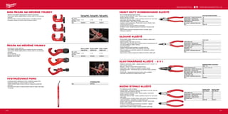 200 201
#MILWAUKEETOOL
Dlouhé kleště
Celková délka (mm) 210
Kapacita řezání - tvrdý drát (mm) 2.5
Kapacita řezání - středně tvrdý drát (mm) 2.5
Průměr kabelu (mm) 6.0
Délka čelisti (mm) 51
Hmotnost (g) 255
Max. průměr - odhrotovací hlava (mm) 18
Obj.č. 48226101
Diagonal cutting
pliers 160 mm
Diagonal cutting
pliers 180 mm
Celková délka (mm) 160 180
Kapacita řezání - středně tvrdý drát (mm) 2.5 3.0
Kapacita řezání - tvrdý drát (mm) 2.5 3.0
Kapacita řezání - měkký drát (mm) 4.0 4.0
Délka čelisti (mm) 22 26
Obj.č. 48224106 48224107
Heavy duty kombinované klešte
Kapacita řezání - středně tvrdý drát (mm) 3.0
Kapacita řezání - tvrdý drát (mm) 3.0
Kapacita řezání - měkký drát (mm) 4.6
Celková délka (mm) 250
Max. průměr - odhrotovací hlava (mm) 25
Obj.č. 48226100
Kombinační kleště se shrnovačem
drátů - 5 v 1
Kapacita odizolování (mm² ) 0.75, 1.0, 1.5, 2.5, 4.0
Kapacita řezání - středně tvrdý drát (mm) 2.5
Kapacita řezání - tvrdý drát (mm) 2.5
Max. kapacita řezání - kabel, drát (mm) 6.0
Celková délka (mm) 190
Tloušťka čelisti (mm) 4
Max. průměr - odhrotovací hlava (mm) 25
Obj.č. 48229079
VYSTRUŽOVACÍ PERO
Obj.č. 48224255
Řezák na měděné
trubky 28 mm
Řezák na měděné
trubky 42 mm
Řezák na měděné
trubky 67 mm
Max. cutting
capactity in copper
pipe [mm]
3 - 28 3 - 42 16 - 67
Obj.č. 48229259 48229252 48229253
Řezák na měděné
trubky MINI 15 mm
Řezák na měděné
trubky MINI 22 mm
Řezák na měděné
trubky MINI 28 mm
Max. cutting
capactity in copper
pipe [mm]
3 - 15 3 - 22 3 - 28
Obj.č. 48229250 48229258 48229251
MINI ŘEZÁK NA MĚDĚNÉ TRUBKY
ºº Navržen s maximálním přizpůsobením řezacího mechanismu.
ºº Chromované válečky zajišťují stálost a ochranu před rzí, což prodlužuje
životnost.
ºº Pohodlný držák umožňuje rychlejší regulaci a snadnější používání.
ºº Kompaktní velikost pro řezání trubek na těsných místech.
ŘEZÁK NA MĚDĚNÉ TRUBKY
ºº Vytvořený pro rovné, čisté řezy.
ºº Čtyři válečky zajišťují přesné řezání a zabraňují klouzání na materiálu.
ºº Chromované válečky zajišťují stálost a ochranu před rzí, což prodlužuje
životnost.
ºº Plynulá regulace.
ºº Zabudovaný odhrotovač.
ºº Náhradní ostří ve víčku.
VYSTRUŽOVACÍ PERO
ºº Umožňuje snadné odstraňování hrotů z měděných trubek a PVC.
ºº Celokovový design pro náročné použití na staveništi.
ºº Tepelně ošetřená čepel s černou oxidovou vrstvou pro prodloužení
životnosti.
ºº Klip odolný proti skluzu umožňuje snadné uložení do kapsy nebo tašky
na nástroje.
WWW.MILWAUKEETOOL.CZ
HEAVY DUTY KOMBINOVANÉ KLEŠTĚ
ºº Pro univerzální aplikace štípání a řezání.
ºº Design pro široké spektrum využití – dlouhé rukojeti s maximálním
řezným výkonem a využitím.
ºº Odhrotovací žebra na hlavě - trubka o průměru až do 25 mm, není nutné
další nářadí. Není třeba dalších nástrojů.
ºº Vytahovač hřebíků – silný úchop a vysoký pákový efekt.
ºº Laserem tvrzené odolné hrany. Řezání drátů, šroubů a hřebíků. Velmi
tvrdé hrany až do 64 HRC.
ºº Zoubkované břity čelisti pro štípání a vytahování.
ºº Vyrobeno z chrom vanadiové oceli pro trvanlivost s ochranou proti
rezivění.
ºº Ergonomická rukojeť pro maximální komfort a vynikající výkon.
ºº S lisovacím zařízením.
DLOUHÉ KLEŠTĚ
ºº Dlouhé kleště: zvláště vhodná pro uchopení, ohýbání a nastavování v
omezených oblastech.
ºº Drátová řezačka: řeže dráty do 2,5 mm.
ºº Odhrotování: odhrotovávací žebra na hlavě vhodné na potrubíé až do 20
mm. Není potřeba pro dalších nástrojů.
ºº Vytahovák hřebíků.
ºº Ozubené čelisti pro lepší uchopení a vynikající kontrolu.
ºº Laserem tvrzené odolné břity. Extra zakalené na 64 HRC.
ºº Chromvanadiové pro maximální odolnost vůči opotřebení a dobrou
ochranu proti korozi.
ºº Ergonomická a odolná a pogumená rukojet pro komfort a delší vydrž.
ELEKTRIKÁŘSKÉ KLEŠTĚ - 5 V 1
ºº Kleště pro odizolování vodičů – velikosti vodičů 0.75 mm², 1.0 mm², 1.5
mm², 2.5 mm², 4.0 mm².
ºº Štípačky – laserem tvrzené odolné zaoblené hrany.
ºº Kombinačky – jsou vhodné pro uchopení a ohýbání kabelů.
ºº Odstraňovač ostřin – odhrotovací žebra na hlavě pro trubky o průměru
12 – 25 mm.
ºº Tvorba oček – zabudovaná funkce pro tvorbu oček na drátech.
ºº Uzamykací mechanismus ovládaný jednou rukou.
BOČNÍ ŠTÍPACÍ KLEŠTĚ
ºº Pro všestranné použití při štípání.
ºº Ochrana špičky – špičky jsou nastaveny do prostoru mimo zem, aby byly
chráněny břity proti poškození při pádu.
ºº Design pro široké spektrum využití – dlouhé rukojeti s maximálním
řezným výkonem a využítím.
ºº Odhrotovací žebra na hlavě - trubka o průměru až do 25 mm, není nutné
další nářadí.
ºº 15° ofsetová hlavice umožňuje řezání v jené rovině, může být použita pro
vytahování hřebíků – snadnější a rychlejší páčení a tah.
ºº Laserem kalené odolné břity. Extra odolné – 64 HRC - řezání drátů,
šroubů, vrutů a hřebíků.
ºº Vyrobeno z kované legované oceli (chrom-vanadium) – nejlepší
trvanlivost a výborná ochrana proti korozi.
ºº Ergonomické a trvanlivé rukojeti umožňují pohodlí a vydrží déle.
 