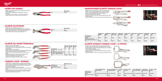 202 203
#MILWAUKEETOOL
7˝ TORQUE LOCK™
MAXBITE™
10˝ TORQUE LOCK™
MAXBITE™
5˝ TORQUE LOCK™
zakřivená čelist
7˝ TORQUE LOCK™
zakřivená čelist
10˝ TORQUE LOCK™
zakřivené
10˝ TORQUE LOCK™
ploché
4˝ TORQUE LOCK™
dlouhé
6˝ TORQUE LOCK™
ploché dlouhé
9˝ TORQUE LOCK™
dlouhé
Celková délka (mm) 170 250 127 170 250 250 100 150 230
Celková délka (inch) 7 10 5 7 10 10 4 6 9
Typ čelisti Maxbite™
Maxbite™
zakřivené zakřivené zakřivené ploché ploché dlouhé ploché dlouhé ploché dlouhé
Rozevření plochých čelistí (mm) − − − − - 30 42 52 76
Otevírací kapacita čelisti pro trubky (mm) 38 50 26 38 51 - − − −
Obj.č. 48223607 48223610 48223422 48223421 48223420 48223510 48223504 48223506 48223509
9˝ svorka s hlubokým dosahem a
pravidelnými čelistmi
18˝ svorka s hlubokým dorazem
a s pravidelnými čelistmi
11˝ ruční kleště -
zahrocené
18˝ C svorka s pravidel-
nými čelistmi
9˝ svorka s hlubokým dosa-
hem a otočnými čelistmi
11˝ ruční kleště- S
pohyblivými destičky
18˝ C scorka s otočnými
podložkami
Celková délka (mm) 230 480 280 480 230 280 480
Celková délka (inch) 9 18 11 18 9 11 18
Typ čelisti Hlubokové pravidelné špičaté podložky Hloubkové, špicatá podložka Zahrocené Pravidelné špičaté podložky Hloubkové a otočné podložky Pohyblivé destičky Otočné podložky
Rozevření plochých čelistí (mm) 114 170 90 170 114 100 170
Obj.č. 48223533 48223529 48223531 48223530 48223523 48223521 48223520
TORQUE LOCK™ svorka
Celková délka (mm) 200
Celková délka (inch) 8
Rozevření plochých čelistí (mm) 42
Obj.č. 48223540
Kleště na štípaní
Délka (mm) 180
Obj.č. 48226407
Nůžky na kabely
Obj.č. 48226104
Water pump
pliers 200
mm
Water pump
pliers 250
mm
Water pump
pliers 300
mm
Celková délka (mm) 200 250 300
Max. kapacita řezání - rozměr matice/
klíče (mm)
30 36 50
Max. kapacita řezání - průměr troubky (mm) 32 42 60
Max. průměr - odhrotovací hlava (mm) 38 51 70
Max. průměr - odhrotovací rukojeť (mm) 25 25 25
Obj.č. 48226208 48226210 48226212
NŮŽKY NA KABELY
ºº Nejlepší ve své třídě ve kvalitě řezu: zkosené čelist hlavy. Přesné pro
stříhání hladkých kabelů.
ºº Komfortní rukojeť: pohodlnější než rokojeť plastu. Nebude se
odloupávat.
ºº Kovaný design: dobrá trvanlivost i v nepříznivých podmínkach.
ºº Ochrana proti korozi: povrchová úpravou chrání před korozí.
KLEŠTĚ NA ŠTÍPANÍ
ºº Karbidová železná hrana: delší životnost ostří.
ºº Komfortní rukojet: pohodlnější než plastová. Nebude se odlupovat.
ºº Hladká hlava. Neoznačá povrchu během vytahování / páčivých aplikací.
ºº Kovaný design: větší trvanlivost i v nepříznivých podmínkach.
ºº Ochrana proti korozi: povrchová úprava chráni před rzí.
KLEŠTĚ NA VODNÍ ČERPADLA
ºº Pro držení, uvolnění a držení obrobku.
ºº Nastavení jednou rukou pro rychlé a silné uchopení.
ºº Jemné polohy stupnice pro přesné nastavení uchopení. Méně prostojů
a vyšší efektivita.
ºº Tlačítko aretace pro rychlé nastavení.
ºº Čelisti s V-drážkou s profilem pro pevnější uchopení, přesnější nasazení
snížení rizika uklouznutí. Speciální kalení zubů 60 HRC.
ºº Vyrobeno z chrom-niklové oceli pro trvanlivost a pro ochranu proti
rezivění.
ºº Ergonomická rukojeť pro maximální komfort a vynikající výkon.
ºº Odhrotovací žebra na hlavě, není nutné další nářadí.
ºº K dispozici ve 3 délkách pro optimální využití.
ºº Ergonomický úzký design pro přístup do zúžených prostorů.
TORQUE LOCK™
SVORKA
ºº TORQUE LOCK™
: Rychlejší nastavení a snadné uvolnění při upínání
plochého materiálu. Extra síla může být aplikována na šroubu TORQUE
LOCK™
pro lepší a bezpečnější uchopení. Může být také použita pro
účely zavěšení / skladování.
ºº Tvrzené čelisti: lepší přilnavost a síla na staveništi.
ºº Ochrana proti korozi: pochromování nástroje zvyšuje životnost snížením
koroze.
ºº Páková konstrukce: tradiční uvolňovací páka pro pohodlí na staveništi.
ºº Svorka dělá všechny druhy ohybů, tváření, lisování úkoly s lehkostí.
ºº Je ideální pro pořádání plechových dílů.
WWW.MILWAUKEETOOL.CZ
SAMOSVORNÉ KLEŠTĚ TORQUE LOCK™
ºº TORQUE LOCK™
: Rychlejší nastavení a snadné uvolnění při sevření
plochých i okrouhlých materiálů při svařování. Na šroub TORQUE
LOCK™
je možné působit dodatečnou silou pro lepší a pevnější
uchopení. Lze také použít pro účely zavěšení / ukládání.
ºº Tvrzené čelisti: větší síla stisku materiálu.
ºº Ochrana proti korozi: pochromování nástroje prodlužuje jeho životnost
omezením rezavění.
ºº Design kontrolovaného uvolnění: rychlé a snadné uvolnění jednou rukou.
KLEŠTĚ UPÍNACÍ TORQUE LOCK™
, C-PROFIL
ºº TORQUE LOCK™
: Rychlejší nastavení a snadné uvolnění při sevření
plochých i okrouhlých materiálů. Na šroub TORQUE LOCK™
je možné
působit dodatečnou silou pro lepší a pevnější uchopení. Lze také použít
pro účely zavěšení / ukládání.
ºº Tvrzené čelisti: větší síla stisku materiálu.
ºº Ochrana proti korozi: pochromování nástroje prodlužuje jeho životnost
omezením rezavění.
ºº Design kontrolovaného uvolnění: rychlé a snadné uvolnění jednou rukou.
 