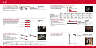 204 205
#MILWAUKEETOOL
Hliníkový klíč na
potrubí 250 mm
Hliníkový klíč na
potrubí 300 mm
Hliníkový klíč na
potrubí 350 mm
Hliníkový klíč na
potrubí 450 mm
Hliníkový klíč na
potrubí 600 mm
Ocelový klíč na
potrubí 250 mm
Ocelový klíč na
potrubí 300 mm
Ocelový klíč na
potrubí 350 mm
Ocelový klíč na
potrubí 450 mm
Celková délka (mm) 250 300 350 450 600 250 300 350 450
Celková délka (inch) 10 12 14 18 24 10 12 14 18
Otevírací kapacita čelisti pro trubky (mm) 38 51 51 63 76 38 51 51 63
Otevírací kapacita čelisti pro trubky (inch) 1.5 2 2 2.5 3 1.5 2 2 2.5
Hmotnost (g) 907 1293 1724 2699 680 794 1066 1633 2676
Obj.č. 48227210 48227212 48227214 48227218 48227224 48227110 48227112 48227114 48227118
6˝ nastavitelný klíč 8˝ nastavitelný klíč 8˝ nastavitelný klíč 10˝ nastavitelný klíč 12˝ nastavitelný klíč 15˝ nastavitelný klíč Nastavitelný klíč - dvojité balení
Celková délka (mm) 150 200 200 250 300 380
150 + 200
Otevírací kapacita čelisti pro trubky (mm) 24.5 30 40 36.5 42.5 46
Tloušťka čelisti (mm) 11.5 14 14 16 17 22
Tloušťka hrotu (mm) 7.7 8.7 8.1 9.9 10.8 13.5
Obj.č. 48227406 48227408 48227508 48227410 48227412 48227415 48227400
EAN kód 045242356225 045242356218 045242356232 045242356201 045242356195 045242356188 045242358823
Kompaktní instalatérsky klíč Instalatérsky klíč
Rozměr čeliste (mm) 10 - 32 32 - 65
Obj.č. 48227001 48227002
Nastavitelný hasák
Celková délka (mm) 250/450/600
Celková délka (inch) 10/18/24
Otevírací kapacita čelisti pro trubky (mm) 63
Otevírací kapacita čelisti pro trubky (inch) 2.5
Hmotnost (g) 3243
Obj.č. 48227314
TORQUE LOCK™ řeťezový klíč
Celková délka (mm) 270
Celková délka (inch) 9
Otevírací kapacita čelisti pro trubky (mm) 79
Obj.č. 48223542
Sada háků a vytahovákú
Obj.č. 48229215
TORQUE LOCK™
ŘETĚZOVÝ KLÍČ
ºº TORQUE LOCK™
: Rychlejší nastavení a snadné uvolnění při upínání
kolem materiálu. Extra síla může být aplikována na šroubu TORQUE
LOCK™
pro lepší a bezpečnější uchopení. Může být také použity pro
účely zavěšení / skladování.
ºº Páková konstrukce: tradiční uvolňovací páka pro pohodlí na staveništi.
ºº Ochrana proti korozi: pochromování nástroje zvyšuje životnost snížením
koroze.
ºº Zamykání řetěze klíče se drží a zamkne kolem jakéhokoli objektu.
ºº Nastavuje se rychle pro ráčnové akce v obou směrech.
SADA HÁKŮ A VYTAHOVÁKŮ
ºº Celokovové jádro, až o 50 % trvanlivější. Chromovaní - ochrana proti
korozi.
ºº Pochromované násady snižují korozi a poskytují vynikající ochranu proti
ní.
ºº Dokonalá rukojeť a precizní vroubkování zvyšuje schopnost ovládat
nástroj a komfort uživatele.
ºº Dodáváno ve snadno přístupném balení pro dlouhodobé ukládání
nástrojů.
NASTAVITELNÉ KLÍČE
ºº Přesné nastavení rozevření stavěcím šroubem. Čelisti drží polohu.
ºº Chromování pro nejlepší ochranu proti rezivění ve své třídě a zvýšenou
odolností.
ºº Ergonomicky zaoblený design rukojeti pro pohodlné nošení v ruce i
méně tlakových bodů na dlani.
ºº Tenký design hlavy pro dosažení stísněných prostor.
ºº Paralelní čelisti nekloužou a nezpůsobují poškození povrchu.
ºº Permanentní laserové palcové a mm označení pro přesné nastavení.
ºº 8˝ nastavitelný klíč (48227508) má navíc i širokou čelist 38 mm pro
zvýšení kapacity čelisti ve stísněných podmínkách.
ºº Otvor pro zavěšení.
WWW.MILWAUKEETOOL.CZ
OCELOVÉ A HLINÍKOVÉ KLÍČE NA POTRUBÍ
ºº Overbite čelisti pro bezpečné uchopení potrubí nebo trubek.
ºº Dvojitá pružina pro maximální odolnost a životnost nářadí.
ºº Ergonomicky tvarovaná rukojeť pro maximální pohodlí, nebude kopat
do dlaně.
ºº Tvrzené čelisti pro větší odolnost a lepší přilnavost.
ºº Otvor pro zavěšení.
NASTAVITELNÝ HASÁK
ºº Světová novinka, troj-délkový design - 10˝ / 250 mm pro stísněné
prostory, 18˝ / 450 mm režim pro všeobecné použití, 24˝ / 600 mm režim
pro maximální pákový efekt a dosah.
ºº Otevřený skus čelistí pro bezpečné uchopení potrubí a trubek.
ºº Dvojitá prižina pro maximální odolnost a životnost nářadí.
ºº Ergonomicky tvarovaná rukojeť pro maximální pohodlí, nebude kopat
do dlaně.
ºº Ergonomická onstrukce horní čelisti pro snadné sejmutí z obrobku.
ºº Tvrzené čelisti pro větší odolnost a lepší přilnavost.
ºº Otvor pro zavěšení.
INSTALATÉRSKÝ KLÍČ
ºº Ráčnový -kompatibilní design: vhodný pro 3
/8˝ ráčny.
ºº Speciální design: napomáhá uvolnění zaseknutých prvků.
ºº Rukojeť ve tvaru kliky: pohodlnější než čtvercový tvar.
ºº Snadné nastavení rukojeti: nejlépe nastavitelný ve své třídě.
 