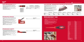 206 207
#MILWAUKEETOOL
SADA ŠROUBOVÁKŮ 10 V 1 SADA ŠROUBOVÁKŮ 10 V 1
Obsahuje
PH1 / PH2 / PZ1 / PZ2 / TX15 /
TX20 / štěrbina 0.8 x 5.5 mm.
Hex 1.5 mm / Hex 2 mm / Hex
2.5 mm / Hex 3 mm / Hex 4 mm
/ Hex 5 mm / Hex 6 mm
Množství v balíku 1 1
Obj.č. 48222311 48229306
Sponkovací pištole
Obj.č. 48221010
Sponkovací kladivo
Obj.č. 48221020
Šroubovák Hex 5mm Šroubovák Hex 5.5 mm Šroubovák Hex 6 mm Šroubovák Hex 7 mm Šroubovák Hex 8 mm Šroubovák Hex 10 mm Šroubovák Hex 13 mm
Rozměr (mm) 5 5.5 6 7 8 10 13
Závit M3 M3.5 M4 M5 M6 M8
Kód barvy Černá Hnědá Červená Oranžová Žlutá Modrá Oranžová
Obj.č. 48222531 48222532 48222533 48222534 48222535 48222536 48222537
Obj.č.
SL 0.4 x 2.5 x 75 4932464034
SL 0.5 x 3 x 100 4932464035
SL 0.6 x 3.5 x 100 4932464036
SL 0.8 x 4 x 100 4932464037
SL 1.0 x 5.5 x 125 4932464038
SL 1.2 x 6.5 x 150 4932464039
SL 1.2 x 8 x 175 4932464040
SL 0.5 x 3 x 65 4932464041
PH0 x 60 4932464042
PH1 x 80 4932464043
PH2 x 100 4932464044
PH3 x 150 4932464045
PZ0 x 60 4932464046
PZ1 x 80 4932464047
PZ2 x 100 4932464048
PZ3 x 150 4932464049
T10 x 60 4932464050
T15 x 75 4932464051
T20 x 100 4932464052
T25 x 100 4932464053
T30 x 100 4932464054
PH/SL1 x 80 4932464055
PH/SL2 x 100 4932464056
PZ/SL1 x 80 4932464057
PZ2/SL2 x 100 4932464058
SW6 x 125 4932464059
SW7 x 125 4932464060
SW8 x 125 4932464061
SW9 x 125 4932464062
SW10 x 125 4932464063
SW11 x 125 4932464064
SW13 x 125 4932464065
Sada šroubováků VDE - 5 ks 4932464066
Sada šroubováků VDE č.1- 7 ks 4932464067
Sada šroubováků VDE č.2- 7 ks 4932464068
SADA ŠROUBOVÁKŮ 10 V 1
ºº Ergonomický 152 mm dlouhý šroubovák se 1
/4˝ šesti maticovým
pohonem, a vestavěným odizolovačem drátů a tvořítkem smyček.
ºº Odolná celková ráčna s velkým utahovacím momentejm pro 2x vyšší
rychlost utahování a kontrolu.
ºº 88 mm dlouhé bity s upevňovací drážkou, které jsou kompatibilní s
elektrickým nářadím.
ºº Přesné tvrzené hroty bitů pro bezpečné nasazení a dlouhou životnost.
ºº Revolverové ukládání a výběr bitů.
ºº Chromované bity pro maximální odolnost.
SPONKOVACÍ PISTOLE
ºº Přepínač režimu pohonu: – Vysoká hnací síla zaráží sponky do roviny
s povrchem zpracovávaného materiálu – Nízká hnací síla pro regulaci
zaražení
ºº 30° sklon zarážecí hrany pro snadné a úplné zarážení do roviny s
povrchem materiálu, i když je sponkovačka držena v uhlu
ºº Integrovaný vytahovač sponek odstraňuje sponky vyčnívající z povrchu
materiálu
ºº Přímý úder na povrch: - Umožňuje uživatelům bezpečně aplikovat
sponky se zadní částí nářadí.
ºº Spona na opasek: snadno se zahákne na kapsu, opasek, tašku či žebřík.
ºº Sponky 6 / 8 / 10 / 12 / 14 mm (10.6 mm široké)
ºº Typ 50 / Rapid č. 140 - Arrow T50 - Novus Typ 11 G - Tacwise Typ 140
- Stanley Typ G
ºº Hřebíky 12 / 16 mm (18 délka / 1.02 mm tloušťka)
ºº ŠIPKA BN 1810 - Novus Typ J E - Stanley
SPONKOVACÍ KLADIVO
ºº Až 3 x delší životnost oproti hlavnímu konkurentovi.
ºº Zesílený rám, odolná konstrukce obstojí v pádové zkoušce ze 3 m
ºº Chráněný zásobník sponek chrání zásobník před poškozením, umožňuje
snadný přístup pro plnění a zajišťuje rychlé doplňování a snadné
uvolnění po zaseknutí
ºº Integrovaný vytahovač sponek odstraňuje sponky vyčnívající z povrchu
materiálu
ºº Přímý úder na povrch: - Umožňuje uživatelům bezpečně aplikovat
sponky se zadní částí nářadí
ºº Sponky 8 / 10 / 12 mm (10.6 mm široké)
ºº Typ 50 / Rapid č. 53 - Arrow T50 - Novus Typ 11 G - Tacwise Typ 140 -
Stanley Typ G
WWW.MILWAUKEETOOL.CZ
HOLLOWCORE™
MAGNETICKÉ TROUBKOVÉ ŠROUBOVÁKY
ºº HOLLOWCORE™
pro použití na neomezeně dlouhých šroubech a
závitových tyčích (patent v řízení).
ºº Magnetická přídržná hlava šroubováku pro bezpečné umístění při
upevnění
ºº ZCELA NOVÁ univerzální hlava šroubováku vhodná pro 4x více
upevňovacích prvků - 4hranné, 12hranné, 8hranné, 6hranné
ºº Odstraňuje zrezivělé a poškrábané šrouby.
ºº Barevné kódové ID značení umožňuje rychlou identifikaci nářadí na
pracovišti.
ºº Šestihranný dřík umožňuje použití dalšího klíče pro zvětšení páky
ºº Chromovaná vrstva pro maximální odolnost
ºº Kované dříky zajišťují delší životnost a vyšší odolnost
ŠROUBOVÁKY VDE
ºº VDE testováno do 10 000V a garantováno do 1000V
ºº Prémiová kvalita oceli s příměsí molybdenu a vanadu pro pružnost
a životnost
ºº Frézované hroty na CNC strojích s vysokou přesností pro nejlepší
držení v materiálu.
ºº Černě fosfátované špičky bitů pro odolnost vůči korozi.
ºº Dvoukomponentní rukojeť se soft gripem pro komfortní držení.
ºº 3 stranný design proti proklouznutí a pro maximální přenos síly.
ºº Tenký design vpředu pro jemné elektrické práce.
ºº Laserem vypálené označení bitu na horní straně rukojeti pro
snadnou identifikaci.
ºº 3 stranný hřídel v rukojeti proti protočení.
 
