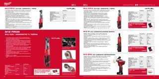 20 21
#MILWAUKEETOOL
M12 BPS-0 M12 BPS-421X
Kapacita aku (Ah) − 1 x 2.0 + 1 x 4.0
Počet dostupných akumulátorů 0 2
Nabíječka − 40 min
Počet otáček - 1.st. (ot./min) 0 - 2800 0 - 2800
Počet otáček - 2.st. (ot./min) 0 - 8300 0 - 8300
Průměr kotouče (mm) 76 76
Závit hřídele M9 x 0.75 M9 x 0.75
Hmotnost vč. aku (kg) − 1.0
Dodávaný v − Heavy Duty kufr
Obj.č. 4933447791 4933447802
M12 FIR12-0
Kapacita aku (Ah) −
Počet dostupných akumulátorů 0
Nabíječka −
Upínání nářadí 1
/2˝ čtyřhran
Max. moment (Nm) 81
Počet otáček bez zatížení (ot./min) 0 - 175
Délka (mm) 324
Hmotnost vč. aku (kg) 1.5
Dodávaný v −
Obj.č. 4933459800
M12 FIR14-0 M12 FIR14-201B
Kapacita aku (Ah) − 2.0
Počet dostupných akumulátorů 0 1
Nabíječka − 40 min
Upínání nářadí 1
/4˝ čtyřhran 1
/4˝ čtyřhran
Max. moment (Nm) 54 54
Počet otáček bez zatížení (ot./min) 0 - 250 0 - 250
Délka (mm) 291 291
Hmotnost vč. aku (kg) − 1.1
Dodávaný v − Taška
Obj.č. 4933459795 4933459796
M12 FIR38-0 M12 FIR38-201B
Kapacita aku (Ah) − 2.0
Počet dostupných akumulátorů 0 1
Nabíječka − 40 min
Upínání nářadí 3
/8˝ čtyřhran 3
/8˝ čtyřhran
Max. moment (Nm) 75 75
Počet otáček bez zatížení (ot./min) 0 - 200 0 - 200
Délka (mm) 307 307
Hmotnost vč. aku (kg) − 1.4
Dodávaný v − Taška
Obj.č. 4933459797 4933459798
M12 IR-201B 1/4 M12 IR-201B 3/8
Kapacita aku (Ah) 2.0 2.0
Počet dostupných akumulátorů 1 1
Nabíječka 40 min 40 min
Upínání nářadí 1
/4˝ čtyřhran 3
/8˝ čtyřhran
Max. moment (Nm) 40 47
Počet otáček bez zatížení (ot./min) 0 - 250 0 - 250
Délka (mm) 274 274
Hmotnost vč. aku (kg) 0.9 0.9
Dodávaný v Taška Taška
Obj.č. 4933451019 4933448110
M12 FIR12 | M12 FUEL™
KOMPAKTNÍ 1
/2˝ RÁČNA
ºº S maximálním točivým momentem 81 Nm a rychlostí 175 ot/min je tento
nástroj ideálním řešením na upevňování pro automobilové mechaniky a
profesionální opraváře
ºº Nízký profil hlavy umožňuje uživatelům přístup do úzkých prostorů
ºº V průmyslu vedoucí technologie FUEL™
v kombinaci ze zesíleným
mechanizmem a s investičním odléváním pouzder spojů poskytuje
nástrojům pro profesionální uživatele větší trvanlivost
ºº REDLINK PLUS™
inteligentní systém poskytuje nástrojům a bateriím
pokročilou ochranu proti přetížení a jedinečně zvyšuje výkon nástroje při
zatížení
ºº REDLITHIUM-ION™
bateriový blok nabízí vynikající konstrukci bloku,
elektroniku a provedení se stálou kvalitou, což zajišťuje delší dobu provozu
a více provedené práce po dobu životnosti bloku
ºº Kovový spínač s proměnnou rychlostí poskytuje maximální kontrolu nad
nástrojem
ºº Zastřikování pryží Premium, odolává korozním materiálům a poskytuje
uživateli zvýšený komfort
ºº LED osvětlení pracoviště. Indikátor energie zobrazuje zbývající čas provozu
ºº Napájeno z 3
/8˝ a 1
/4˝ adaptéru
ºº Flexibilní bateriový systém: pracuje se všemi bateriemi Milwaukee®
M12™
M12 FIR38
M12 FUEL™
KOMPAKTNÍ 3
/8˝ RÁČNA
ºº S maximálním točivým momentem 75 Nm a rychlostí 200 ot/min
je tento nástroj ideálním řešením na upevňování pro automobilové
mechaniky a profesionální opraváře
ºº Nízký profil hlavy umožňuje uživatelům přístup do úzkých prostorů
ºº V průmyslu vedoucí technologie FUEL™
v kombinaci ze zesíleným
mechanizmem a s investičním odléváním pouzder spojů poskytuje
nástrojům pro profesionální uživatele větší trvanlivost
ºº REDLINK PLUS™
inteligentní systém poskytuje nástrojům a bateriím
pokročilou ochranu proti přetížení a jedinečně zvyšuje výkon
nástroje při zatížení
ºº REDLITHIUM-ION™
bateriový blok nabízí vynikající konstrukci bloku,
elektroniku a provedení se stálou kvalitou, což zajišťuje delší dobu
provozu a více provedené práce po dobu životnosti bloku
ºº Kovový spínač s proměnnou rychlostí poskytuje maximální kontrolu
nad nástrojem
ºº Zastřikování pryží Premium, odolává korozním materiálům a
poskytuje uživateli zvýšený komfort
ºº LED osvětlení pracoviště. Indikátor energie zobrazuje zbývající čas
provozu
ºº Napájeno z 3
/8˝ a 1
/4˝ adaptéru
ºº Flexibilní bateriový systém: pracuje se všemi bateriemi Milwaukee®
M12™
Pneumatická ráčna s max. točivým
momentem až 75 Nm
Zapuštěný profil hlavy pro lepší přístup
do úzkých prostorů
12-TI KUSOVÁ SADA S OTOČNOU
HLAVICÍ 3/8”, ADAPTÉREM NA
BITY ¼” A S PRODLOUŽENÍM.
ROZMĚRY NÁSTAVCŮ: 10, 12, 13,
14, 15, 17, 18, 19 MM
Obj.č. 48229001
Technologie FUEL™
a investiční odlévání
pouzder spojů poskytuje nástrojům pro
profesionální uživatele větší trvanlivost
Vyobrazené příslušenství je pouze ilustrativní. Pro další technické specifikace včetně údajů o hlučnosti a vibracích navštivte naši webovou stránku: www.milwaukeetool.cz
WWW.MILWAUKEETOOL.CZ
M12 FIR14 | M12 FUEL™
KOMPAKTNÍ 1
/4˝ RÁČNA
ºº S maximálním točivým momentem 54 Nm a rychlostí 250 ot/min je tento
nástroj ideálním řešením na upevňování pro automobilové mechaniky a
profesionální opraváře
ºº Nízký profil hlavy umožňuje uživatelům přístup do úzkých prostorů
ºº V průmyslu vedoucí technologie FUEL™
v kombinaci ze zesíleným
mechanizmem a s investičním odléváním pouzder spojů poskytuje
nástrojům pro profesionální uživatele větší trvanlivost
ºº REDLINK PLUS™
inteligentní systém poskytuje nástrojům a bateriím
pokročilou ochranu proti přetížení a jedinečně zvyšuje výkon nástroje při
zatížení
ºº REDLITHIUM-ION™
bateriový blok nabízí vynikající konstrukci bloku,
elektroniku a provedení se stálou kvalitou, což zajišťuje delší dobu provozu
a více provedené práce po dobu životnosti bloku
ºº Kovový spínač s proměnnou rychlostí poskytuje maximální kontrolu nad
nástrojem
ºº Zastřikování pryží Premium, odolává korozním materiálům a poskytuje
uživateli zvýšený komfort
ºº LED osvětlení pracoviště. Indikátor energie zobrazuje zbývající čas provozu
ºº Napájeno z 3
/8˝ a 1
/2˝ adaptéru
ºº Flexibilní bateriový systém: pracuje se všemi bateriemi Milwaukee®
M12™
20 KS SHOCKWAVE IMPACT
DUTY™
1/4 “ SADA NÁSTRNÝCH
KLÍČŮ
Obj.č. 4932352862
M12 IR | M12™
KOMPAKTNÍ UTAHOVÁK RÁČNOVÝ
ºº Nejlepší v ohledu síly a rychosti, 47 Nm kr. moment a 250 ot./min
ºº REDLINK™
ochrana proti přetížení chrání nářadí i akumulátor před
extrémním namáháním
ºº Zesílená převodovka – poskytuje větší trvanlivost než ocelové vzduchové
utahováky
ºº Kompaktní – ideální pro práci v úzkých a v malých motorových prostorech
ºº Variabilní rychlost-kovový spínač-pro lepší kontrolu během práce
ºº Individuální řízení jednotlivých článků optimalizuje odběr při provozu nářadí
a prodlužuje životnost
ºº Ukazatel stavu nabití a LED světlo-pro pohodlí uživatele v nejasných
prostorách
ºº REDLITHIUM-ION™
akumulátor poskytuje až 2x delší doba chodu, až o
20% více síly, až 2x delší životnost aku, lepší provoz i při teplotě -20 °C ve
srovnání s ostatní technologie Li-Ion
ºº Flexibilní akumulátorový systém - provoz s každým akumulátorem
Milwaukee®
M12™ 20 KS SHOCKWAVE IMPACT
DUTY™
1/4 “ SADA NÁSTRNÝCH
KLÍČŮ
Obj.č. 4932352862
M12 BPS | M12™
KOMPAKTNÍ LEŠTIČKA/BRUSKA
ºº Variabilní volba dvou rychlostí (0-2800/0-8300 ot/min) pro leštění i broušení
ºº REDLINK™
ochrana proti přetížení chrání nářadí i akumulátor před
extrémním namáháním
ºº Velikost lešticí houby až 76 mm a brousicího polštářku až 50 mm pro
rychlý postup práce
ºº Dlouhá doba běhu umožňuje provedení mnoha úkolů na jedno nabití aku
ºº Kompaktní konstrukce o velikosti pouhých 130 mm umožňuje práci i v
těžko přístupných místech
ºº Zámek vřetena umožňuje rychlou výměnu příslušenství bez použití nástrojů
ºº Odnímatelná dvoupolohová postranní rukojeť
ºº Individuální řízení jednotlivých článků optimalizuje odběr při provozu nářadí
a prodlužuje životnost
ºº REDLITHIUM-ION™
akumulátor poskytuje až 2x delší doba chodu, až o
20% více síly, až 2x delší životnost aku, lepší provoz i při teplotě -20 °C ve
srovnání s ostatní technologie Li-Ion
ºº Flexibilní akumulátorový systém - provoz s každým akumulátorem
Milwaukee®
M12™
LEŠTÍCÍ POLŠTÁŘEK Z JEHNĚČÍ
VLNY - 1KS
Obj.č. 4932430838
Vyobrazené příslušenství je pouze ilustrativní. Pro další technické specifikace včetně údajů o hlučnosti a vibracích navštivte naši webovou stránku: www.milwaukeetool.cz
 