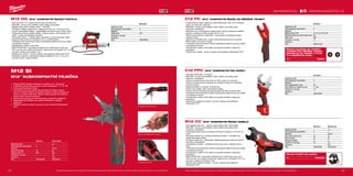 22 23
#MILWAUKEETOOL
C12 PPC-0
Kapacita aku (Ah) −
Počet dostupných akumulátorů 0
Nabíječka −
Max. kapacita řezání (mm) 50
Počet otáček bez zatížení (ot./min) 0 - 500
Hmotnost vč. aku (kg) 1.9
Dodávaný v −
Obj.č. 4933416550
M12 CC-0 M12 CC-21C
Kapacita aku (Ah) − 1.5
Počet dostupných akumulátorů 0 1
Nabíječka − 30 min
Max. průměr řezání (mm) 32 32
Řezná síla (kN) 32 32
Nastavení rychlosti 2 2
Hmotnost vč. aku (kg) 3.0 3.0
Dodávaný v − kufr
Obj.č. 4933431600 4933431610
M12 GG-0
Kapacita aku (Ah) −
Počet dostupných akumulátorů 0
Nabíječka −
Podtlak (bar) 562
Hmotnost vč. aku (kg) −
Dodávaný v −
Obj.č. 4933440435
C12 PC-0
Kapacita aku (Ah) −
Počet dostupných akumulátorů 0
Nabíječka −
Měděné trubky (mm) 12, 15, 18, 22, 25, 28
Minimální prostor pro řezání trubky (mm) 80
Délka (mm) 360
Hmotnost vč. aku (kg) 1.5
Dodávaný v −
Obj.č. 4933411920
M12 SI-0 M12 SI-201C
Kapacita aku (Ah) − 2.0
Počet dostupných akumulátorů 0 1
Nabíječka − 40 min
Výkon ohřívače (W) 90 90
Teplotní rozsah (°C) 400 400
Hmotnost vč. aku (kg) − 0.5
Dodávaný v − kufr
Obj.č. 4933459760 4933459761
M12 GG | M12™
KOMPAKTNÍ MAZACÍ PISTOLE
ºº Výkonný motor 12 V dodává provozní tlak přes 562 barů
ºº REDLINK™
ochrana proti přetížení chrání nářadí i akumulátor
ºº Nejdelší doba práce na jedno nabití - 7 kartridží
ºº Vynikající vyvážení a ergonomie - délka pouze 355 mm, hmotnost 3,2 kg
ºº Vzduch propouštějící klapka - nejdůležitější mechanismus pro rychlý proud
ºº Integrované místo na uložení hadičky, ramenní popruh, LED ukazatel míry
nabití - zvýšení uživatelského komfortu
ºº Tři způsoby plnění - z velkého balení, kartridže a vysátí schopného balení
ºº Kapacita maziva 400 ml v kartridži, 473 ml z velkého balení
ºº Individuální řízení jednotlivých článků optimalizuje odběr při provozu nářadí
a prodlužuje životnost
ºº Ukazatel stavu nabití a LED světlo
ºº REDLITHIUM-ION™
akumulátor poskytuje až 2x delší doba chodu, až o
20% více síly, až 2x delší životnost aku, lepší provoz i při teplotě -20 °C ve
srovnání s ostatní technologie Li-Ion
ºº Flexibilní aku systém - provoz s každým akumulátorem Milwaukee®
M12™
ºº Standardní vybavení: vysokotlaká ohebná hadička 914 mm x 14,4 mm s
pružným krytem, mazivové táhlo
M12 SI
M12™
SUBKOMPAKTNÍ PÁJEČKA
ºº Rychlé zahřátí, nástroj je připraven k použití za 20 - 30 sekund
ºº 3 zajištěné polohy hlavy pro práci ve více nastaveních - 0°, 45°, 90°
ºº Hroty vyměnitelné bez nářadí
ºº Led dioda dvou barev upozorňuje uživatele: Při blikání zelenou
barvou se nástroj zahřívá, při spojitém zeleném světle je připraven k
provozu, červené světlo svítí, když je nástroj vypnutý, ale špička je
horká, dokud červená nezhasne
ºº Monitorování teploty pro udržování tepla v náročných aplikacích
ºº Nejjasnější LED osvětlení pro zvýšení viditelnosti v pájecích
aplikacích
ºº Flexibilní bateriový systém: pracuje se všemi bateriemi Milwaukee®
M12™ 3 zajištěné polohy hlavy
Hroty vyměnitelné bez nářadí
Dvoubarevná LED
Vyobrazené příslušenství je pouze ilustrativní. Pro další technické specifikace včetně údajů o hlučnosti a vibracích navštivte naši webovou stránku: www.milwaukeetool.cz
WWW.MILWAUKEETOOL.CZ
C12 PC | M12™
KOMPAKTNÍ ŘEZÁK NA MĚDĚNÉ TRUBKY
ºº Vysokovýkonný řezák měděných trubek Milwaukee®
řeže 12 mm měděné
trubky za méně než 3 sekundy
ºº REDLINK™
ochrana proti přetížení chrání nářadí i akumulátor před
extrémním namáháním
ºº Mechanismus s automatickým zablokováním řeže již instalované měděné
potrubí s potřebou volného prostoru jen 37 mm
ºº Čelisti s automatickým nastavením – automaticky se přizpůsobí podle
velikosti trubky
ºº Celokovové utěsněné čelo – řezací hlava odolná proti korozi a rezavění
ºº Štíhlé madlo s povrchem softgrip
ºº Individuální řízení jednotlivých článků optimalizuje odběr při provozu nářadí
a prodlužuje životnost
ºº Ukazatel stavu nabití a LED světlo-pro pohodlí uživatele v nejasných
prostorách
ºº Flexibilní aku systém - provoz s každým akumulátorem Milwaukee®
M12™
ŘEZACÍ KOLEČKA NA TRUBKY.
VHODNÉ PRO MĚDĚNÉ TRUBKY.
NEHODÍ SE NA TRUBKY Z PLAS-
TU A NEREZOVÉ OCELI.
Obj.č. 48380010
C12 PPC | M12™
KOMPAKTNÍ PEX NŮŽKY
ºº Obrovský střižný tlak: 175 kg/cm²
ºº REDLINK™
ochrana proti přetížení chrání nářadí i akumulátor před
extémním namáháním
ºº Výkonný mechanismus: řeže až 50 mm PVC trubky za 3 sekundy
ºº Celokovová převodovka a převody pro největší trvanlivost a maximální
kroutící moment
ºº Regulace otáček ve vypínači, kontrola řezu
ºº Vysoce ostrý plátek, který nezanechává otřepy
ºº Vysoce účinný mechanismus poskytuje přes 200 řezů na jedno nabití
ºº Individuální řízení jednotlivých článků optimalizuje odběr při provozu nářadí
a prodlužuje životnost
ºº Ukazatel stavu nabití a LED světlo-pro pohodlí uživatele v nejasných
prostorách
ºº Flexibilní akumulátorový systém - provoz s každým akumulátorem
Milwaukee®
M12™
M12 CC | M12™
KOMPAKTNÍ ŘEZÁK KABELŮ
ºº Profi kapacita Ø32 mm – výkonný řezák snadno řeže i silné kabely
ºº REDLINK™
ochrana proti přetížení chrání nářadí i akumulátor před
extrémním namáháním
ºº Prodloužená doba chodu umožňuje až 60 řezů Cu kabelu 4 x 35 mm² na
nabití
ºº Kompaktní přední tvar umožňuje přestřihnout kabel i v rozvaděči bez
složité demontáže kabelů
ºº Vynikající kvalita řezu - Milwaukee®
nabízené geometrie nože jsou plochý,
okrouhlý a instalatérský
ºº Automatické uvolnění – umožňuje hned po řezu znovu nasadit a znovu
řezat
ºº Individuální řízení jednotlivých článků optimalizuje odběr při provozu nářadí
a prodlužuje životnost
ºº Ukazatel stavu nabití a LED světlo-pro pohodlí uživatele v nejasných
prostorách
ºº REDLITHIUM-ION™
akumulátor poskytuje až 2x delší doba chodu, až o
20% více síly, až 2x delší životnost aku, lepší provoz i při teplotě -20 °C ve
srovnání s ostatní technologie Li-Ion
ºº Flexibilní akumulátorový systém - provoz s každým akumulátorem
Milwaukee®
M12™
ČELISTI KLEŠTÍ NA KABELY
Obj.č. 4932430070
Vyobrazené příslušenství je pouze ilustrativní. Pro další technické specifikace včetně údajů o hlučnosti a vibracích navštivte naši webovou stránku: www.milwaukeetool.cz
 