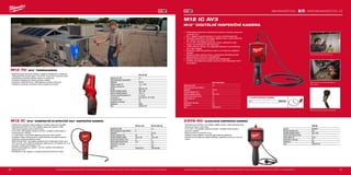 30 31
#MILWAUKEETOOL
M12 IC AV3-201C
Kapacita aku (Ah) 2.0
Počet dostupných akumulátorů 1
Nabíječka 40 min
Rozměry displeje (mm) 85
Rozlíšení displeje (pixely) 320 x 240
Průměr hlavy kamery (mm) 12
Délka kabelu (m) 2.7
Zoom 4x
Hmotnost vč. aku (kg) 0.7
Dodávaný v kufr
Obj.č. 4933451367
2309-60
Typ aku Výměnné
Rozměry displeje (mm) 65.8
Rozlíšení displeje (pixely) 320 x 240
Průměr hlavy kamery (mm) 9
Délka kabelu (m) 0.914
Hmotnost vč. aku (kg) 0.5
Dodávaný v kufr
Obj.č. 4933451526
M12 IC-0 (S) M12 IC-201C (S)
Kapacita aku (Ah) − 2.0
Počet dostupných akumulátorů 0 1
Nabíječka − 40 min
Rozměry displeje (mm) 68 68
Rozlíšení displeje (pixely) 320 x 240 320 x 240
Průměr hlavy kamery (mm) 9 9
Délka kabelu kamery (mm) 914 914
Hmotnost vč. aku (kg) − 0.6
Dodávaný v − kufr
Obj.č. 4933431615 4933441680
M12 TD-201
Kapacita aku (Ah) 2.0
Počet dostupných akumulátorů 1
Nabíječka 40 min
Teplotní rozsah (°C) -10 - +330
Základní presnost (%) ± 5
Displej Barevné LCD
Rozlíšení displeje (pixely) 320 x 240
Sensor resolution [pixels] 102 x 77
Thermal sensitivity [degrees C] 0.1 na 30
Zorné pole (°) 26.8 (Horiz) x 35.4 (Vert)
IP ochranné brýle 54
Hmotnost vč. aku (kg) 0.4
Dodávaný v Taška
Obj.č. 4933451387
M12 TD | M12™
TERMOKAMERA
ºº Bezkonkurenční zachycení detailů s tepelným detektorem s rozlišením
7800 pixelů Širší rozsah teplot (–40 až 330 °C) pro širší možnosti využití
Dvojité lasery ohraničují teplotní plochu na obrazovce
ºº Kompletní software pro snadnou analýzu záběrů
ºº Dodávána s 8GB SD kartou, USB kabelem a čtečkou SD karet
ºº Vybavena ochranným pryžovým krytem obrazovky a čočky
M12 IC | M12™
KOMPAKTNÍ M-SPECTOR 360™
INSPEKČNÍ KAMERA
ºº Obrazovka s možností rotace poskytne nerušený obraz pro uživatele
ºº Optimalizované 68,6 mm LCD: digitální zpracování obrazu a větší
obrazovka poskytuje ostrý a jasný obraz
ºº 9 mm 640 x 480 digitální obrazový snímač: vynikající kvalita obrazu v
téměř poloviční velikosti
ºº 4 x LED světlo: ve své třídě nejlepší jas bez stínu nebo oslnění
ºº Vylepšený kabel: hliníková hlava a lepší flexibilita pro bezkonkurenční
životnost a manévrovatelnost sondy
ºº REDLITHIUM-ION™
akumulátor poskytuje až 2x delší doba chodu, až o
20% více síly, až 2x delší životnost aku, lepší provoz i při teplotě -20 °C ve
srovnání s ostatní technologie Li-Ion
ºº Flexibilní akumulátorový systém - provoz s každým akumulátorem
Milwaukee®
M12™
ºº Příslušenství: hák, magnet, a zrcadlo pomáhají kontrolovat a řešit
Vyobrazené příslušenství je pouze ilustrativní. Pro další technické specifikace včetně údajů o hlučnosti a vibracích navštivte naši webovou stránku: www.milwaukeetool.cz
WWW.MILWAUKEETOOL.CZ
M12 IC AV3
M12™
DIGITÁLNÍ INSPEKČNÍ KAMERA
ºº Odnímatelná obrazovka, obrazovka lze vyjmout z konzoly a pracovat
v rozmezí 10 m
ºº M12™
digitální inspekční kamera, 4× zoom a otočná obrazovka
ºº Optimalizovaný 85mm LCD displej, digitální obraz a velká obrazovka
jsou zárukou pro jasný, ostrý obraz
ºº 12 mm 320 × 240 digitální obrazový snímač, výjimečná kvalita
obrazu na zdokonalené velké obrazovce
ºº 4 LED světla po obvodu, pro nejjasnější zobrazení ve své třídě bez
stínů nebo odlesků
ºº Dodávána s 8GB SD paměťovou kartou a 2,7metrovým digitálním
kabelem
ºº Vylepšený kabel, hliníková hlava a zdokonalená flexibilita přináší
bezkonkurenční odolnost a ovladatelnost
ºº Připojení kloubové hlavy k dispozici jako příslušenství
ºº Flexibilní akumulátorový systém, provoz se všemi Milwaukee®
M12™
akumulátory
Odnímatelný panel obrazovky
Větší obrazovka poskytuje jasný a
čistý obraz
1 M SPOJOVACÍ KABEL.
Obj.č. 48530155
Hliníková hlavice a lepší ohebnost
2309-60 | ALKALICKÁ INSPEKČNÍ KAMERA
ºº Optimalizovaný 65,8mm LCD displej, digitální obraz a velká obrazovka jsou
zárukou pro jasný, ostrý obraz
ºº 9 mm 320 × 240 digitální obrazový snímač, vynikající kvalita obrazu v
poloviční velikosti
ºº Nízká hmotnost: méně než 0,5 kg
ºº Ošetřena proti odleskům, zaručuje lepší čitelnost obrazovky
ºº Dodávána s 9V alkalickou baterií zajišťující nepřetržitý provoz po více než
hodinu
Vyobrazené příslušenství je pouze ilustrativní. Pro další technické specifikace včetně údajů o hlučnosti a vibracích navštivte naši webovou stránku: www.milwaukeetool.cz
 