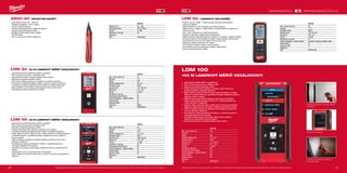 36 37
#MILWAUKEETOOL
LDM 100
Max. rozsah měření (m) 100
Přesnost ± 1
Displej LCD
Rozměry displeje (mm) 31.5 x 40
Klasifikace laseru třída 2
Rozměry (mm) 113 x 48 x 31
Rozsah (m) 0.15 - 100
Typ aku 2 x AAA
Hmotnost vč. aku (kg) 0.14
Automatické měření hladiny Ano
Funkce Pythagoras - nepřímé měření Ano
Snímač sklonu ano
Sledování výšky ano
Dodávaný v −
Obj.č. 4933459278
LDM 30
Max. rozsah měření (m) 30
Přesnost ± 2
Displej LCD
Rozměry displeje (mm) 25 x 25
Klasifikace laseru třída 2
Rozměry (mm) 101 x 38 x 28
Rozsah (m) 0.15 - 30
Typ aku 2 x AAA
Hmotnost vč. aku (kg) 0.1
Automatické měření hladiny Ne
Funkce Pythagoras - nepřímé měření ne
Snímač sklonu ne
Sledování výšky ne
Dodávaný v Blister
Obj.č. 4933459276
LDM 45
Max. rozsah měření (m) 45
Přesnost ± 1,5
Displej LCD
Rozměry displeje (mm) 31.5 x 40
Klasifikace laseru třída 2
Rozměry (mm) 105 x 48 x 24
Rozsah (m) 0.15 - 45
Typ aku 2 x AAA
Hmotnost vč. aku (kg) 0.11
Automatické měření hladiny Ne
Funkce Pythagoras - nepřímé měření ne
Snímač sklonu ne
Sledování výšky ne
Dodávaný v −
Obj.č. 4933459277
LDM 50
Max. rozsah měření (m) 50
Přesnost ± 1,5
Klasifikace laseru třída 2
Rozměry (mm) 119 x 40 x 32
Rozsah (m) 0.05 - 50
Typ aku 2 x AAA
Hmotnost vč. aku (kg) 0.1
Funkce Pythagoras - nepřímé měření 2-bodový, 3-bodový, částečná výška
Snímač sklonu ne
Sledování výšky ne
Dodávaný v −
Obj.č. 4933447700
2200-40
Napětí (AC) (V) 50 - 1000
Bezpečnostní třída CAT IV 1000 V
Typ aku 2 x AAA
Hmotnost vč. aku (kg) 0.4
Dodávaný v −
Obj.č. 4932352561
2200-40 | DETEKTOR NAPĚTÍ
ºº Velmi široký rozsah: 50 - 1000 AC
ºº Přepěťová kategorie: CAT IV 1000 V
ºº Tip pro kontrolu zásuvky
ºº Zelené světlo signalizuje že nářadí je zapnutý
ºº Hlasitý bzučák signalizuje napětí
ºº Blikající červené světlo indikují napětí
ºº On/Off spínač
ºº Klip na vrecká pro snadné skladování
LDM 30 | 30 M LASEROVÝ MĚŘIČ VZDÁLENOSTI
ºº Jednoduché použití bodového měření a zaměření
ºº IP54 ochrana proti prachu a stříkající vodě
ºº Automatické vypnutí a ukazatel nízkého stavu baterie
ºº Metrické a imperiální jednotky měření
ºº Velmi tenký design se sponou na opasek pro snadnou přepravu
ºº Dvě snadno ovladatelná tlačítka měření na přední a boční straně krytu
ºº Umožňuje uživateli provádět jednotlivá měření a průběžné sledování
ºº Velký tří řádkový LCD displej s automatickým bílým podsvícením
ºº Na displeji se zobrazují poslední tři měření
LDM 45 | 45 M LASEROVÝ MĚŘIČ VZDÁLENOSTI
ºº Jednoduché použití bodového měření a zaměření
ºº IP54 ochrana proti prachu a stříkající vodě
ºº Metrické a imperiální jednotky měření
ºº Snadno přístupná měřicí tlačítka na přední a boční straně
ºº Umožňuje uživateli provádět jednotná měření a průběžné sledování
ºº Nabízí několik různých měřicích funkcí, které uživatelům umožňují přidávat
a odebírat hodnoty, vypočítávat lineární vzdálenost, plochu, celkovou
plochu a objem
ºº Velký tří řádkový vícebarevný grafický displej s průměrem 50 mm pro
optimální viditelnost
ºº Na displeji se zobrazují poslední tři měření a v nabídce historie se
zobrazuje posledních 30 výpočtů
ºº Vestavěný dvoubodový automatický referenční kolík pro snadné rohové
měření
ºº Automatické vypnutí a ukazatel stavu nízké baterie
ºº Tenký design pro snadnou manipulaci a nylonové pouzdro pro bezpečnou
přepravu
Vyobrazené příslušenství je pouze ilustrativní. Pro další technické specifikace včetně údajů o hlučnosti a vibracích navštivte naši webovou stránku: www.milwaukeetool.cz
WWW.MILWAUKEETOOL.CZ
LDM 50 | LASEROVÝ DÁLKOMĚR
ºº Systém „zamiř a střílej” – měření provádí jen jedna osoba jedním
stisknutím tlačítka
ºº Štíhlá konstrukce, klip na opasek pro snadnú prepravu
ºº Měření plochy / objemu / nepřímé šířky a podaná žádost na patent pro
měření povrchu
ºº Min. / Max. průzkumné a průběžné sledování
ºº Přičítání a odečítání vzdálenosti při projektování
ºº Měření nepřímé výšky (Pythagoras: 2-bodový a 3-bodový, částečná výška)
ºº Rozměrný grafický LCD displej se 3 řádky s automatickým podsvícením
ºº Vysunovací koncový kus pro měření od hran nebo rohů
ºº Paměť pro uložení posledních 20 měření
ºº IP 54 odolní postříkání vodou a vniknutí prachu
ºº Automatické vypnutí a signalizace nízkého nabití baterie
ºº Pouze metrické jednotky měření
LDM 100
100 M LASEROVÝ MĚŘIČ VZDÁLENOSTI
ºº Jednoduché použití měření a zaměřování
ºº IP54 ochrana proti prachu a stříkající vodě
ºº Metrické a imperiální jednotky měření
ºº Snadno přístupná měřicí tlačítka na přední a boční straně pro
jednotná měření a průběžné sledování
ºº Nabízí několik různých měřicích funkcí, které uživatelům umožňují
přidávat a odebírat hodnoty, vypočítávat lineární vzdálenost, plochu,
celkovou plochu a objem
ºº Digitální funkce automatické kalibrace umožňuje automatické
měření, když měřidlo dosáhne hladiny (0 °), zvyšuje přesnost při
měření dlouhých vzdáleností
ºº Snadné měření nepřímé výšky a délky pomocí funkce automatické
kalibrace zvyšuje pohodlí uživatelů v obtížně dostupných místech
ºº Velký tří řádkový vícebarevný grafický LCD displej s průměrem 50
mm pro optimální viditelnost
ºº Na displeji se zobrazují poslední tři měření a v nabídce historie se
zobrazuje posledních 30 výpočtů
ºº Vestavěný sklopný kolík pro snadné měření rohů a okrajů a
třípolohová automatická možnost měření
ºº Automatické vypnutí a ukazatel nízkého stavu baterie
Jednoduché použití bodového měření
a zaměření
Funkce auto kalibrace
3 polohy automatického měření a
vysunovací kolík
Vyobrazené příslušenství je pouze ilustrativní. Pro další technické specifikace včetně údajů o hlučnosti a vibracích navštivte naši webovou stránku: www.milwaukeetool.cz
 