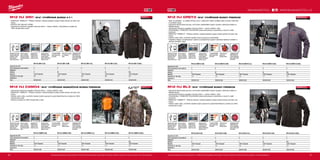 40 41
hr.hr.
hr.hr.
hr.hr.
hr.hr.
QUIETSHELL
STRETCH POLYESTER
#MILWAUKEETOOL
M12 HJ BL3-0 (S) M12 HJ BL3-0 (M) M12 HJ BL3-0 (L) M12 HJ BL3-0 (XL) M12 HJ BL3-0 (2XL)
Kapacita aku (Ah) − − − − −
Počet dostupných akumulátorů 0 0 0 0 0
Nabíječka − − − − −
Velikost S M L XL XXL
Materiál 100% Polyester 100% Polyester 100% Polyester 100% Polyester 100% Polyester
Hmotnost vč. aku (kg) 1.5 1.5 1.6 1.7 1.8
Dodávaný v − − − − −
Obj.č. 4933451586 4933451587 4933451588 4933451589 4933451590
M12 HJ GREY3-0 (S) M12 HJ GREY3-0 (M) M12 HJ GREY3-0 (L) M12 HJ GREY3-0 (XL) M12 HJ GREY3-0 (2XL)
Kapacita aku (Ah) − − − − −
Počet dostupných akumulátorů 0 0 0 0 0
Nabíječka − − − − −
Velikost S M L XL XXL
Materiál 100% Polyester 100% Polyester 100% Polyester 100% Polyester 100% Polyester
Hmotnost vč. aku (kg) 1.5 1.5 1.6 1.7 1.8
Dodávaný v − − − − −
Obj.č. 4933451591 4933451592 4933451593 4933451594 4933451595
M12 HJ CAMO4-0 (S) M12 HJ CAMO4-0 (M) M12 HJ CAMO4-0 (L) M12 HJ CAMO4-0 (XL) M12 HJ CAMO4-0 (2XL)
Kapacita aku (Ah) − − − − −
Počet dostupných akumulátorů 0 0 0 0 0
Nabíječka − − − − −
Velikost S M L XL XXL
Materiál 100% Polyester 100% Polyester 100% Polyester 100% Polyester 100% Polyester
Hmotnost vč. aku (kg) 1.3 1.3 1.4 1.4 1.5
Dodávaný v − − − − −
Obj.č. 4933451596 4933451597 4933451598 4933451599 4933451600
M12 HJ 3IN1-0 (S) M12 HJ 3IN1-0 (M) M12 HJ 3IN1-0 (L) M12 HJ 3IN1-0 (XL) M12 HJ 3IN1-0 (2XL)
Kapacita aku (Ah) − − − − −
Počet dostupných akumulátorů 0 0 0 0 0
Nabíječka − − − − −
Velikost S M L XL XXL
Materiál 100% Polyester 100% Polyester 100% Polyester 100% Polyester 100% Polyester
Hmotnost vč. aku (kg) 2.4 2.4 2.6 2.8 2.9
Dodávaný v − − − − −
Obj.č. 4933451621 4933451622 4933451623 4933451624 4933451625
M12 HJ 3IN1 | M12™
VYHŘÍVANÁ BUNDA 3 V 1
ºº FREEFLEX™
MOBILITY - Přidaný materiál v oblasti podpaží zvyšuje rozsah pohybu při práci nad
hlavou
ºº KOVOVÝ ZIP ODOLNÝ OTĚRU
ºº Jednoduchý dotykový regulátor intenzity ohřevu - vysoký, středný, nízkyVšechny modely lze
100% strojně prát a sušit
VYJÍMEČNĚ DLOUHÁ
DOBA PROVOZU:až
8 hodin nepřetržitého
topení na jedno nabití
akumulátoru
TOPNÉ ZÓNY:3 topných
zón z uhlíkových
vláken
3 STUPŇĚVYHŘÍVÁNÍ:
vysoký,středný,nízky
pro komfort
ODOLNOST PROTI
VĚTRU/VODĚ:Vnitřní
bouřková klapka a
tepelné vnitřní obložení
pleteným rounem
BEZPEČNÉ MYTÍ/
SUŠENÍ:Všechny
modely lze 100%
strojně mýt a sušit
IZOLACE:Zlepšená
izolace minimalizuje
hmotnost a současně
maximalizuje tepelnou
izolaci
NABÍJEČKA USB:Nabíjí
přenosné elektronické
spotřebiče a měrka
paliva zobrazuje
zbývající dobu provozu
M12 HJ CAMO4 | M12™
VYHŘÍVANÁ MASKÁČOVÁ BUNDA PREMIUM
ºº Jednoduchý dotykový regulátor intenzity ohřevu - vysoký, středný, nízky
ºº FREEFLEX™
MOBILITY - Přidaný materiál v oblasti podpaží zvyšuje rozsah pohybu při práci nad
hlavou
ºº Odolná vodě a větru, komfortní bariéra tvrdým pracovním podmínkámVšechny modely lze 100%
strojně prát a sušit
ºº Všechny modely lze 100% strojně prát a sušit
VYJÍMEČNĚ DLOUHÁ
DOBA PROVOZU:až
8 hodin nepřetržitého
topení na jedno nabití
akumulátoru
TOPNÉ ZÓNY:pět
topných zón z
uhlíkových vláken
NABÍJEČKA USB:Nabíjí
přenosné elektronické
spotřebiče a měrka
paliva zobrazuje
zbývající dobu provozu
IZOLACE:Zlepšená
izolace minimalizuje
hmotnost a současně
maximalizuje tepelnou
izolaci
BEZPEČNÉ MYTÍ/
SUŠENÍ:Všechny
modely lze 100%
strojně mýt a sušit
3 STUPŇĚVYHŘÍVÁNÍ:
vysoký,středný,nízky
pro komfort
ODOLNOST PROTI
VĚTRU/VODĚ:Vnitřní
bouřková klapka a
tepelné vnitřní obložení
pleteným rounem
WWW.MILWAUKEETOOL.CZ
M12 HJ GREY3 | M12™
VYHŘÍVANÉ BUNDY PREMIUM
ºº Teplo na požádání - 5x obšité ohřívací zóny z uhlíkových vláken rozdělují teplo na hlavní části těla
a na přední kapsy
ºº Vyjímečně dlouhá doba provozu: až 8 hodin nepřetržitého topení na jedno nabití akumulátoru a
štíhlejší design
ºº Jednoduchý dotykový regulátor intenzity ohřevu - vysoký, středný, nízky
ºº TOUGHSHELL* STREČOVÝ POLYESTER Ustojí drsné pracovní podmínky a má až 3× delší
životností
ºº FREEFLEX™
MOBILITY - Přidaný materiál v oblasti podpaží zvyšuje rozsah pohybu při práci nad
hlavou
ºº Odolná vodě a větru, komfortní bariéra tvrdým pracovním podmínkám
ºº Vylepšený design s prodlouženým zadním a nastavitelným pasem zabraňuje tepelným ztrátám a
udržuje uživatele v teple
VYJÍMEČNĚ DLOUHÁ
DOBA PROVOZU:až
8 hodin nepřetržitého
topení na jedno nabití
akumulátoru
TOPNÉ ZÓNY:pět
topných zón z
uhlíkových vláken
3 STUPŇĚVYHŘÍVÁNÍ:
vysoký,středný,nízky
pro komfort
ODOLNOST PROTI
VĚTRU/VODĚ:Vnitřní
bouřková klapka a
tepelné vnitřní obložení
pleteným rounem
NABÍJEČKA USB:Nabíjí
přenosné elektronické
spotřebiče a měrka
paliva zobrazuje
zbývající dobu provozu
IZOLACE:Zlepšená
izolace minimalizuje
hmotnost a současně
maximalizuje tepelnou
izolaci
BEZPEČNÉ MYTÍ/
SUŠENÍ:Všechny
modely lze 100%
strojně mýt a sušit
M12 HJ BL3 | M12™
VYHŘÍVANÉ BUNDY PREMIUM
ºº Vyjímečně dlouhá doba provozu: až 8 hodin nepřetržitého topení na jedno nabití akumulátoru a
štíhlejší design
ºº Jednoduchý dotykový regulátor intenzity ohřevu - vysoký, středný, nízky
ºº TOUGHSHELL* STREČOVÝ POLYESTER Ustojí drsné pracovní podmínky a má až 3× delší
životností
ºº FREEFLEX™
MOBILITY - Přidaný materiál v oblasti podpaží zvyšuje rozsah pohybu při práci nad
hlavou
ºº Odolná vodě a větru, komfortní bariéra tvrdým pracovním podmínkámVšechny modely lze 100%
strojně prát a sušit
VYJÍMEČNĚ DLOUHÁ
DOBA PROVOZU:až
8 hodin nepřetržitého
topení na jedno nabití
akumulátoru
TOPNÉ ZÓNY:pět
topných zón z
uhlíkových vláken
NABÍJEČKA USB:Nabíjí
přenosné elektronické
spotřebiče a měrka
paliva zobrazuje
zbývající dobu provozu
3 STUPŇĚVYHŘÍVÁNÍ:
vysoký,středný,nízky
pro komfort
ODOLNOST PROTI
VĚTRU/VODĚ:Vnitřní
bouřková klapka a
tepelné vnitřní obložení
pleteným rounem
BEZPEČNÉ MYTÍ/
SUŠENÍ:Všechny
modely lze 100%
strojně mýt a sušit
IZOLACE:Zlepšená
izolace minimalizuje
hmotnost a současně
maximalizuje tepelnou
izolaci
Vyobrazené příslušenství je pouze ilustrativní. Pro další technické specifikace včetně údajů o hlučnosti a vibracích navštivte naši webovou stránku: www.milwaukeetool.cz Vyobrazené příslušenství je pouze ilustrativní. Pro další technické specifikace včetně údajů o hlučnosti a vibracích navštivte naši webovou stránku: www.milwaukeetool.cz
 