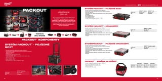 48 49
#MILWAUKEETOOL
Brašna 25cm Brašna 40cm Brašna 50cm
Rozměry (mm) 250 x 280 x 320 250 x 400 x 320 250 x 500 x 320
No. of pockets 28 31 32
Obj.č. 4932464084 4932464085 4932464086
PACKOUT™ - kompaktní organizér
Rozměry (mm) 250 x 380 x 120
Obj.č. 4932464083
PACKOUT™ - organizér
Rozměry (mm) 500 x 380 x 120
Obj.č. 4932464082
PACKOUT™ pojízdný box
Rozměry (mm) 560 x 410 x 480
Nosnost (kg) 113
Obj.č. 4932464078
PACKOUT™- velký box PACKOUT™ - box
Rozměry (mm) 560 x 410 x 290 560 x 410 x 170
Obj.č. 4932464079 4932464080
SYSTÉM PACKOUT™
- POJÍZDNÉ
BOXY
ºº Součást modulárního skladovacího systému PACKOUT™
.
ºº Konstruováno z nárazuvzdorného polymeru pro dlouhou trvanlivost
pracovních vlastností.
ºº Kapacita 113 kg.
ºº Prodlužovací rukojeť průmyslové třídy.
ºº 9 kola do každého terénu.
ºº Třída ochrany IP65 - těsnění proti povětrnostním vlivům, dešti a
pracovním nečistotám.
ºº Kovem zesílené rohy.
ºº Kovem zesílené uzavírání.
ºº Vnitřní organizér s boxy.
ºº Montážní místo pro jednotku ONE-KEY ™
TICK ™
.
9“ kola do každého terénuKovem zesílené uzavíráníKapacita 113 kg
WWW.MILWAUKEETOOL.CZ
SYSTÉM PACKOUT™
- POJÍZDNÉ BOXY
ºº Součást modulárního skladovacího systému PACKOUT™
.
ºº Konstruováno z nárazuvzdorného polymeru pro dlouhou trvanlivost
pracovních vlastností.
ºº Třída ochrany IP65 - těsnění proti povětrnostním vlivům, dešti a pracovním
nečistotám.
ºº Kovem zesílené rohy.
ºº Kovem zesílené uzavírání.
ºº Vnitřní organizér s boxy.
ºº Montážní místo pro jednotku ONE-KEY ™
TICK ™
.
SYSTÉM PACKOUT™
- ORGANIZÉRY
ºº Součást modulárního skladovacího systému PACKOUT™
.
ºº Konstruováno z nárazuvzdorného polymeru pro dlouhou trvanlivost
pracovních vlastností.
ºº Vnitřek je tvořen 10 vyjímatelnými koši, které lze pro snadný přístup
namontovat do běžných pracovních materiálů.
ºº Třída ochrany IP65 - těsnění proti povětrnostním vlivům, dešti a pracovním
nečistotám.
ºº Nepohyblivé koše jsou utěsněny, aby zabránily posunu mezi koši při
transportu.
SYSTÉMPACKOUT™
- POJÍZDNÉ ORGANIZÉRY
ºº Součást modulárního skladovacího systému PACKOUT™
.
ºº Konstruováno z nárazuvzdorného polymeru pro dlouhou trvanlivost
pracovních vlastností.
ºº Vnitřek je tvořen 5 vyjímatelnými koši, které lze pro snadný přístup
namontovat do běžných pracovních materiálů.
ºº Třída ochrany IP65 - těsnění proti povětrnostním vlivům, dešti a pracovním
nečistotám.
ºº Nepohyblivé koše jsou utěsněny, aby zabránily posunu mezi koši při
transportu.
PACKOUT™
- BRAŠNA NA NÁŘADÍ
ºº Součást modulárního skladovacího systému PACKOUT™
.
ºº Konstrukce z balistického materiálu 1680.
ºº Nárazuvzdorná základna se zastřikováním.
ºº Celokovové hardware.
ºº Trvanlivá zastřikovaná rukojeť.
POSTAV SI
SVŮJ SYSTÉM
PACKOUT 
™
KOMPONENTY
UNIVERZÁLNÍ.
ODOLNÝ.
Nový modulární úložný systém Milwaukee®
PACKOUT™
umožňuje snazší transpot,
organizaci a skladování nářadí. Navrženo tak,
aby poskytovalo uživatelům možnost výměny
a spojení širokého sortimentu heavy duty
boxů, organizérů a kufrů pro skladování v
různém uspořádání.
 