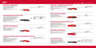 50 51
#MILWAUKEETOOL
Bezpečnostní řezačka
Obj.č. 48221916
Fastback™ kompaktní otáčecí nůž
Obj.č. 48221906
FASTBACK™ zvírací nůž se zásobní na čepele
Obj.č. 48221903
Zavírací nůž FASTBACK™
Obj.č. 48229901
Fastback zavírací nůž
Obj.č. 48221990
Snap knife 9mm Snap knife 18mm Snap knife 25mm
Šířka plátku (mm) 9 18 25
Počet bodů ostří 13 8 7
Obj.č. 48221960 48221961 48221962
Self - Retracting Safety Knife
Obj.č. 48221915
Utility knife
Obj.č. 48221910
Nekompromisní zavírací nůž
hladký
Nekompromisní zavírací nůž
zoubkovaný
Typ nože Hladký Zoubkovaný
Obj.č. 48221994 48221998
FASTBACK ZAVÍRACÍ NŮŽ
ºº Stiskněte a převraťte operaci, což umožňuje jednoruční otevírání.
ºº Čepel z nerezové oceli kterou lze znovu naostřit
ºº Hrot umožňuje řízené propíchnutí a plynulé řezání.
ºº Vložka zámku zajišťuje čepel v otevřené poloze.
ºº Díra na šňůrku
ºº Drátěná spona na opasek pro rychlý přístup bez roztřepení kapsy.
ºº Kompaktní velikost pro nošení v kapse.
NEKOMPROMISNÍ SKLÁDACÍ NOŽE
ºº Premium D2 čepel z oceli zajišťuje lepší odolnost proti korozi. Vysoká
pevnost a odolnost proti opotřebení, zůstane ostrý delší dobu
ºº Hladký / zoubkované ostří 75 mm a zapichovací hrot. Ideální pro trhání
průhledného materiálu a špičkou umožňuje řízené propichnutí.
ºº Obrátěný otvor s ložiskem: lze otevřít pouze s 2 rukami.
ºº Otevření ocelový rám zámku zajišťuje čepel v otevřené poloze.
ºº Sklená nylonová rukojeť s nerezovou ocelí.
ºº Vložka zámku zajišťuje čepel v otevřené poloze.
ºº Díra na šňůrku
ºº Oboustranná spona na opasek umožňuje použití pravou nebo levou rukou
ZAVÍRACÍ NŮŽ FASTBACK™
ºº Otevření jednou rukou: uživatel může otevřít nůž jednou rukou, snadná
aktivace
ºº Integrovaný hák: umožňuje udělat řez bez otevření nože
ºº Výměnný plátek: výměna je velmi rychlá
ºº Odizoluje vodič, není třeba další nástroj
ºº Tenký design: nástroj se pohodlně vejde do kapsy
ºº Klip na opasek: snedné uložení nože
FASTBACK™
ZAVÍRACÍ NŮŽ SE ZÁSOBNÍKEM NA ČEPELE
ºº Otvírání čepele jednou rukou
ºº Integrovaný otvor na čepeli. Umožňuje uživatelům provádět řezy při
zasunutém plátku
ºº Výměna plátků bez použití nářadí. Úspora času při výměně
ºº Odstraňovač drátu. Eliminuje potřebu hledat další nástroj v tašce
ºº Tenký design. Nástroj je snadno uschovatelný v kapse
ºº Klip na opasek pro jednoduché přenášení
ºº Možnost uložení 4 plátků navíc
ºº Uzamykání 45 ° pro snadný přístup do těsných prostorů
WWW.MILWAUKEETOOL.CZ
FASTBACK™
KOMPAKTNÍ ZAVÍRACÍ NŮŽ
ºº Stisknutím a otočením otevírání jednou rukou získáte rychlý přístup k noži
ºº Výměna nožů bez použití nářadí umožňuje uživateli rychle a snadnovyměnit
novou čepel
ºº Kompaktní, lehký design umožňuje snadné přenášení v kapse uživatele
ºº Klip na opasek pro jednoduché přenášení
ºº Dírka na šňůrku
ºº Standardní plátky
NŮŽ S VÝSUVNÝM OSTŘÍM
ºº Nůž se aktivuje vysunutím ostří - snižuje risiko náhodného poranění
ºº Odizoluje vodič, není třeba další nástroj
ºº Výměnný plátek - výměna je velmi rychlá
ºº Uložení plátků - magnetický držák na 5 ks plátků
ºº Heavy Duty: celokovové tělo s gumovým potahem, vyšší komfort, ruka
neklouže
SAMOZATAHOVACÍ BEZPEČNOSTNÍ NŮŽ
ºº Samozatahovací mechanismus: zatáhne ostří po uvolnění tlačítka
ºº Dvě polohy ostří umožňují kontrolovat hloubku řezu
ºº Zásobník ostří uvnitř rukojeti může obsahovat až 5 ostří
ºº Výměna ostří bez nástrojů: šetří čas při výměně nástrojů. Mechanismus
odšroubovatelný palcem umožňuje výměnu ostří rychle a bez jakýchkoli
nástrojů
ºº Heavy Duty: trvanlivé celokovové tělo
ºº Loupač drátů: Odstraňuje nutnost hledat v tašce další nástroj. Seřízne drát
do Ø 5 mm²
BEZPEČNOSTNÍ ŘEZAČKA
ºº Snížuje možnost zranění díky zapuštěnému ostří a tím zabraňuje kontaktu
s prsty.
ºº Snížuje možnost poškození zboží v krabicích nebo v balíku.
ºº Konstrukce s duálním hákem vydrží dvakrát tak dlouho, jak jednotlivé
řezačky.
ODLAMOVACÍ NOŽE
ºº Kovový zámek* pro maximální trvanlivost a delší životnost
ºº Zámek s rychlozávitem*, který umožní rychlejší seřízení ostří
ºº Automatický kluzný zámek** pro rychlejší seřízení ostří
ºº Odlamovací přihrádková objímka** odlamuje segmenty ostří
ºº Tvarovaná rukojeť zajišťuje neklouzavý úchop a je odolná proti acetonu
ºº Mikrokarbidové ostří pro delší životnost, zvýšenou ostrost a čistý řez
ºº * 18 mm/25 mm odlamovací nože
ºº **9 mm odlamovací nože
 