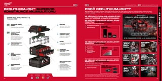 58 59
=
#MILWAUKEETOOL WWW.MILWAUKEETOOL.CZ
VYDRŽÍ DÉLE, MYSLÍ RYCHLEJI 
PRACUJE VÍCE*
REDLITHIUM-ION™ SUPERIOR
KONSTRUKCE AKUMULÁTORU
ELEKTRONIKAVODA NÁRAZTEPLOTA
UKAZATEL STAVU
NABITÍ
Zobrazuje zbývající dobu chodu
PATENTOVANÁ
REDLINK™
INTELIGENCE
Chrání akumulátor při
přetížení, poskytuje optimální
výkon a monitoruje články
pro maximální životnost
PROTINÁRAZOVÉ
SEPARÁTORY
Zabraňuje vibracím při pádu
RÁM
JEDNOTLIVÝCH
ČLÁNKŮ
Kryt plně chrání články
a díky silné struktuře pro
maximální odolnost
POGUMOVANÝ
KRYT
Chrání články a akumulátor
pří pádech a poskytuje
maximální životnost
KRYTKA
Zabraňuje vniknutí vody do
akumulátoru přes zámky
ZÁBRANA PROTI
VNIKNUTÍ VODY
Odvádí vodu z elektroniky
a celého akumulátoru
PLÁŠŤ
Chrání elektroniku proti vodě
a kondenzaci
RÁMEČEK
KONTROLUJÍCÍ
TEPLOTU
Poskytuje silnou strukturu
a efektivně přenáší energii
pro maximální životnost
REDLITHIUM-ION™
ČLÁNKY
Poskytuje vynikající
konstrukci akumulátoru,
elektroniku a neustálý výkon,
který dodává delší dobu
chodu a více práce po dobu
životnosti akumulátoru
NE VŠECHNY LITHIUM-ION AKUMULÁTORY
POSKYTUJÍ DELŠÍ DOBU CHODU*
VÝHODY DOBY CHODU REDLITHIUM-ION™
VÍCE VYKONANÉ PRÁCE NA JEDNO NABITÍ
UŠETŘÍTE ČAS KAŽDÝ DEN
NE VŠECHNY LITHIUM-ION AKUMULÁTORY
POSKYTUJ VĚTŠÍ VÝKON*
VÝHODY DOBY CHODU REDLITHIUM-ION™
VĚTŠÍ OTÁČKY
VYŠŠÍ RYCHLOST
VÍCE ODVEDENÉ
PRÁCE V ETRÉMNÍCH
PODMÍNKÁCH
NE VŠECHNY LITHIUM-ION AKUMULÁTORY
POSKYTUJÍ DELŠÍ ŽIVOTNOST*
VÝHODY ŽIVOTNOSTI REDLITHIUM-ION™
NAHRAZUJÍ MÉNĚ AKUMULÁTORŮ
PRODUKUJÍ VÍCE VÝKONU
Dokončete více práce než se standardními lithium-ion nebo NiCd akumulátory po celou
dobu životnosti každého akumulátoru REDLITHIUM-ION™
. To znamená menší počet
nákupu akumulátorů a více odvedené práce s M12™
nebo M18™
akumulátorovým nářadím.
PROČ REDLITHIUM-ION™?
REDLITHIUM-ION™
akumulátory vydrží déle, myslí rychleji a pracují mnohem více.* Naše exkluzivní sjednocení chemického složení, designu akumulátorů
a obvodů se spojují do vynikajícího výkonu v těch nejtěžších podmínkách. Akumulátory REDLITHIUM-ION™
dodávají delší dobu chodu a to po celou dobu
životnosti akumulátoru.
NE VŠECHNY LITHIUM-ION AKUMULÁTORY
JSOU VYTVOŘENÉ STEJNÝM ZPŮSOBEM*
.
Množstvípráce(W)
Kroutící moment (Nm)
Standardní
aku Lithium
VĚTŠÍ
VÝKON
MILWAUKEE®
DELŠÍ ŽIVOTNOST
AKUMULÁTORU
DELŠÍ
DOBA CHODU
Standardní
aku Lithium
VYSOCE ŽÁDANÝCH 9.0 Ah
ZÍSKEJTE VÍCE ODVEDENÉ PRÁCE
ROVNOCENNÝ S
AŽ 5X STANDARDNÍM LITHIUM 3,0 AH AKUMULÁTOREM
NAŘEŽTE AŽ
357+
ŘEZŮ
DO 2X4
BOROVICE
BRUSTE
DÉLE JAK
20MINUT
NAŘEŽTE AŽ
15065 MM
ŘEZŮ
DO 2X4
BOROVICE
NAŘEŽTE AŽ
300+
ŘEZŮ
38X39 MM
DŘEVA
NAŘEŽTE AŽ
96+
ŘEZŮ
DO 2X12
SVIŤTE
CELÝDEN
* V porovnání s předchozí technologií Milwaukee®
akumulátorů. Výsledky závisí na napětí, nářadí a aplikaci.
 