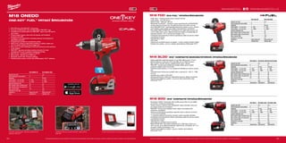 64 65
#MILWAUKEETOOL
M18 ONEDD-0X M18 ONEDD-502X
Kapacita aku (Ah) − 5.0
Počet dostupných akumulátorů 0 2
Nabíječka − 59 min
Počet otáček - 1.st. (ot./min) 0 - 550 0 - 550
Počet otáček - 2.st. (ot./min) 0 - 2000 0 - 2000
Kapacita sklíčidla (mm) 13 13
Max. průměr vrtání do dřeva (mm) 45 45
Max. průměr vrtání do oceli (mm) 13 13
Max. moment (Nm) 135 135
Hmotnost vč. aku (kg) − 2.5
Dodávaný v Heavy Duty kufr Heavy Duty kufr
Obj.č. 4933451911 4933451149
M18 BDD-0 M18 BDD-202C M18 BDD-402C
Kapacita aku (Ah) − 2.0 4.0
Počet dostupných akumulátorů 0 2 2
Nabíječka − 40 min 80 min
Počet otáček - 1.st. (ot./min) 0 - 450 0 - 450 0 - 450
Počet otáček - 2.st. (ot./min) 0 - 1800 0 - 1800 0 - 1800
Kapacita sklíčidla (mm) 13 13 13
Max. průměr vrtání do dřeva (mm) 38 38 38
Max. průměr vrtání do oceli (mm) 13 13 13
Max. moment (Nm) 50 50 60
Hmotnost vč. aku (kg) − 1.8 2.0
Dodávaný v − kufr kufr
Obj.č. 4933443530 4933443555 4933443565
M18 BLDD-0 M18 BLDD-202C M18 BLDD-502C
Kapacita aku (Ah) − 2.0 5.0
Počet dostupných akumulátorů 0 2 2
Nabíječka − 40 min 100 min
Počet otáček - 1.st. (ot./min) 0 - 450 0 - 450 0 - 450
Počet otáček - 2.st. (ot./min) 0 - 1800 0 - 1800 0 - 1800
Kapacita sklíčidla (mm) 13 13 13
Max. průměr vrtání do dřeva (mm) 38 38 38
Max. průměr vrtání do oceli (mm) 13 13 13
Max. moment (Nm) 60 50 60
Hmotnost vč. aku (kg) − 1.7 2.0
Dodávaný v − kufr kufr
Obj.č. 4933448440 4933448441 4933448458
M18 FDD-0X M18 FDD-502X
Kapacita aku (Ah) − 5.0
Počet dostupných akumulátorů 0 2
Nabíječka − 59 min
Počet otáček - 1.st. (ot./min) 0 - 550 0 - 550
Počet otáček - 2.st. (ot./min) 0 - 2000 0 - 2000
Kapacita sklíčidla (mm) 13 13
Max. průměr vrtání do dřeva (mm) 45 45
Max. průměr vrtání do oceli (mm) 13 13
Max. moment (Nm) 135 135
Hmotnost vč. aku (kg) − 2.5
Dodávaný v Heavy Duty kufr Heavy Duty kufr
Obj.č. 4933451445 4933451064
M18 FDD | M18 FUEL™
VRTAČKA/ŠROUBOVÁK
ºº Vyšší výkon – bezkonkurenční točivý moment 135 Nm
ºº Vyšší otáčky – až 2 000 ot/min
ºº Menší rozměr – délka jen 190 mm
ºº Milwaukee®
je autorem i výrobcem motorů bezuhlíkového POWERSTATE™
motora, který byl vytvořen pro 10x delší životnost a až o 60% více síly
ºº Nový REDLINK PLUS™
nejmodernější eletkronický systém na trhu, ochrana
proti přetížení chrání nářadí i akumulátor před extrémním namáháním
ºº Akumulátor REDLITHIUM-ION™
umožňuje až 2,5× delší dobu provozu, až
o 20 % větší výkon a až 2× delší životnost akumulátoru a funguje lépe při
teplotách blízkých −20 °C než jiné technologie Li-Ion
ºº Individuální řízení jednotlivých článků optimalizuje odběr při provozu nářadí
a prodlužuje životnost
ºº Ukazatel stavu nabití
ºº LED světlo
ºº Celokovová reverzibilní spona na opasek - rychlé a snadné zavěšení nářadí
ºº Flexibilní aku systém - provoz s každým akumulátorem Milwaukee®
M18™
M18 BLDD | M18™
KOMPAKTNÍ BEZKOMUTÁTOROVÁ VRTAČKA/ŠROUBOVÁK
ºº Nejkompaktnější vrtačka/šroubovák ve své třídě, délka pouze 174 mm
ºº Bezkomutátorový motor až o 50% účinnější, až s 2x delší životností
ºº Max. kroutící moment: 60 Nm, nejlepší poměr výkon: velikost
ºº REDLINK™
ochrana proti přetížení je součástí nářadí, spolu s baterií
poskytuje nejlepší výdrž ve své třídě
ºº Celokovová převodovka a 13 mm celokovové sklíčidlo pro rychlou výměnu
bitů
ºº Optimalizovaná rychlost pro rychlejší vrtání a upevnění (0 - 450 / 0 - 1800
ot./min)
ºº Ukazatel stavu nabití a LED světlo
ºº Kontrola jednotlivých článků pro optimalizaci provozu nářadí a trvanlivost
ºº Flexibilní akumulátorový systém - provoz se všemi akumulátory řady
Milwaukee®
M18™
Vyobrazené příslušenství je pouze ilustrativní. Pro další technické specifikace včetně údajů o hlučnosti a vibracích navštivte naši webovou stránku: www.milwaukeetool.cz
WWW.MILWAUKEETOOL.CZ
M18 BDD | M18™
KOMPAKTNÍ VRTAČKA/ŠROUBOVÁK
ºº Kompaktní vrtačka / šroubovák měří na délku pouze 185 mm a je ideální
pro použití v omezených prostorech
ºº Vysoce výkonný 4-pólový motor Milwaukee®
nabízí maximální výkon tím,
že zvyšuje poměr sily a hmotnosti
ºº REDLINK™
ochrana proti přetížení chrání nářadí i akumulátor před
extrémním namáháním
ºº Celokovová převodovka poskytuje maximální výkon a dlouhou životnost
ºº 13 mm kovové sklíčidlo
ºº 17 stupňové nastavení kroutícího momentu nabízí maximální flexibilitu
ºº Individuální řízení jednotlivých článků optimalizuje odběr při provozu nářadí
a prodlužuje životnost
ºº Ukazatel stavu nabití
ºº LED světlo pro osvětlení pracovní plochu
ºº REDLITHIUM-ION™
akumulátor poskytuje až 2x delší doba chodu, až o
20% více síly, až 2x delší životnost aku, lepší provoz i při teplotě -20 °C ve
srovnání s ostatní technologie Li-Ion
ºº Flexibilní akumulátorový systém - provoz s každým akumulátorem
Milwaukee®
M18™
Vyobrazené příslušenství je pouze ilustrativní. Pro další technické specifikace včetně údajů o hlučnosti a vibracích navštivte naši webovou stránku: www.milwaukeetool.cz
M18 ONEDD
ONE-KEY™
FUEL™
VRTACÍ ŠROUBOVÁK
ºº M18 FDD but with ONE-KEY™
technology
ºº Connect via Bluetooth®
with the Milwaukee®
ONE-KEY™
app
ºº Complete tool customisation via ONE-KEY™
app to tune the tool to
your needs
ºº Control speed, torque, start and end speeds, anti-kickback
functions and LED
ºº Configure to any application choosing optimum tool settings for
repeatable precision
ºº Program/save profiles for unmatched control
ºº Select from a range of application profiles or quickly create your
own for perfect results on every trigger pull
ºº Save up to 4 custom settings to the tools memory for fast selection
on the jobsite
ºº ONE-KEY™
app also provides inventory function for total
management of your complete tool/equipment fleet
ºº More power - unmatched torque of 135 Nm
ºº More speed - delivers up to 2000 rpm
ºº Electronic clutch with 13 torque settings
ºº Flexible battery system: works with all Milwaukee®
M18™
batteries
Kompletní přizpůsobení nástroje prostřednictvím
aplikace ONE-KEY™
Ukládejte profily pro použití konkrétní opakovatelné
přesnosti
Funkce inventarizace pro celkovou správu sortimentu
 