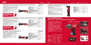 66 67
#MILWAUKEETOOL
M18 ONEFHIWF34-0X M18 ONEFHIWF34-502X
Kapacita aku (Ah) − 5.0
Počet dostupných akumulátorů 0 2
Nabíječka − 59 min
Počet otáček bez zatížení (ot./min)
0-800/0-1300/0-1800/0-
1800
0-800/0-1300/0-1800/0-
1800
Počet úderů (ú./min)
0-850/0-1850/0-2400/0-
2400
0-850/0-1850/0-2400/0-
2400
Upínání nářadí 3
/4˝ čtyřhran 3
/4˝ čtyřhran
Max. utahovací moment (Nm) 1627 1627
Moment rázu matic (Nm) 2034 2034
Hmotnost vč. aku (kg) − 3.5
Dodávaný v Heavy Duty kufr Heavy Duty kufr
Obj.č. 4933459729 4933459730
C18 RAD-0
Kapacita aku (Ah) −
Počet dostupných akumulátorů 0
Nabíječka −
Počet otáček bez zatížení (ot./min) 0 - 1500
Kapacita sklíčidla (mm) 10
Max. moment (Nm) 20
Max. průměr vrtání do dřeva (mm) 28
Max. průměr vrtání do oceli (mm) 10
Hmotnost vč. aku (kg) 1.9
Dodávaný v −
Obj.č. 4933427189
M18 CRAD-0
Kapacita aku (Ah) −
Počet dostupných akumulátorů 0
Nabíječka −
Počet otáček bez zatížení (ot./min) 0 - 1200
Kapacita sklíčidla (mm) 13
Max. kapacita vrtání do dřeva- hadovitý vrták (mm) 26
Max. kapacita vrtání do dřeva-samořezný vrták (mm) 51
Max. kapacita vrtání do dřeva-kruhová pilka (mm) 102
Max. průměr vrtání do oceli (mm) 8
Hmotnost vč. aku (kg) 4.1
Dodávaný v −
Obj.č. 4933447730
M18 FRADH-0
Kapacita aku (Ah) −
Počet dostupných akumulátorů 0
Nabíječka −
Počet otáček - 1.st. (ot./min) 0 - 350
Počet otáček - 2.st. (ot./min) 0 - 950
Upínání nářadí 7/16˝ Hex
Max. kapacita vrtání do dřeva- hadovitý vrták (mm) 40
Max. kapacita vrtání do dřeva-samořezný vrták (mm) 117
Max. kapacita vrtání do dřeva-kruhová pilka (mm) 152
Max. průměr vrtání do oceli (mm) 13
Hmotnost vč. aku (kg) 6.2
Dodávaný v −
Obj.č. 4933451290
M18 FRAD-0
Kapacita aku (Ah) −
Počet dostupných akumulátorů 0
Nabíječka −
Počet otáček - 1.st. (ot./min) 0 - 350
Počet otáček - 2.st. (ot./min) 0 - 950
Kapacita sklíčidla (mm) 13
Max. kapacita vrtání do dřeva- hadovitý vrták (mm) 40
Max. kapacita vrtání do dřeva-samořezný vrták (mm) 117
Max. kapacita vrtání do dřeva-kruhová pilka (mm) 152
Max. průměr vrtání do oceli (mm) 13
Hmotnost vč. aku (kg) 6.4
Dodávaný v −
Obj.č. 4933451289
M18 FRAD | M18 FUEL™
SUPER HAWG®
2-RYCHLOSTNÍ PRAVOÚHLÝ VRTACÍ ŠROUBOVÁK
ºº Bezuhlíkový motor POWERSTATE™
zajišťuje konstantní výkon při zatížení
pro vrtání 152mm otvorů
ºº Nový REDLINK PLUS™
nejmodernější elektronický systém na trhu, ochrana
proti přetížení chrání nářadí i akumulátor před extrémním namáháním
ºº REDLITHIUM-ION™
akumulátor poskytuje až 2,5x delší doba chodu, až o
20% více síly, až 2x delší životnost aku, lepší provoz i při teplotě -20 °C ve
srovnání s ostatní technologie Li-Ion
ºº Mimořádně dlouhá doba chodu, zvládne až 75 otvorů se spirálovým
vrtákem 65 mm do dřeva
ºº Mechanická spojka chrání nástroj v případě zastavení
ºº Celokovová skříň převodovky a 13mm sklíčidlo s ozubeným věncem pro
vysokou odolnost
ºº Ukazatel stavu nabití a LED světlo
BIG HAWG™
ŘEZAČKA: 54, 65,
92 MM. KORUNKA S PILOTNÍM
VRTÁKEM, 2X DALŠÍ PILOTNÍCH
VRTÁK, DIAMANTEM VYSTLÁNO,
IMBUSOVÝ KLÍČ
Obj.č. 49569075
M18 FRADH | M18 FUEL™
SUPER HAWG®
2-RYCHLOSTNÍ PRAVOÚHLÝ VRTACÍ ŠROUBOVÁK S QUIK-LOK™
ºº Bezuhlíkový motor POWERSTATE™
zajišťuje konstantní výkon při zatížení
pro vrtání 152mm otvorů
ºº Nový REDLINK PLUS™
nejmodernější elektronický systém na trhu, ochrana
proti přetížení chrání nářadí i akumulátor před extrémním namáháním
ºº REDLITHIUM-ION™
akumulátor poskytuje až 2,5x delší doba chodu, až o
20% více síly, až 2x delší životnost aku, lepší provoz i při teplotě -20 °C ve
srovnání s ostatní technologie Li-Ion
ºº Mimořádně dlouhá doba chodu, zvládne až 75 otvorů se spirálovým
vrtákem 65 mm do dřeva
ºº Mechanická spojka chrání nástroj v případě zastavení
ºº Celokovová skříň převodovky a sklíčidlo 7/16˝ Quick Lock™
pro vysokou
odolnost
ºº Ukazatel stavu nabití a LED světlo
SWITCHBLADE™
SAMOŘEZNÉ
VRTÁKY 5 KS SET. : Ø 35 /
38 / 54 / 65 MM, QUIK-LOK
PRODLOUŽENÍ 140 MM DÉLKA
Obj.č. 49225100
M18 CRAD | M18 FUEL™
PRAVOÚHLÁ VRTAČKA
ºº Má výkon jaké síťové nářadí rychlost 1200 ot./min. při vrtání do dřeva
ºº Milwaukee®
je autorem konstrukce i výrobcem motorů bez uhlíků
POWERSTATE™
- až 10-krát delší životnost motoru, až 25% více síly
ºº REDLINK PLUS™
nejmodernější elektronický systém na trhu, ochrana proti
přetížení chrání nářadí i akumulátor před extrémním namáháním
ºº Celokovová převodovka a 13 mm sklíčidlo
ºº Extrémně dlouhá doba provozu, až 150 otvorů, s 22 mm vrtákovou
korunkou při vrtání do dřeva 50 x 100 mm
ºº Až o 10% lehčí a menší než špičkové konkurenční síťové nářadí
ºº Ukazatel stavu nabití a LED světlo
ºº Flexibilní akumulátorový systém - provoz s každým akumulátorem
Milwaukee®
M18™
Vyobrazené příslušenství je pouze ilustrativní. Pro další technické specifikace včetně údajů o hlučnosti a vibracích navštivte naši webovou stránku: www.milwaukeetool.cz
WWW.MILWAUKEETOOL.CZ
C18 RAD | M18™
KOMPAKTNÍ PRAVOÚHLÁ VRTAČKA
ºº Optimalizovaný výkon: 1500 otáček za minutu na 20 Nm
ºº REDLINK™
ochrana proti přetížení chrání nářadí i akumulátor před
extrémním namáháním
ºº Vysoké otácky pro univerzální použití
ºº 10 mm jednodílné sklíčidlo poskytuje maximální všestrannost
ºº 100 mm kompaktní hlava navržená tak, aby se náradí vešlo i do nejuzších
míst
ºº Rukojet může být stavitelná do různých poloh pro maximální pohodlí
ºº 10 + 1 stupeň elektronické spojky umožnuje úplnou kontrolu přesnosti
utažení
ºº Individuální řízení jednotlivých článků optimalizuje odběr při provozu nářadí
a prodlužuje životnost
ºº Ukazatel stavu nabití
ºº Zabudované LED světlo osvětluje pracovní plochu
ºº REDLITHIUM-ION™
akumulátor poskytuje až 2x delší doba chodu, až o
20% více síly, až 2x delší životnost aku, lepší provoz i při teplotě -20 °C ve
srovnání s ostatní technologie Li-Ion
ºº Flexibilní aku systém - provoz s každým akumulátorem Milwaukee®
M18™
M18 ONEFHIWF34
ONE-KEY™
FUEL™ 3
/4˝ RÁZOVÝ UTAHOVÁK S POJISTNÝM KROUŽKEM
ºº M18 FUEL ™
rázový šroubovák s vysokým točivým momentem
a technologií ONE-KEY™
má utahovací moment 1627 Nm v
kompaktním rozměru 213 mm, který poskytuje lepší přístup do
těsných prostorů
ºº 4 režimový systém DRIVE CONTROL ™
umožňuje použít čtyři
různá nastavení otáček a točivého momentu, a tak maximalizovat
všestrannost aplikace
ºº V režimu 4 pro odstranění šroubů se uvolní matice točivým
momentem 1898 Nm, potom se přejde na otáčky 750 ot/min -
bezkonkurenční proces pro odstraňování spojovacích prvků
ºº Integrovaný senzor načítající rázy zvyšuje konsistenci
opakovatelnosti nastavení vybraného točivého momentu
ºº Aplikace ONE-KEY™
pro kontrolu nástrojů umožňuje bezdrátově
přizpůsobení nástrojů zákazníkům pro zvýšení produktivity a pro
konsistentní výsledky
ºº Monitorovací a zabezpečovací nástroj ONE-KEY ™
je vybaven na
cloudu založenou platformou pro správu inventáře, která podporuje
sledování nástrojů a prevenci krádeží
ºº
3
/4˝ třecí kroužek
ºº Flexibilní bateriový systém: pracuje se všemi bateriemi Milwaukee®
M18™
Kompletní přizpůsobení nástrojů přáním
zákazníkům pomocí aplikace ONE-KEY™
Uložne profily pro aplikaci specifického
opakování přesnosti
Funkční inventarizace celé správy
nástrojů
Vyobrazené příslušenství je pouze ilustrativní. Pro další technické specifikace včetně údajů o hlučnosti a vibracích navštivte naši webovou stránku: www.milwaukeetool.cz
 