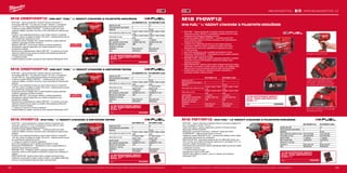 68 69
#MILWAUKEETOOL
M18 FHIWP12-0X M18 FHIWP12-502X
Kapacita aku (Ah) − 5.0
Počet dostupných akumulátorů 0 2
Nabíječka − 59 min
Počet otáček bez zatížení (ot./min)
0-950/0-1500/0-1800/0-
1800
0-950/0-1500/0-1800/0-
1800
Počet úderů (ú./min)
0-1150/0-2100/0-
2400/0-2400
0-1150/0-2100/0-
2400/0-2400
Upínání nářadí 1
/2˝ čtyřhran 1
/2˝ čtyřhran
Max. utahovací moment (Nm) 190/400/1017/1017 190/400/1017/1017
Moment rázu matic (Nm) 1491 1491
Hmotnost vč. aku (kg) − 3.2
Dodávaný v Heavy Duty kufr Heavy Duty kufr
Obj.č. 4933459692 4933459693
M18 FHIWF12-0X M18 FHIWF12-502X
Kapacita aku (Ah) − 5.0
Počet dostupných akumulátorů 0 2
Nabíječka − 59 min
Počet otáček bez zatížení (ot./min)
0-550/0-1400/0-1750/0-
1750
0-550/0-1400/0-1750/0-
1750
Počet úderů (ú./min)
0-950/0-1750/0-2100/0-
2100
0-950/0-1750/0-2100/0-
2100
Upínání nářadí 1
/2˝ čtyřhran 1
/2˝ čtyřhran
Max. utahovací moment (Nm) 130/400/1356/1356 130/400/1356/1356
Moment rázu matic (Nm) 1898 1898
Hmotnost vč. aku (kg) − 3.3
Dodávaný v Heavy Duty kufr Heavy Duty kufr
Obj.č. 4933459695 4933459696
M18 ONEFHIWP12-0X M18 ONEFHIWP12-502X
Kapacita aku (Ah) − 5.0
Počet dostupných akumulátorů 0 2
Nabíječka − 59 min
Počet otáček bez zatížení (ot./min)
0-950/0-1500/0-1800/0-
1800
0-950/0-1500/0-1800/0-
1800
Počet úderů (ú./min)
0-1150/0-2100/0-
2400/0-2400
0-1150/0-2100/0-
2400/0-2400
Upínání nářadí 1
/2˝ čtyřhran 1
/2˝ čtyřhran
Max. utahovací moment (Nm) 190/400/1017/1017 190/400/1017/1017
Moment rázu matic (Nm) 1491 1491
Hmotnost vč. aku (kg) − 3.2
Dodávaný v Heavy Duty kufr Heavy Duty kufr
Obj.č. 4933459724 4933459725
M18 ONEFHIWF12-0X M18 ONEFHIWF12-502X
Kapacita aku (Ah) − 5.0
Počet dostupných akumulátorů 0 2
Nabíječka − 59 min
Počet otáček bez zatížení (ot./min)
0-550/0-1400/0-1750/0-
1750
0-550/0-1400/0-1750/0-
1750
Počet úderů (ú./min)
0-950/0-1750/0-2100/0-
2100
0-950/0-1750/0-2100/0-
2100
Upínání nářadí 1
/2˝ čtyřhran 1
/2˝ čtyřhran
Max. utahovací moment (Nm) 130/400/1356/1356 130/400/1356/1356
Moment rázu matic (Nm) 1898 1898
Hmotnost vč. aku (kg) − 3.3
Dodávaný v Heavy Duty kufr Heavy Duty kufr
Obj.č. 4933459726 4933459727
M18 FMTIWF12-0X M18 FMTIWF12-502X
Kapacita aku (Ah) − 5.0
Počet dostupných akumulátorů 0 2
Nabíječka − 59 min
Počet otáček bez zatížení (ot./min) 510/2100/2400 510/2100/2400
Počet úderů (ú./min) 420/2700/3000 420/2700/3000
Upínání nářadí 1
/2˝ čtyřhran 1
/2˝ čtyřhran
Max. moment (Nm) 130/550/610 130/550/610
Hmotnost vč. aku (kg) − 2.4
Dodávaný v Heavy Duty kufr Heavy Duty kufr
Obj.č. 4933459189 4933459185
M18 ONEFHIWF12 | ONE-KEY™
FUEL™ 1
/2˝ RÁZOVÝ UTAHOVÁK S POJISTNÝM KROUŽKEM
ºº M18 FUEL ™
rázový šroubovák s vysokým točivým momentem s
technologií ONE-KEY™
má utahovací moment 1356 Nm v kompaktním
rozměru 213 mm, který poskytuje lepší přístup do těsných prostorů
ºº 4 režimový systém DRIVE CONTROL ™
umožňuje použít čtyři různá
nastavení otáček a točivého momentu, a tak maximalizovat všestrannost
aplikace
ºº V režimu 4 pro odstranění šroubů se uvolní matice točivým momentem
1898 Nm, potom se přejde na otáčky 750 ot/min - bezkonkurenční proces
pro odstraňování spojovacích prvků
ºº Integrovaný senzor načítající rázy zvyšuje konsistenci opakovatelnosti
nastavení vybraného točivého momentu
ºº Aplikace ONE-KEY™
pro kontrolu nástrojů umožňuje bezdrátově
přizpůsobení nástrojů zákazníkům pro zvýšení produktivity a pro
konsistentní výsledky
ºº Monitorovací a zabezpečovací nástroj ONE-KEY ™
je vybaven na cloudu
založenou platformou pro správu inventáře, která podporuje sledování
nástrojů a prevenci krádeží
ºº 1
/2˝ pojistný kroužek
ºº Flexibilní bateriový systém: pracuje se všemi bateriemi Milwaukee®
M18™
10 KS SHOCKWAVE IMPACT
DUTY™
SADA NÁSTRČNÝCH
KLÍČŮ 1
/2”
Obj.č. 4932352861
M18 ONEFHIWP12 | ONE-KEY™
FUEL™ 1
/2˝ RÁZOVÝ UTAHOVÁK S ARETAČNÍM ČEPEM
ºº M18 FUEL ™
rázový šroubovák s vysokým točivým momentem s
technologií ONE-KEY™
má utahovací moment 1017 Nm v kompaktním
rozměru 206 mm, který poskytuje lepší přístup do těsných prostorů
ºº 4 režimový systém DRIVE CONTROL ™
umožňuje použít čtyři různá
nastavení otáček a točivého momentu, a tak maximalizovat všestrannost
aplikace
ºº V režimu 4 pro odstranění šroubů se uvolní matice točivým momentem
1491 Nm, potom se přejde na otáčky 750 ot/min - bezkonkurenční proces
pro odstraňování spojovacích prvků
ºº Integrovaný senzor načítající rázy zvyšuje konsistenci opakovatelnosti
nastavení vybraného točivého momentu
ºº Aplikace ONE-KEY™
pro kontrolu nástrojů umožňuje bezdrátově
přizpůsobení nástrojů zákazníkům pro zvýšení produktivity a pro
konsistentní výsledky
ºº Monitorovací a zabezpečovací nástroj ONE-KEY ™
je vybaven na cloudu
založenou platformou pro správu inventáře, která podporuje sledování
nástrojů a prevenci krádeží
ºº 1
/2˝ dorazy pro maximum ochrany podstavce
ºº Flexibilní bateriový systém: pracuje se všemi bateriemi Milwaukee®
M18™
10 KS SHOCKWAVE IMPACT
DUTY™
SADA NÁSTRČNÝCH
KLÍČŮ 1
/2”
Obj.č. 4932352861
M18 FHIWP12 | M18 FUEL™ 1
/2˝ RÁZOVÝ UTAHOVÁK S ARETAČNÍM ČEPEM
ºº M18 FUEL ™
rázový šroubovák s vysokým točivým momentem má
utahovací moment 1017 Nm v kompaktním rozměru 206 mm, který
poskytuje lepší přístup do těsných prostorů
ºº 4 režimový systém DRIVE CONTROL ™
umožňuje použít čtyři různá
nastavení otáček a točivého momentu a tak maximalizovat všestrannost
aplikace
ºº V režimu 4 pro odstranění šroubů se uvolní matice točivým momentem
1491 Nm, potom se přejde na otáčky 750 ot/min - bezkonkurenční proces
pro odstraňování spojovacích prvků
ºº 1
/2˝ dorazy pro maximum ochrany podstavce
ºº Nové LED osvětlení je o 40 % jasnější než předchozí model
ºº Milwaukee®
POWERSTATE™
- bezkartáčový motor zvyšuje efektivitu a
životnost. Dává maximum energie
ºº REDLINK PLUS™
inteligentní systém poskytuje nástrojům a bateriím
pokročilou ochranu proti přetížení a jedinečně zvyšuje výkon nástroje při
zatížení
ºº REDLITHIUM-ION™
bateriový blok nabízí vynikající konstrukci bloku,
elektroniku a provedení se stále vysokou kvalitou, což zajišťuje delší dobu
provozu a více provedené práce po dobu životnosti bloku
10 KS SHOCKWAVE IMPACT
DUTY™
SADA NÁSTRČNÝCH
KLÍČŮ 1
/2”
Obj.č. 4932352861
Vyobrazené příslušenství je pouze ilustrativní. Pro další technické specifikace včetně údajů o hlučnosti a vibracích navštivte naši webovou stránku: www.milwaukeetool.cz
WWW.MILWAUKEETOOL.CZ
M18 FHIWF12
M18 FUEL™ 1
/2˝ RÁZOVÝ UTAHOVÁK S POJISTNÝM KROUŽKEM
ºº M18 FUEL ™
rázový šroubovák s vysokým točivým momentem má
utahovací moment 1356 Nm v kompaktním rozměru 213 mm, který
poskytuje lepší přístup do těsných prostorů
ºº 4 režimový systém DRIVE CONTROL ™
umožňuje použít čtyři
různá nastavení otáček a točivého momentu a tak maximalizovat
všestrannost aplikace
ºº V režimu 4 pro odstranění šroubů se uvolní matice točivým
momentem 1898 Nm, potom se přejde na otáčky 750 ot/min -
bezkonkurenční proces pro odstraňování spojovacích prvků
ºº
1
/2˝ třecí kroužek
ºº Nové LED osvětlení je o 40 % jasnější než předchozí model
ºº Milwaukee®
POWERSTATE™
- bezkartáčový motor zvyšuje efektivitu
a životnost. Dává maximum energie
ºº REDLINK PLUS™
inteligentní systém poskytuje nástrojům a bateriím
pokročilou ochranu proti přetížení a jedinečně zvyšuje výkon
nástroje při zatížení
ºº REDLITHIUM-ION™
bateriový blok nabízí vynikající konstrukci bloku,
elektroniku a provedení se stále vysokou kvalitou, což zajišťuje delší
dobu provozu a více provedené práce po dobu životnosti bloku
ºº Zastřikování pryží Premium odolává korozním materiálům a
poskytuje uživateli zvýšený komfort
Kompaktní velikost 213 mm
V režimu 4 pro odstranění šroubů se
uvolní matice maximálním točivým
momentem - bezkonkurenční proces
pro odstraňování spojovacích prvků
10 KS SHOCKWAVE IMPACT
DUTY™
SADA NÁSTRČNÝCH
KLÍČŮ 1
/2”
Obj.č. 4932352861
Nové LED osvětlení je o 40 % jasnější
než předchozí model
M18 FMTIWF12 | M18 FUEL™
1/2˝ RÁZOVÝ UTAHOVÁK S POJISTNÝM KROUŽKEM
ºº M18 FUEL ™
rázový utahovák se středním tořivým momentem dodává 610
Nm v kompaktním rozměru 170 mm
ºº Výběr mezi režimy s různým nastavením rychlosti i momentu pomocí
Milwaukee®
DRIVE CONTROL™
ºº Milwaukee®
je autorem konstrukce i výrobcem motorů bez uhlíků
POWERSTATE™
- delší životnost motoru a více síly
ºº Inteligentní systém REDLINK PLUS™
- ochrana proti přetížení chrání nářadí
i akumulátor před extrémním namáháním
ºº REDLITHIUM-ION™
akumulátor poskytuje až 2,5x delší doba chodu, až o
20% více síly, až 2x delší životnost aku, lepší provoz i při teplotě -20 °C ve
srovnání s ostatní technologie Li-Ion
ºº Individuální řízení jednotlivých článků optimalizuje odběr při provozu nářadí
a prodlužuje životnost
ºº 1
/2˝ čtyřhran pojistný kroužek
ºº Ukazatel stavu nabití a LED světlo
ºº Flexibilní akumulátorový systém - provoz s každým akumulátorem
Milwaukee®
M18™
10 KS SHOCKWAVE IMPACT
DUTY™
SADA NÁSTRČNÝCH
KLÍČŮ 1
/2”
Obj.č. 4932352861
Vyobrazené příslušenství je pouze ilustrativní. Pro další technické specifikace včetně údajů o hlučnosti a vibracích navštivte naši webovou stránku: www.milwaukeetool.cz
 