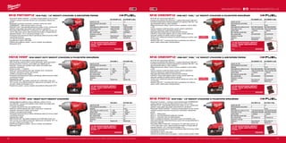 70 71
#MILWAUKEETOOL
M18 FIWF12-0X M18 FIWF12-502X
Kapacita aku (Ah) − 5.0
Počet dostupných akumulátorů 0 2
Nabíječka − 59 min
Počet otáček bez zatížení (ot./min) 1700/2000/2500/2000 1700/2000/2500/2000
Počet úderů (ú./min) 2400/2600/3100/2600 2400/2600/3100/2600
Upínání nářadí 1
/2˝ čtyřhran 1
/2˝ čtyřhran
Max. utahovací moment (Nm) 300 300
Max. moment (Nm) 40/120/300/120 40/120/300/120
Hmotnost vč. aku (kg) − 1.8
Dodávaný v Heavy Duty kufr Heavy Duty kufr
Obj.č. 4933451448 4933451071
M18 ONEIWP12-0X M18 ONEIWP12-502X
Kapacita aku (Ah) − 5.0
Počet dostupných akumulátorů 0 2
Nabíječka − 59 min
Počet otáček bez zatížení (ot./min) 900/1400/1900/2500 900/1400/1900/2500
Počet úderů (ú./min) 1300/2100/2550/3200 1300/2100/2550/3200
Upínání nářadí 1
/2˝ čtyřhran 1
/2˝ čtyřhran
Max. utahovací moment (Nm) 300 300
Max. moment (Nm) 40/120/220/300 40/120/220/300
Hmotnost vč. aku (kg) − 1.8
Dodávaný v Heavy Duty kufr Heavy Duty kufr
Obj.č. 4933459197 4933451372
M18 ONEIWF12-0X M18 ONEIWF12-502X
Kapacita aku (Ah) − 5.0
Počet dostupných akumulátorů 0 2
Nabíječka − 59 min
Počet otáček bez zatížení (ot./min) 900/1400/1900/2500 900/1400/1900/2500
Počet úderů (ú./min) 1300/2100/2550/3200 1300/2100/2550/3200
Upínání nářadí 1
/2˝ čtyřhran 1
/2˝ čtyřhran
Max. utahovací moment (Nm) 300 300
Max. moment (Nm) 40/120/220/300 40/120/220/300
Hmotnost vč. aku (kg) − 1.8
Dodávaný v Heavy Duty kufr Heavy Duty kufr
Obj.č. 4933459198 4933451374
HD18 HIW-0 HD18 HIW-402C
Kapacita aku (Ah) − 4.0
Počet dostupných akumulátorů 0 2
Nabíječka − 80 min
Počet otáček bez zatížení (ot./min) 0 - 1900 0 - 1900
Upínání nářadí 1
/2˝ čtyřhran 1
/2˝ čtyřhran
Počet úderů (ú./min) 0 - 2200 0 - 2200
Max. moment (Nm) 610 610
Hmotnost vč. aku (kg) − 3.0
Dodávaný v − kufr
Obj.č. 4933416195 4933441260
HD18 HIWF-0 HD18 HIWF-402C
Kapacita aku (Ah) − 4.0
Počet dostupných akumulátorů 0 2
Nabíječka − 80 min
Počet otáček bez zatížení (ot./min) 0 - 1900 0 - 1900
Upínání nářadí 1
/2˝ čtyřhran 1
/2˝ čtyřhran
Počet úderů (ú./min) 0 - 2200 0 - 2200
Max. moment (Nm) 610 610
Hmotnost vč. aku (kg) − 3.0
Dodávaný v − kufr
Obj.č. 4933441794 4933441789
M18 FMTIWP12-0X M18 FMTIWP12-502X
Kapacita aku (Ah) − 5.0
Počet dostupných akumulátorů 0 2
Nabíječka − 59 min
Počet otáček bez zatížení (ot./min) 1700/2100/2400 1700/2100/2400
Počet úderů (ú./min) 2300/2700/3000 2300/2700/3000
Upínání nářadí 1
/2˝ čtyřhran 1
/2˝ čtyřhran
Max. moment (Nm) 430/550/610 430/550/610
Hmotnost vč. aku (kg) − 2.4
Dodávaný v Heavy Duty kufr Heavy Duty kufr
Obj.č. 4933459188 4933459183
M18 FMTIWP12 | M18 FUEL™
1/2˝ RÁZOVÝ UTAHOVÁK S ARETAČNÍM ČEPEM
ºº Milwaukee®
DRIVE CONTROL™
umožňuje uživateli přepnot do čtyř různých
nastavení rychlosti a točivého momentu pro maximalizaci všestranního
použití
ºº Milwaukee®
je autorem konstrukce i výrobcem motorů bez uhlíků
POWERSTATE™
- delší životnost motoru a více síly
ºº REDLINK PLUS™
nejmodernější elektronický systém na trhu, ochrana proti
přetížení chrání nářadí i akumulátor před extrémním namáháním
ºº Akumulátor REDLITHIUM-ION™
umožňuje až 2,5× delší dobu provozu, až
o 20 % větší výkon a až 2× delší životnost akumulátoru a funguje lépe při
teplotách blízkých −20 °C než jiné technologie Li-Ion
ºº Individuální řízení jednotlivých článků optimalizuje odběr při provozu nářadí
a prodlužuje životnost
ºº 1/2˝ čep se čtvercovou západkou
ºº Ukazatel stavu nabití a LED světlo
ºº Flexibilní akumulátorový systém - provoz s každým akumulátorem
Milwaukee®
M18™
10 KS SHOCKWAVE IMPACT
DUTY™
SADA NÁSTRČNÝCH
KLÍČŮ 1
/2”
Obj.č. 4932352861
HD18 HIWF | M18 HEAVY DUTY RÁZOVÝ UTAHOVÁK S POJISTNÝM KROUŽKEM
ºº Nejvýkonnější 18 V akumulátorový rázový utahovák na trhu
ºº Díky 4-pólovému bezrámovému motoru Milwaukee®
nabízí ohromujících
610 Nm kroutícího momentu, což je ideální pro nejtěžší použití
ºº REDLINK™
ochrana proti přetížení chrání nářadí i akumulátor před
extrémním namáháním
ºº Pojistný kroužek - 1
/2˝ čtyřhran
ºº Ideální pro náročné aplikace jako např. obrábění kovů, mechanické
spojování, průmyslová výroba, auto průmysl
ºº Je lehký a má ergonomický design
ºº Individuální řízení jednotlivých článků optimalizuje odběr při provozu nářadí
a prodlužuje životnost
ºº Ukazatel stavu nabití
ºº REDLITHIUM-ION™
akumulátor poskytuje až 2x delší doba chodu, až o
20% více síly, až 2x delší životnost aku, lepší provoz i při teplotě -20 °C ve
srovnání s ostatní technologie Li-Ion
ºº Flexibilní aku systém - provoz s každým akumulátorem Milwaukee®
M18™
10 KS SHOCKWAVE IMPACT
DUTY™
SADA NÁSTRČNÝCH
KLÍČŮ 1
/2”
Obj.č. 4932352861
HD18 HIW | M18™
HEAVY DUTY RÁZOVÝ UTAHOVÁK
ºº Nejvýkonnější akumulátorový rázový utahovák o výkonu 18 V na
trhu.REDLINK™
ochrana proti přetížení chrání nářadí i akumulátor před
extrémním namáháním
ºº ½˝ aretační čep ploché hlavy pro zajištění hlavice
ºº Ideální pro náročné aplikace jako např. výroba kovů, mechanické
spojování, průmyslová výroba, auto průmysl
ºº Je lehký a má ergonomický design
ºº Individuální řízení jednotlivých článků optimalizuje odběr při provozu nářadí
a prodlužuje životnost
ºº Ukazatel stavu nabití
ºº REDLITHIUM-ION™
akumulátor poskytuje až 2x delší doba chodu, až o
20% více síly, až 2x delší životnost aku, lepší provoz i při teplotě -20 °C ve
srovnání s ostatní technologie Li-Ion
ºº Flexibilní akumulátorový systém - provoz s každým akumulátorem
Milwaukee®
M18™
10 KS SHOCKWAVE IMPACT
DUTY™
SADA NÁSTRČNÝCH
KLÍČŮ 1
/2”
Obj.č. 4932352861
Vyobrazené příslušenství je pouze ilustrativní. Pro další technické specifikace včetně údajů o hlučnosti a vibracích navštivte naši webovou stránku: www.milwaukeetool.cz
WWW.MILWAUKEETOOL.CZ
M18 ONEIWF12 | ONE-KEY™
FUEL™
1/2˝ RÁZOVÝ UTAHOVÁK S POJISTNÝM KROUŽKEM
ºº M18 FIW, ale s technologií ONE-KEY™
ºº Propojte se prostřednictvím Bluetooth™
s aplikací Milwaukee®
ONE-KEY™
ºº Kompletní přizpůsobení nástroje prostřednictvím aplikace ONE-KEY™
aby
jste přizpůsobili nástroj k vašim potřebám
ºº Mějte pod kontrolou otáčky, krouticí moment, počáteční a cílové otáčky
a LED
ºº Upravte nastavení podle libovolného použití zvolením optimálních
nastavení nástroje pro opakovatelnou přesnost
ºº Naprogramujte/uložte profily pro bezkonkurenční kontrolu
ºº Vyberte si z řady profilů aplikace nebo si rychle vytvořte vlastní pro
dokonalé výsledky při každém stisknutí spouště
ºº Uložte si až 4 zákaznická nastavení do paměti nástroje pro rychlou volbu
na pracovišti
ºº Aplikace ONE-KEY™
umožňuje také funkci inventarizace pro celkovou
správu celého vašeho parku nástrojů/zařízení 10 KS SHOCKWAVE IMPACT
DUTY™
SADA NÁSTRČNÝCH
KLÍČŮ 1
/2”
Obj.č. 4932352861
M18 ONEIWP12 | ONE-KEY™
FUEL™
1/2˝ RÁZOVÝ UTAHOVÁK S ARETAČNÍM ČEPEM
ºº M18 FIW, ale s technologií ONE-KEY™
ºº Propojte se prostřednictvím Bluetooth™
s aplikací Milwaukee®
ONE-KEY™
ºº Kompletní přizpůsobení nástroje prostřednictvím aplikace ONE-KEY™
aby
jste přizpůsobili nástroj k vašim potřebám
ºº Mějte pod kontrolou otáčky, krouticí moment, počáteční a cílové otáčky
a LED
ºº Upravte nastavení podle libovolného použití zvolením optimálních
nastavení nástroje pro opakovatelnou přesnost
ºº Naprogramujte/uložte profily pro bezkonkurenční kontrolu
ºº Vyberte si z řady profilů aplikace nebo si rychle vytvořte vlastní pro
dokonalé výsledky při každém stisknutí spouště
ºº Uložte si až 4 zákaznická nastavení do paměti nástroje pro rychlou volbu
na pracovišti
ºº Aplikace ONE-KEY™
umožňuje také funkci inventarizace pro celkovou
správu celého vašeho parku nástrojů/zařízení
10 KS SHOCKWAVE IMPACT
DUTY™
SADA NÁSTRČNÝCH
KLÍČŮ 1
/2”
Obj.č. 4932352861
M18 FIWF12 | M18 FUEL™
1/2˝ RÁZOVÝ UTAHOVÁK S POJISTNÝM KROUŽKEM
ºº Milwaukee®
je autorem i výrobcem motorů bezuhlíkového POWERSTATE™
motora, který byl vytvořen pro delší životnost a až o 20% více síly
ºº REDLINK PLUS™
nejmodernější elektronický systém na trhu, ochrana proti
přetížení chrání nářadí i akumulátor před extrémním namáháním
ºº Milwaukee®
DRIVE CONTROL™
umožňuje uživateli přepnot do čtyř různých
nastavení rychlosti a točivého momentu pro maximalizaci všestranního
použití
ºº Režim 1 - přesné práce
ºº Režim 2 – pomáhá předcházet poškození materiálu
ºº Režim 3 - maximální výkon pro těžké aplikace
ºº Režim 4 inteligentně detekuje, když nástroj narazí na hmoždinku, a po
dobu jedné sekundy nástroj automaticky vypne, čímž snižuje přetěžování a
poškození materiálů
ºº Akumulátor REDLITHIUM-ION™
umožňuje až 2,5× delší dobu provozu, až
o 20 % větší výkon a až 2× delší životnost akumulátoru a funguje lépe při
teplotách blízkých −20 °C než jiné technologie Li-Ion
ºº Individuální řízení jednotlivých článků optimalizuje odběr při provozu nářadí
a prodlužuje životnost
ºº Ukazatel stavu nabití a LED světlo
ºº Celokovová reverzibilní spona na opasek - rychlé a snadné zavěšení nářadí
10 KS SHOCKWAVE IMPACT
DUTY™
SADA NÁSTRČNÝCH
KLÍČŮ 1
/2”
Obj.č. 4932352861
Vyobrazené příslušenství je pouze ilustrativní. Pro další technické specifikace včetně údajů o hlučnosti a vibracích navštivte naši webovou stránku: www.milwaukeetool.cz
 