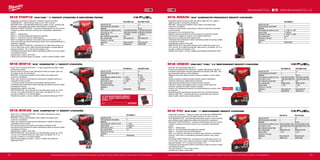 72 73
#MILWAUKEETOOL
M18 FID-0X M18 FID-502X
Kapacita aku (Ah) − 5.0
Počet dostupných akumulátorů 0 2
Nabíječka − 59 min
Počet otáček bez zatížení (ot./min) 850/2100/3000/0-3000 850/2100/3000/0-3000
Počet úderů (ú./min) 1800/2900/3700/0-37001800/2900/3700/0-3700
Max. utahovací moment (Nm) 203 203
Max. moment (Nm) 26/80/203/0-203 26/80/203/0-203
Upínání nářadí 1
/4˝ Hex 1
/4˝ Hex
Hmotnost vč. aku (kg) − 1.7
Dodávaný v Heavy Duty kufr Heavy Duty kufr
Obj.č. 4933451447 4933451066
M18 ONEID-0X M18 ONEID-502X
Kapacita aku (Ah) − 5.0
Počet dostupných akumulátorů 0 2
Nabíječka − 59 min
Počet otáček bez zatížení (ot./min) 850/1500/2100/3000 850/1500/2100/3000
Počet úderů (ú./min) 1450/2400/2900/3700 1450/2400/2900/3700
Max. utahovací moment (Nm) 203 203
Max. moment (Nm) 26/80/150/203 26/80/150/203
Upínání nářadí 1
/4˝ Hex 1
/4˝ Hex
Hmotnost vč. aku (kg) − 1.7
Dodávaný v Heavy Duty kufr Heavy Duty kufr
Obj.č. 4933459196 4933451370
M18 BRAIW-0
Kapacita aku (Ah) −
Počet dostupných akumulátorů 0
Nabíječka −
Počet otáček bez zatížení (ot./min) 0 - 1500 / 0 - 2250
Upínání nářadí 3
/8˝ čtyřhran
Počet úderů (ú./min) 0 - 2400 / 0 - 3400
Max. moment (Nm) 40 / 76
Hmotnost vč. aku (kg) 1.8
Dodávaný v −
Obj.č. 4933447899
M18 BIW38-0
Kapacita aku (Ah) −
Počet dostupných akumulátorů 0
Nabíječka −
Počet otáček bez zatížení (ot./min) 0 - 2450
Upínání nářadí 3
/8˝ čtyřhran
Počet úderů (ú./min) 0 - 3350
Max. moment (Nm) 210
Hmotnost vč. aku (kg) −
Dodávaný v −
Obj.č. 4933443600
M18 BIW12-0 M18 BIW12-402C
Kapacita aku (Ah) − 4.0
Počet dostupných akumulátorů 0 2
Nabíječka − 80 min
Počet otáček bez zatížení (ot./min) 0 - 2450 0 - 2450
Upínání nářadí 1
/2˝ čtyřhran 1
/2˝ čtyřhran
Počet úderů (ú./min) 0 - 3350 0 - 3350
Max. moment (Nm) 240 240
Hmotnost vč. aku (kg) − 1.9
Dodávaný v − kufr
Obj.č. 4933443590 4933443607
M18 FIWP12-0X M18 FIWP12-502X
Kapacita aku (Ah) − 5.0
Počet dostupných akumulátorů 0 2
Nabíječka − 59 min
Počet otáček bez zatížení (ot./min) 1700/2000/2500/2000 1700/2000/2500/2000
Počet úderů (ú./min) 2400/2600/3100/2600 2400/2600/3100/2600
Upínání nářadí 1
/2˝ čtyřhran 1
/2˝ čtyřhran
Max. utahovací moment (Nm) 300 300
Max. moment (Nm) 40/120/300/120 40/120/300/120
Hmotnost vč. aku (kg) − 1.8
Dodávaný v Heavy Duty kufr Heavy Duty kufr
Obj.č. 4933451449 4933451068
M18 FIWP12 | M18 FUEL™ 1
/2˝ RÁZOVÝ UTAHOVÁK S ARETAČNÍM ČEPEM
ºº Milwaukee®
je autorem konstrukce i výrobcem motorů bez uhlíků
POWERSTATE™
- delší životnost motoru a až o 20% více síly
ºº REDLINK PLUS™
nejmodernější elektronický systém na trhu, ochrana proti
přetížení chrání nářadí i akumulátor před extrémním namáháním
ºº Milwaukee®
DRIVE CONTROL™
umožňuje uživateli přepnot do čtyř různých
nastavení rychlosti a točivého momentu pro maximalizaci všestranního
použití
ºº Režim 1 - přesné práce
ºº Režim 2 – pomáhá předcházet poškození materiálu
ºº Režim 3 - maximální výkon pro těžké aplikace
ºº Režim 4 inteligentně detekuje, když nástroj narazí na hmoždinku, a po
dobu jedné sekundy nástroj automaticky vypne, čímž snižuje přetěžování a
poškození materiálů
ºº Akumulátor REDLITHIUM-ION™
umožňuje až 2,5× delší dobu provozu, až
o 20 % větší výkon a až 2× delší životnost akumulátoru a funguje lépe při
teplotách blízkých −20 °C než jiné technologie Li-Ion
ºº Individuální řízení jednotlivých článků optimalizuje odběr při provozu nářadí
a prodlužuje životnost
ºº Ukazatel stavu nabití a LED světlo
ºº Celokovová reverzibilní spona na opasek - rychlé a snadné zavěšení nářadí
M18 BIW12 | M18™
KOMPAKTNÍ 1
/2˝ RÁZOVÝ UTAHOVÁK
ºº Pouze 155 mm dlouhý, M18 FUEL™ 1
/2˝ rázový utahovák pro práce v těžko
přístupných místech
ºº Vysoce výkonný 4-pólový motor Milwaukee®
nabízí maximální výkon tím,
že zvyšuje poměr síly a hmotnosti
ºº REDLINK™
ochrana proti přetížení chrání nářadí i akumulátor před
extrémním namáháním
ºº Heavy duty celokovová převodovka a převody pro největší trvanlivost a
maximální kroutící moment
ºº 1
/2˝ čtyřhran upínání pro použití s ​​univerzálními nástrčnými klíči
ºº Individuální řízení jednotlivých článků optimalizuje odběr při provozu nářadí
a prodlužuje životnost
ºº Ukazatel stavu nabití a LED světlo
ºº REDLITHIUM-ION™
aku poskytuje až 2-krát delší doba chodu, až o 20%
více síly, až 2x delší životnost aku, lepší výkon i při teplotě -20 °C ve
srovnání s ostatními Li-Ion technologiemi
ºº Flexibilní aku systém - provoz s každým akumulátorem Milwaukee®
M18™
10 KS SHOCKWAVE IMPACT
DUTY™
SADA NÁSTRČNÝCH
KLÍČŮ 1
/2
Obj.č. 4932352861
M18 BIW38 | M18™
KOMPAKTNÍ 3
/8˝ RÁZOVÝ UTAHOVÁK
ºº Pouze 152 mm dlouhý, M18 FUEL™
3/8˝ rázový utahovák pro práce v
těžko přístupných místech
ºº REDLINK™
ochrana proti přetížení chrání nářadí i akumulátor před
extrémním namáháním
ºº Heavy duty celokovová převodovka a převody pro největší trvanlivost a
maximální kroutící moment
ºº 3/8˝ čtyřhran upínání pro použití s univerzálními nástrčnými klíči
ºº Individuální řízení jednotlivých článků optimalizuje odběr při provozu nářadí
a prodlužuje životnost
ºº Ukazatel stavu nabití a LED světlo
ºº REDLITHIUM-ION™
aku poskytuje až 2-krát delší doba chodu, až o 20%
více síly, až 2x delší životnost aku, lepší výkon i při teplotě -20 °C ve
srovnání s ostatními Li-Ion technologiemi
ºº Flexibilní akumulátorový systém - provoz s každým akumulátorem
Milwaukee®
M18™
Vyobrazené příslušenství je pouze ilustrativní. Pro další technické specifikace včetně údajů o hlučnosti a vibracích navštivte naši webovou stránku: www.milwaukeetool.cz
WWW.MILWAUKEETOOL.CZ
M18 BRAIW | M18™
KOMPAKTNÍ PRAVOÚHLÝ RÁZOVÝ UTAHOVÁK
ºº Kompaktní pravoúhlý rázový utahovák měří na délku 307 mm, takže je
ideální pro práci v omezených prostorách
ºº REDLINK™
ochrana proti přetížení chrání nářadí i akumulátor před
extrémním namáháním
ºº Celokovová převodovka a převody pro zvýšenou trvanlivost a maximální
krouticí moment
ºº Kompaktní 53 mm konstrukce hlavy
ºº Rukojet může být stavitelná do různých poloh pro maximální pohodlí
ºº 3/8˝ čtvercová drážka pro použití s univerzálními objímkami
ºº Nastavení 2 rychlostí pro širší rozsah použití
ºº Individuální řízení jednotlivých článků optimalizuje odběr při provozu nářadí
a prodlužuje životnost
ºº Ukazatel stavu nabití a LED světlo
ºº REDLITHIUM-ION™
akumulátor poskytuje až 2x delší doba chodu, až o
20% více síly, až 2x delší životnost aku, lepší provoz i při teplotě -20 °C ve
srovnání s ostatní technologie Li-Ion
ºº Flexibilní aku systém - provoz s každým akumulátorem Milwaukee®
M18™
M18 ONEID | ONE-KEY™
FUEL™
1/4˝ ŚESTIHRANNÝ RÁZOVÝ UTAHOVÁK
ºº M18 FID, ale s technologií ONE-KEY™
ºº Propojte se prostřednictvím Bluetooth™
s aplikací Milwaukee®
ONE-KEY™
ºº Kompletní přizpůsobení nástroje prostřednictvím aplikace ONE-KEY™
aby
jste přizpůsobili nástroj k vašim potřebám
ºº Mějte pod kontrolou otáčky, krouticí moment, počáteční a cílové otáčky
a LED
ºº Upravte nastavení podle libovolného použití zvolením optimálních
nastavení nástroje pro opakovatelnou přesnost
ºº Naprogramujte/uložte profily pro bezkonkurenční kontrolu
ºº Vyberte si z řady profilů aplikace nebo si rychle vytvořte vlastní pro
dokonalé výsledky při každém stisknutí spouště
ºº Uložte si až 4 zákaznická nastavení do paměti nástroje pro rychlou volbu
na pracovišti
ºº Specifické profily nástroje zahrnují řadu režimů pro samořezné šrouby
ºº Aplikace ONE-KEY™
umožňuje také funkci inventarizace pro celkovou
správu celého vašeho parku nástrojů/zařízení
M18 FID | M18 FUEL™ 1
/4˝ ŠESTIHRANNÝ RÁZOVÝ UTAHOVÁK
ºº Milwaukee®
je autorem i výrobcem motorů bezuhlíkového POWERSTATE™
motora, který byl vytvořen pro¨3x delší životnost a až o 20% více síly
ºº Nový REDLINK PLUS™
nejmodernější elektronický systém na trhu, ochrana
proti přetížení chrání nářadí i akumulátor před extrémním namáháním
ºº Milwaukee®
DRIVE CONTROL™
umožňuje uživateli přepnot do čtyř různých
nastavení rychlosti a točivého momentu pro maximalizaci všestranního
použití
ºº Režim 1 - přesné práce
ºº Režim 2 – pomáhá předcházet poškození materiálu
ºº Režim 3 - maximální výkon pro těžké aplikace
ºº Režim 4 se nachází mezi režimem s přesnou prací režimem s maximálním
výkonem. Tento režim si automaticky přizpůsobí rychlost, rázy a točivý
moment.
ºº Akumulátor REDLITHIUM-ION™
umožňuje až 2,5× delší dobu provozu, až
o 20 % větší výkon a až 2× delší životnost akumulátoru a funguje lépe při
teplotách blízkých −20 °C než jiné technologie Li-Ion
ºº Individuální řízení jednotlivých článků optimalizuje odběr při provozu nářadí
a prodlužuje životnost
ºº Uchycení nástroje 1
/4˝ Hex, rychlá výměna
ºº Ukazatel stavu nabití a LED světlo
Vyobrazené příslušenství je pouze ilustrativní. Pro další technické specifikace včetně údajů o hlučnosti a vibracích navštivte naši webovou stránku: www.milwaukeetool.cz
 