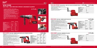 76 77
#MILWAUKEETOOL
M18 CDEX-0
Kapacita aku (Ah) −
Počet dostupných akumulátorů 0
Nabíječka −
Max. průměr vrtáku (mm) 16
Max. hloubka vrtání (mm) 90
Max. délka vrtáku (mm) 160
Délka zdvihu (mm) 100
Hmotnost bez aku (kg) 1.6
Dodávaný v −
Obj.č. 4933447450
M18 CHM-0C M18 CHM-902C
Kapacita aku (Ah) − 9.0
Počet dostupných akumulátorů 0 2
Nabíječka − 95 min
Upínání nářadí SDS-Max SDS-Max
Energie příklepu (EPTA)(J) 6.1 6.1
Počet příklepů při zatížení (př./min) 0 - 3000 0 - 3000
No load speed (rpm) 0 - 450 0 - 450
Max. průměr vrtání do betonu (mm) 40 40
Max. průměr vrtání tunelového vrtáku(mm) 65 65
Max. průměr vrtání korunky (mm) 100 100
Vibrační vrtání (m/s² ) 10.6 10.6
Vibrace při sekání (m/s² ) 9.6 9.6
Hmotnost vč. aku (kg) − 6.6
Dodávaný v kufr kufr
Obj.č. 4933451362 4933451412
M18 CHX-0X M18 CHX-502X
Kapacita aku (Ah) − 5.0
Počet dostupných akumulátorů 0 2
Nabíječka − 59 min
Upínání nářadí SDS-Plus SDS-Plus
Energie příklepu (EPTA)(J) 2.5 2.5
Max. průměr vrtání do dřeva (mm) 30 30
Max. průměr vrtání do oceli (mm) 13 13
Max. průměr vrtání do betonu (mm) 26 26
Max. počet úderů (ú./min) 0 - 4900 0 - 4900
Vibrační vrtání (m/s² ) 8.9 8.9
Vibrace při sekání (m/s² ) 9.5 9.5
Hmotnost vč. aku (kg) − 3.5
Dodávaný v Heavy Duty kufr Heavy Duty kufr
Obj.č. 4933451430 4933451381
M18-28 CPDEX-0
Kapacita aku (Ah) −
Počet dostupných akumulátorů 0
Nabíječka −
Max. průměr vrtáku (mm) 16
Max. hloubka vrtání (mm) 90
Max. délka vrtáku (mm) 160
Délka zdvihu (mm) 100
Hmotnost bez aku (kg) 1.6
Dodávaný v −
Obj.č. 4933446810
M18 CHPX-0X
M18 CHPX-
502X
M18 CHPX-
902X
Kapacita aku (Ah) − 5.0 9.0
Počet dostupných akumulátorů 0 2 2
Nabíječka − 59 min 95 min
Upínání nářadí SDS-Plus SDS-Plus SDS-Plus
Energie příklepu (EPTA)(J) 4.0 4.0 4.0
Max. průměr vrtání do dřeva (mm) 30 30 30
Max. průměr vrtání do oceli (mm) 13 13 13
Max. průměr vrtání do betonu (mm) 28 28 28
Max. počet úderů (ú./min) 0 - 5000 0 - 5000 0 - 5000
Vibrační vrtání (m/s² ) 8.6 8.6 8.6
Vibrace při sekání (m/s² ) 7.1 7.1 7.1
Hmotnost vč. aku (kg) − 4.3 4.6
Dodávaný v Heavy Duty kufr Heavy Duty kufr Heavy Duty kufr
Obj.č. 4933451431 4933451380 4933451469
M18 CHM
M18 FUEL™
5KG SDS-MAX VRTACÍ A BOURACÍ KLADIVO
ºº První kladivo 18 V 5 kg SDS-Max na světě pro maximální
univerzálnost a mobilitu se stejnou výkonností jako síťové nářadí
ºº POWERSTATE™
bezuhlíkový motor vyvinutý a vyrobený společností
Milwaukee®
zajišťuje výkonnost síťového nářadí
ºº Nový inteligentní systém REDLINK PLUS™
zajišťuje nejlepší digitální
ochranu proti přetížení pro nástroj a akumulátor a unikátním
způsobem zlepšuje výkonnost nástroje při zatížení
ºº Akumulátor pro náročné použití 9,0 Ah REDLITHIUM-ION™
umožňuje
až 4× delší dobu provozu, až o 20 % větší výkon a až 2× delší
životnost akumulátoru a funguje lépe při teplotách blízkých −20 °C
než jiné technologie Li-Ion
ºº Robustní hořčíkové pouzdro převodovky pro náročná prostředí,
přesné usazení součástí převodovky a lepší chlazení
ºº Funkce zastavení rotace a natáčení sekáče do 12 různých poloh pro
ideální pracovní úhel a ergonomii koncového uživatele
ºº Konstrukce s nízkými vibracemi 10.6 m/s² umožňuje delší využití
během dne
ºº Bezpečnostní spojka chrání obsluhu a stroj v případě zaseknutí
vrtáku
Maximální mobilita a univerzálnost
902C verze se dodává s akumulátorem
9,0 Ah pro náročné použití
Funkce zastavení rotace a nastavení
polohy sekáče
M18 CHPX | M18 FUEL™
KOMBI KLADIVO SDS-PLUS S VYSOKÝM VÝKONEM
ºº Milwaukee®
je autorem konstrukce i výrobcem motorů bez uhlíků
POWERSTATE™
ºº REDLINK PLUS™
nejmodernější elektronický systém na trhu, ochrana proti
přetížení chrání nářadí i akumulátor před extrémním namáháním
ºº REDLITHIUM-ION™
akumulátor poskytuje až 2,5x delší doba chodu, až o
20% více síly, až 2x delší životnost aku, lepší provoz i při teplotě -20 °C ve
srovnání s ostatní technologie Li-Ion
ºº Vysoce výkonný motor umožňuje výkon srovnatelný s elektrickým nářadím
ºº Akumulátorové kladivo s nejtvrdšími rázy ve své tříde. Účinný
mechanismus kladiva: dodává 4,0 J nárazové energie při nízkých vibracích
8,6 m/s² díky novému dvoukolejnicovému antivibračnímu systému*
ºº Celokovová skříň převodovky - optimální usazení převodů pro prodloužení
provozní životnosti
ºº Provoz ve 4 režimech: otočné kladivo, samotné kladivo, samotná rotace a
variolock pro maximální všestrannost
ºº FIXTEC systém - bezklíčová výměna sklíčidla
ºº Individuální řízení jednotlivých článků optimalizuje odběr při provozu nářadí
a prodlužuje životnost
ºº Ukazatel stavu nabití
ºº Kompatibilní s odsávačem prachu M18-28 CPDEX
Vyobrazené příslušenství je pouze ilustrativní. Pro další technické specifikace včetně údajů o hlučnosti a vibracích navštivte naši webovou stránku: www.milwaukeetool.cz
WWW.MILWAUKEETOOL.CZ
M18-28 CPDEX | M18-28 FUEL™
HEAVY DUTY SDS-PLUS ODSAVAČ PRACHU
ºº Zkonstruovaný pro účinný sběr prachu s automatickým provozem
aktivovaným hlavním vypínačem na nářadí
ºº Filtr HEPA: obecně považovaný za nejlepší filtr, který zachytí částice všech
velikostí s účinností 99,75 %
ºº Velká sběrná nádoba na nečistoty
ºº Hliníková trubka pro odsávání prachu je nastavitelná podle velikosti vrtáku
s max. délkou 16 mm a max. hloubkou 90 mm
ºº Kompatibilní s M18 CHPX a M28 CHPX
M18 CHX | M18 FUEL™
KOMBI KLADIVO SDS-PLUS
ºº Milwaukee®
je autorem konstrukce i výrobcem motorů bez uhlíků
POWERSTATE™
- až 2-krát delší životnost motoru, až o 25% více síly
ºº REDLINK PLUS™
nejmodernější elektronický systém na trhu, ochrana proti
přetížení chrání nářadí i akumulátor před extrémním namáháním
ºº REDLITHIUM-ION™
akumulátor poskytuje až 2,5x delší doba chodu, až o
20% více síly, až 2x delší životnost aku, lepší provoz i při teplotě -20 °C ve
srovnání s ostatní technologie Li-Ion
ºº Druhé nejvýkonnější kladivo ve své třídě. Výkonný mechanismus kladiva:
dodává 2,5 J nárazové energie při nízkých vibracích 8,9 m/s²
ºº Kompaktní ergonomická konstrukce pro větší pohodlí koncového uživatele
ºº Celokovová skříň převodovky - optimální usazení převodů pro prodloužení
provozní životnosti
ºº Provoz ve 4 režimech: otočné kladivo, samotné kladivo, samotná rotace a
variolock pro maximální všestrannost
ºº FIXTEC systém - bezklíčová výměna sklíčidla
ºº Individuální řízení jednotlivých článků optimalizuje odběr při provozu nářadí
a prodlužuje životnost
ºº Ukazatel stavu nabití
ºº Kompatibilní s odsavačem prachu M18 CDE
M18 CDEX | M18 FUEL™
ODSÁVÁNÍ KE KLADIVU
ºº Zkonstruovaný pro účinný sběr prachu s automatickým provozem
aktivovaným hlavním vypínačem na nářadí
ºº Filtr HEPA: obecně považovaný za nejlepší filtr, který zachytí částice všech
velikostí s účinností 99,75 %
ºº Velká sběrná nádoba na nečistoty
ºº Hliníková trubka pro odsávání prachu je nastavitelná podle velikosti vrtáku
s max. délkou 16 mm a max. hloubkou 90 mm
ºº Kompatibilní s M18 CHX
ºº Flexiibilní akumulátorový systém: provoz se všemi Milwaukee®
M18™
akumulátory
Vyobrazené příslušenství je pouze ilustrativní. Pro další technické specifikace včetně údajů o hlučnosti a vibracích navštivte naši webovou stránku: www.milwaukeetool.cz
 
