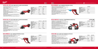 82 83
#MILWAUKEETOOL
M18 BMS20-0
Kapacita aku (Ah) −
Počet dostupných akumulátorů 0
Nabíječka −
Počet otáček bez zatížení (ot./min) 0 - 2500
Max. kapacita řezání - ocel (mm) 2.0
Max. kapacita řezání - hliník (mm) 3.2
Min. rádius zatočení (mm) 180
Hmotnost vč. aku (kg) 2.6
Dodávaný v −
Obj.č. 4933447935
M18 BMS12-0
Kapacita aku (Ah) −
Počet dostupných akumulátorů 0
Nabíječka −
Počet otáček bez zatížení (ot./min) 0 - 2500
Max. kapacita řezání - ocel (mm) 1.2
Max. kapacita řezání - hliník (mm) 2.0
Min. rádius zatočení (mm) 180
Hmotnost vč. aku (kg) 2.3
Dodávaný v −
Obj.č. 4933447925
HD18 BS-0 HD18 BS-402C
Kapacita aku (Ah) − 4.0
Počet dostupných akumulátorů 0 2
Nabíječka − 80 min
Počet otáček bez zatížení (ot./min) 146 146
Kapacita řezání obdélníkového profilu (mm) 85 x 85 85 x 85
Délka pilového plátku (mm) 898.52 898.52
Hmotnost vč. aku (kg) − 4.8
Dodávaný v − kufr
Obj.č. 4933419122 4933441415
M18 CBS125-0 M18 CBS125-502C
Kapacita aku (Ah) − 5.0
Počet dostupných akumulátorů 0 2
Nabíječka − 59 min
Rychlost pásu (m/min) 0 - 116 0 - 116
Kapacita řezání obdélníkového profilu (mm) 125 x 125 125 x 125
Délka pilového plátku (mm) 1139.83 1139.83
Hmotnost vč. aku (kg) − 7.3
Dodávaný v − kufr
Obj.č. 4933447150 4933448195
HD18 AG-115-0 HD18 AG-115-402C
Kapacita aku (Ah) − 4.0
Počet dostupných akumulátorů 0 2
Nabíječka − 80 min
Počet otáček bez zatížení (ot./min) 9000 9000
Průměr kotouče (mm) 115 115
Max. hloubka řezání (mm) 28 28
Závit hřídele M 14 M 14
Hmotnost vč. aku (kg) − 2.4
FIXTEC Ne Ne
Funkce Line lock out Ne Ne
Dodávaný v − kufr
Obj.č. 4933411210 4933441300
HD18 AG-125-0 HD18 AG-125-402C
Kapacita aku (Ah) − 4.0
Počet dostupných akumulátorů 0 2
Nabíječka − 80 min
Počet otáček bez zatížení (ot./min) 9000 9000
Průměr kotouče (mm) 125 125
Max. hloubka řezání (mm) 33 33
Závit hřídele M 14 M 14
Hmotnost vč. aku (kg) − 2.2
FIXTEC Ne Ne
Funkce Line lock out Ne Ne
Dodávaný v − kufr
Obj.č. 4933441502 4933441507
HD18 AG-125 | M18™
HEAVY DUTY 125 MM ÚHLOVÁ BRUSKA
ºº Vysoce výkonný 4-pólový motor Milwaukee®
nabízí maximální výkon tím,
že zvyšuje poměr síly a hmotnosti
ºº REDLINK™
ochrana proti přetížení chrání nářadí i akumulátor před
extrémním namáháním
ºº Celokovový kryt převodovky nabízí trvanlivost
ºº Redukovaná výška převodovky a štíhlý design poskytuje optimální
ergonomii
ºº Nezamykatelný vypínač pro co nejlepší ochranu uživatele a pro prevenci
automatického spuštění
ºº Rychloupínací kryt pro snadnou úpravu (odolný proti prasknutí)
ºº Multi-poziční rukojeť pro snadné používání
ºº Individuální řízení jednotlivých článků optimalizuje odběr při provozu nářadí
a prodlužuje životnost
ºº Ukazatel stavu nabití
ºº REDLITHIUM-ION™
akumulátor poskytuje až 2x delší doba chodu, až o
20% více síly, až 2x delší životnost aku, lepší provoz i při teplotě -20 °C ve
srovnání s ostatní technologie Li-Ion
ºº Flexibilní aku systém - provoz s každým akumulátorem Milwaukee®
M18™
HD18 AG-115 | M18™
HEAVY DUTY 115 MM ÚHLOVÁ BRUSKA
ºº Vysoce výkonný 4-pólový motor Milwaukee®
nabízí maximální výkon tím,
že zvyšuje poměr síly a hmotnosti
ºº REDLINK™
ochrana proti přetížení chrání nářadí i akumulátor před
extrémním namáháním
ºº Celokovový kryt převodovky nabízí trvanlivost
ºº Redukovaná výška převodovky a štíhlý design poskytuje optimální
ergonomii
ºº Nezamykatelný vypínač pro co nejlepší ochranu uživatele a pro prevenci
automatického spuštění
ºº Rychloupínací kryt pro snadnou úpravu (odolný proti prasknutí)
ºº Multi-poziční rukojeť pro snadné používání
ºº Individuální řízení jednotlivých článků optimalizuje odběr při provozu nářadí
a prodlužuje životnost
ºº Ukazatel stavu nabití
ºº REDLITHIUM-ION™
akumulátor poskytuje až 2x delší doba chodu, až o
20% více síly, až 2x delší životnost aku, lepší provoz i při teplotě -20 °C ve
srovnání s ostatní technologie Li-Ion
ºº Flexibilní akumulátorový systém - provoz s každým akumulátorem
Milwaukee®
M18™
M18 BMS12 | M18™
KOMPAKTNÍ ŘEZAČKA PLECHU
ºº Přesné řezy s maximální řeznou hloubkou 1.2 mm do oceli
ºº Jedinečná 360° rotační hlava bez nástrojů s 12 polohami fixace pro přístup
do těsných prostor a pro zvýšení pohodlí uživatele
ºº REDLINK™
ochrana proti přetížení chrání nářadí i akumulátor před
extrémním namáháním
ºº Individuální řízení jednotlivých článků optimalizuje odběr při provozu nářadí
a prodlužuje životnost
ºº Konstrukce souběžná se zápěstím pro zvýšenou kontrolu při řezání
ºº Variabilní přepínač rychlostí pro přídavnou kontrolu během řezání
ºº Klipsna na pásek pro snadnou přenosnost
ºº REDLITHIUM-ION™
akumulátor poskytuje až 2x delší doba chodu, až o
20% více síly, až 2x delší životnost aku, lepší provoz i při teplotě -20 °C ve
srovnání s ostatní technologie Li-Ion
ºº Flexibilní akumulátorový systém - provoz s každým akumulátorem
Milwaukee®
M18™
Vyobrazené příslušenství je pouze ilustrativní. Pro další technické specifikace včetně údajů o hlučnosti a vibracích navštivte naši webovou stránku: www.milwaukeetool.cz
WWW.MILWAUKEETOOL.CZ
M18 BMS20 | M18™
KOMPAKTNÍ ŘEZAČKA PLECHU
ºº Přesné řezy s maximální řeznou hloubkou 2,0 mm do oceli
ºº Jedinečná 360° rotační hlava bez nástrojů s 12 polohami fixace pro přístup
do těsných prostor a pro zvýšení pohodlí uživatele
ºº REDLINK™
ochrana proti přetížení chrání nářadí i akumulátor před
extrémním namáháním
ºº Individuální řízení jednotlivých článků optimalizuje odběr při provozu nářadí
a prodlužuje životnost
ºº Konstrukce souběžná se zápěstím pro zvýšenou kontrolu při řezání
ºº Variabilní přepínač rychlostí pro přídavnou kontrolu během řezání
ºº Klipsna na pásek pro snadnou přenosnost
ºº REDLITHIUM-ION™
akumulátor poskytuje až 2x delší doba chodu, až o
20% více síly, až 2x delší životnost aku, lepší provoz i při teplotě -20 °C ve
srovnání s ostatní technologie Li-Ion
ºº Flexibilní akumulátorový systém - provoz s každým akumulátorem
Milwaukee®
M18™
M18 CBS125 | M18 FUEL™
HLUBOKOŘEZNÁ PÁSOVÁ PILA
ºº Milwaukee®
je autorem konstrukce i výrobcem motorů bez uhlíků
POWERSTATE™
- až o 10-krát delší životnost motoru a až 2-krát delší doba
chodu oproti jiným akumulátorovým řešením
ºº REDLINK PLUS™
nejmodernější elektronický systém na trhu, ochrana proti
přetížení chrání nářadí i akumulátor před extrémním namáháním
ºº REDLITHIUM-ION™
akumulátor poskytuje až 2,5x delší doba chodu, až o
20% více síly, až 2x delší životnost aku, lepší provoz i při teplotě -20 °C ve
srovnání s ostatní technologie Li-Ion
ºº Největší řezná kapacita pro průměr materiálu až 125 x 125 mm
ºº 5-kroková variabilní volba rychlosti od 0 - 116 m/min
ºº Zamykací mechanismus nože bez použití nástrojů pro rychlou a snadnou
výměnu listů pily
ºº Odolný kovový krokvový hák pro rychlé a snadné uložení na pracovišti
ºº Tenká celokovová konstrukce pláště motoru a LED osvětlení pracovního
povrchu pro co nejlepší viditelnost řezu
HD18 BS | M18™
HEAVY DUTY PÁSOVÁ PILA PRO KOV
ºº Kompaktná a lehká konstrukce (hmotnost 4,8 kg) pro řezání nad hlavou a
v úzkých prostorech
ºº REDLINK™
ochrana proti přetížení chrání nářadí i akumulátor před
extrémním namáháním
ºº Kapacita řezu 85 mm – na řezání veškerých materiálů
ºº Oporná patka je nastavitelná bez nástroje – rychle přispůsobuje patku a
umožňuje rovné řezání ve vestavěných materiálech proti stěnám a stropům
ºº Systém vyjmutí plátku - rychlá výměna plátku, vytáhnout do úvratě a
stisknout tlačítko vyjmutí plátku
ºº Individuální řízení jednotlivých článků optimalizuje odběr při provozu nářadí
a prodlužuje životnost
ºº Ukazatel stavu nabití a LED světlo
ºº REDLITHIUM-ION™
akumulátor poskytuje až 2x delší doba chodu, až o
20% více síly, až 2x delší životnost aku, lepší provoz i při teplotě -20 °C ve
srovnání s ostatní technologie Li-Ion
ºº Flexibilní aku systém - provoz s každým akumulátorem Milwaukee®
M18™
Vyobrazené příslušenství je pouze ilustrativní. Pro další technické specifikace včetně údajů o hlučnosti a vibracích navštivte naši webovou stránku: www.milwaukeetool.cz
 