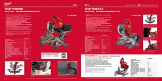 86 87
#MILWAUKEETOOL
M18 FMS190-0
Kapacita aku (Ah) −
Počet dostupných akumulátorů 0
Nabíječka −
Počet otáček bez zatížení (ot./min) 5000
Průměr kotouče (mm) 190
Kapacita úkosu napravo (°) 48
Kapacita úkosu napravo (°) 48
Kapacita pokosu nalevo (°) 48
Kapacita pokosu do prava (°) 48
Max. kap. řezání pokosu 45° / úkosu 45° (mm) 39.3 x 152.7
Max. kap. řezání pokosu 45°/ úkosu 90° (mm) 55.4 x 152.7
Max. kap. řezání pokosu 90° / úkosu 45° (mm) 39.3 x 215.5
Max. kap. řezání pokosu 90° / úkosu 90° (mm) 55.4 x 215.5
Max. kap. řezání do překližky pokosu 0° | úkosu 0° (mm) 90.9 x 21.8
Max. kap. řezání do překližky pokosu L45° | úkosu 0° (mm) 90.9 x 20.3
Max. kap. řezání do překližky pokosu R45° | úkosu 0° (mm) 90.9 x 17.8
Průměr hřídele (mm) 30
Hmotnost vč. aku (kg) 12.7
Dodávaný v −
Obj.č. 4933459619
M18 FMS254-0
Kapacita aku (Ah) −
Počet dostupných akumulátorů 0
Nabíječka −
Počet otáček bez zatížení (ot./min) 4000
Průměr kotouče (mm) 254
Kapacita úkosu napravo (°) 48
Kapacita úkosu napravo (°) 48
Kapacita pokosu nalevo (°) 50
Kapacita pokosu do prava (°) 60
Max. kap. řezání pokosu 45° / úkosu 45° (mm) 205.23 x 51.3
Max. kap. řezání pokosu 45°/ úkosu 90° (mm) 205.23 x 91.2
Max. kap. řezání pokosu 90° / úkosu 45° (mm) 289.3 x 51.3
Max. kap. řezání pokosu 90° / úkosu 90° (mm) 289.3 x 91.2
Průměr hřídele (mm) 30
Hmotnost vč. aku (kg) 20.0
Dodávaný v −
Obj.č. 4933451729
M18 SMS216-0
Kapacita aku (Ah) −
Počet dostupných akumulátorů 0
Nabíječka −
Počet otáček bez zatížení (ot./min) 2700
Průměr kotouče (mm) 216
Kapacita úkosu napravo (°) 48
Kapacita úkosu napravo (°) -2
Kapacita pokosu nalevo (°) 50
Kapacita pokosu do prava (°) 50
Max. kap. řezání pokosu 45° / úkosu 45° (mm) 190 x 48
Max. kap. řezání pokosu 45°/ úkosu 90° (mm) 190 x 60
Max. kap. řezání pokosu 90° / úkosu 45° (mm) 270 x 48
Max. kap. řezání pokosu 90° / úkosu 90° (mm) 270 x 60
Průměr hřídele (mm) 30
Hmotnost vč. aku (kg) 14.5
Dodávaný v −
Obj.č. 4933446780
M18 FMS190
M18 FUEL™
190 MM POKOSOVÁ PILA
ºº Milwaukee®
navrhl a vyrobil bezuhlíkový motor POWERSTATE ™
s až
2x delší životností motoru a až o 25% vyšším výkonem
ºº Inteligentní systém REDLINK PLUS™
- ochrana proti přetížení chrání
nářadí i akumulátor před extrémním namáháním
ºº REDLITHIUM-ION™
akumulátor poskytuje až 2,5x delší doba chodu,
až o 20% více síly, až 2x delší životnost aku, lepší provoz i při
teplotě -20 °C ve srovnání s ostatní technologie Li-Ion
ºº Průměr kotouče 190 mm umožňuje velké a přesné řezy
ºº Rychlé nastavení pokosu pomocí zarážky umožňující jednoduché
nastavení úhlů pokosu doleva a doprava
ºº Velké posuvné dorazy poskytují maximální oporu pro řezaný materiál
a zajišťují stabilitu a přesnost
ºº Až 299 řezů v měkkém dřevě o rozměrech 38 mm x 89 mm s baterií
5,0 Ah dává možnost pracovat celý den bez dobíjení baterie
ºº Nízká hmotnost a snadná přenositelnost. Váha pouze 12,7 kg
ºº Integrovaná rukojeť zajišťuje snadnou přepravu na pracovišti a mimo
ně
ºº Ocelová západka s přednastavenými úhly poskytuje opakovatelné
přesné řezy
ºº LED světlo pro osvětlení obrobku a řezání i při slabém osvětlení
ºº Flexibilní akumulátorový systém: pracuje se všemi akumulátory
Milwaukee®
M18 ™
PILOVÝ KOTOUČ S NEGATIVNÍMI
ZUBY - 190X30MM - 40 ZUBŮ
Obj.č. 4932459544
Nerezová základová deskaMaximální rozměry řezaného materiálu 90,9 mm x
21,8 mm
Oboustranný pokos do 48 ° vlevo a vpravo
Vyobrazené příslušenství je pouze ilustrativní. Pro další technické specifikace včetně údajů o hlučnosti a vibracích navštivte naši webovou stránku: www.milwaukeetool.cz
WWW.MILWAUKEETOOL.CZ
M18 FMS254
M18 FUEL™
254 MM POKOSOVÁ PILA
ºº Milwaukee®
je autorem konstrukce i výrobcem motorů bez uhlíků
POWERSTATE™
- až o 2-krát delší životnost motoru a až o 25% více
síly
ºº Inteligentní systém REDLINK PLUS™
- ochrana proti přetížení chrání
nářadí i akumulátor před extrémním namáháním
ºº REDLITHIUM-ION™
akumulátor poskytuje až 2,5x delší doba chodu,
až o 20% více síly, až 2x delší životnost aku, lepší provoz i při
teplotě -20 °C ve srovnání s ostatní technologie Li-Ion
ºº Průměr kotouče 254 mm umožňuje velké a přesné řezy
ºº Rychlé nastavení pokosu pomocí zarážky umožňující jednoduché
nastavení úhlů pokosu doleva a doprava
ºº Velké posuvné dorazy poskytují maximální oporu pro řezaný materiál
a zajišťují stabilitu a přesnost
ºº Zarážka s nastavením hloubky řezu umožňuje uživateli provádět
prořezávání a drážkování
ºº Až 307 řezů v měkkém dřevě o rozměrech 38 mm x 89 mm s baterií
9,0 Ah dává možnost pracovat celý den bez dobíjení baterie
ºº Integrovaná rukojeť zajišťuje snadnou přepravu na pracovišti a mimo
ni
Rychlé nastavení pokosu pomocí zarážky
umožňující jednoduché nastavení úhlů
pokosu doleva a doprava
Zarážka s nastavením hloubky
řezu umožňuje uživateli provádět
prořezávání a drážkování
Integrovaná rukojeť zajišťuje snadnou
přepravu na pracovišti a mimo ni
M18 SMS216 | M18™
HEAVY DUTY POKOSOVÁ PILA
ºº Milwaukee®
bezrámový motor poskytuje 2700 ot./min pro rychle řezání
ºº REDLINK™
ochrana proti přetížení chrání elektroniku a akumulátor bude
schopen dodávat naljepší výkon ve své třídě
ºº Dva vertikální koleje se dvěma lineárními ložisky, plynulý posuv
ºº Rail Lock systém – pila se automaticky zastaví v zadní pozici
ºº Nastavitelný laser – pro rychlou a přesnou označení řezné linie
ºº Ocelová deska s nastavitelnými úhly poskytuje opakované přesné řezy
ºº Závěrná páka/rukojeť na formou-umožňuje uživateli provádět pohodlně a
bez únavy opakované řezy
ºº Systém Mitre release pro rychlou a snadnou změnu orientace pokosového
řezu
ºº Integrovaná LED světlo pro osvětlení pracovní plochy
ºº Aretace vřetena pro rychlou a snadnou výměnu kotouče
ºº Heavy duty základna - trvanlivost a dlouhá životnost
ºº Kapacita úkosu 48° / -2°
ºº Standardní vybavení: kotouč (48-zubů), klíč, upínadlo
Vyobrazené příslušenství je pouze ilustrativní. Pro další technické specifikace včetně údajů o hlučnosti a vibracích navštivte naši webovou stránku: www.milwaukeetool.cz
 