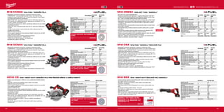 88 89
#MILWAUKEETOOL
M18 CCS55-0X
M18 CCS55-
502X
M18 CCS55-
902X
Kapacita aku (Ah) − 5.0 9.0
Počet dostupných akumulátorů 0 2 2
Nabíječka − 59 min 95 min
Počet otáček bez zatížení (ot./min)5000 5000 5000
Max. hloubka řezání při 90° (mm) 55 55 55
Max. hloubka řezání při 45° (mm) 41 41 41
Průměr kotouče (mm) 165 165 165
Průměr hřídele (mm) 15.87 15.87 15.87
Hmotnost vč. aku (kg) − 3.2 3.5
Dodávaný v Heavy Duty kufr Heavy Duty kufr Heavy Duty kufr
Obj.č. 4933451429 4933451376 4933451468
M18 CCS66-0X
M18 CCS66-
502X
M18 CCS66-
902X
Kapacita aku (Ah) − 5.0 9.0
Počet dostupných akumulátorů 0 2 2
Nabíječka − 59 min 95 min
Počet otáček bez zatížení (ot./min)5000 5000 5000
Max. hloubka řezání při 90° (mm) 66 66 66
Max. hloubka řezání při 45° (mm) 48 48 48
Průměr kotouče (mm) 190 190 190
Průměr hřídele (mm) 30 30 30
Hmotnost vč. aku (kg) − 4.2 4.5
Dodávaný v Heavy Duty kufr Heavy Duty kufr Heavy Duty kufr
Obj.č. 4933459395 4933451384 4933459221
M18 BSX-0 M18 BSX-402C
Kapacita aku (Ah) − 4.0
Počet dostupných akumulátorů 0 2
Nabíječka − 80 min
Max. hloubka řezu-dřevo (mm) 300 300
Max. hloubka řezu-ocel (mm) 20 20
Max. hloubka řezu-hliník (mm) 25 25
Max. hloubka řezu-neželezné kovy (mm) 25 25
Max. hloubka řezu-kovová trubka (mm) 150 150
Počet zdvihů bez zatížení (zd./min) 3000 3000
Délka zdvihu (mm) 28.6 28.6
Hmotnost vč. aku (kg) − 4.0
Dodávaný v − kufr
Obj.č. 4933447275 4933447285
M18 CSX-0X
M18 CSX-
502X
M18 CSX-
902X
Kapacita aku (Ah) − 5.0 9.0
Počet dostupných akumulátorů 0 2 2
Nabíječka − 59 min 95 min
Max. hloubka řezu-dřevo (mm) 300 300 300
Max. hloubka řezu-ocel (mm) 20 20 20
Max. hloubka řezu-hliník (mm) 25 25 25
Max. hloubka řezu-neželezné kovy (mm) 25 25 25
Max. hloubka řezu-kovová trubka (mm) 150 150 150
Počet zdvihů bez zatížení (zd./min) 0 - 3000 0 - 3000 0 - 3000
Délka zdvihu (mm) 28.6 28.6 28.6
Hmotnost vč. aku (kg) − 4.1 4.4
Dodávaný v
Heavy Duty
kufr
Heavy Duty
kufr
Heavy Duty
kufr
Obj.č. 4933451428 4933451378 4933451470
M18 ONESX-
0X
M18 ONESX-
502X
M18 ONESX-
902X
Kapacita aku (Ah) − 5.0 9.0
Počet dostupných akumulátorů 0 2 2
Nabíječka − 59 min 95 min
Max. hloubka řezu-dřevo (mm) 300 300 300
Max. hloubka řezu-ocel (mm) 20 20 20
Max. hloubka řezu-hliník (mm) 25 25 25
Max. hloubka řezu-neželezné kovy (mm) 25 25 25
Max. hloubka řezu-kovová trubka (mm) 150 150 150
Počet zdvihů bez zatížení (zd./min) 0 - 3000 0 - 3000 0 - 3000
Délka zdvihu (mm) 28.6 28.6 28.6
Hmotnost vč. aku (kg) − 4.0 4.3
Dodávaný v
Heavy Duty
kufr
Heavy Duty
kufr
Heavy Duty
kufr
Obj.č. 4933459203 4933451666 4933459220
HD18 CS-0 HD18 CS-402B
Kapacita aku (Ah) − 4.0
Počet dostupných akumulátorů 0 2
Nabíječka − 80 min
Počet otáček bez zatížení (ot./min)3500 3500
Max. hloubka řezání při 90° (mm) 55 55
Max. hloubka řezání při 45° (mm) 39 39
Průměr kotouče (mm) 165 165
Průměr hřídele (mm) 15.87 15.87
Hmotnost vč. aku (kg) − 3.8
Dodávaný v − Taška
Obj.č. 4933419134 4933441400
M18 CCS66 | M18 FUEL™
OKRUŽNÍ PILA
ºº Milwaukee®
je autorem konstrukce i výrobcem motorů bez uhlíků
POWERSTATE™
- až 3-krát delší životnost motoru, až 2-krát více řezu
ºº Inteligentní systém REDLINK PLUS™
ochrana proti přetížení chrání nářadí i
akumulátor před extrémním namáháním
ºº REDLITHIUM-ION™
akumulátor poskytuje až 2,5x delší doba chodu, až o
20% více síly, až 2x delší životnost aku, lepší provoz i při teplotě -20 °C ve
srovnání s ostatní technologie Li-Ion
ºº Individuální řízení jednotlivých článků optimalizuje odběr při provozu nářadí
a prodlužuje životnost
ºº 190mm list, který umožňuje hloubku řezu 66 mm, uřízne až tři OSB desky
na sobě
ºº List pily je namontován na pravé straně pily, takže odsávaný prach je
odváděn mimo obsluhu
ºº Nastavení úkosu až do 50°
ºº Horní a spodní magnéziové kryty poskytují nejlepší trvanlivost ve své třídě
a jsou odolné proti nárazu
ºº Hořčíková pata snižuje hmotnost prodlužuje životnost
ºº Integrovaný odsavač prachu - viditelnost řezu
ºº Odolný kovový hák na zavěšení - pro bezpečnost
ºº Ukazatel stavu nabití a LED světlo
PILOVÝ KOTOUČ 190/30MM-24
ZUBŮ
Obj.č. 4932430430
M18 CCS55 | M18 FUEL™
OKRUŽNÍ PILA
ºº Milwaukee®
je autorem konstrukce i výrobcem motorů bez uhlíků
POWERSTATE™
- až 3-krát delší životnost motoru, až 2-krát více řezu
ºº Inteligentní systém REDLINK PLUS™
ochrana proti přetížení chrání nářadí i
akumulátor před extrémním namáháním
ºº REDLITHIUM-ION™
akumulátor poskytuje až 2,5x delší doba chodu, až o
20% více síly, až 2x delší životnost aku, lepší provoz i při teplotě -20 °C ve
srovnání s ostatní technologie Li-Ion
ºº Individuální řízení jednotlivých článků optimalizuje odběr při provozu nářadí
a prodlužuje životnost
ºº Nastavení úkosu až do 50°
ºº Horní a spodní magnéziové kryty poskytují nejlepší trvanlivost ve své třídě
a jsou odolné proti nárazu
ºº Hořčíková pata snižuje hmotnost prodlužuje životnost
ºº Integrovaný odsavač prachu - viditelnost řezu
ºº Háček umožňuje bezpečné ukládání nářadí
ºº Ukazatel stavu nabití a LED světlo
ºº Flexibilní aku systém - provoz s každým akumulátorem Milwaukee®
M18™
PILOVÝ KOTOUČ 165/15,87MM -
24 ZUBŮ, EXTRA TENKÝ
Obj.č. 4932352313
HD18 CS | M18™
HEAVY DUTY OKRUŽNÍ PILA PRO ŘEZÁNÍ DŘEVA A UMĚLÉ HMOTY
ºº Výkoný motor Milwaukee®
o 3500 ot. za min pořeže téměř každé stavební
řezivo
ºº REDLINK™
ochrana proti přetížení chrání nářadí i akumulátor
ºº Nastavení úkosu až do 50 stupňů
ºº Horní a spodní magnéziové kryty poskytují nejlepší trvanlivost ve své třídě
a jsou odolné proti nárazu
ºº Výtečná viditelnost řezu
ºº Elektronická brzda motoru zastaví řezný kotouč ve vteřině
ºº Individuální řízení jednotlivých článků optimalizuje odběr při provozu nářadí
a prodlužuje životnost
ºº Ukazatel stavu nabití
ºº REDLITHIUM-ION™
akumulátor poskytuje až 2x delší doba chodu, až o
20% více síly, až 2x delší životnost aku, lepší provoz i při teplotě -20 °C ve
srovnání s ostatní technologie Li-Ion
ºº Flexibilní akumulátorový systém - provoz s každým akumulátorem
Milwaukee®
M18™
ºº Standardní vybavení: kotouč 24 zubů, boční vodicí doraz, prachovka,
imbusový klíč
PILOVÝ KOTOUČ 165/15,87MM -
40 ZUBŮ
Obj.č. 4932352314
Vyobrazené příslušenství je pouze ilustrativní. Pro další technické specifikace včetně údajů o hlučnosti a vibracích navštivte naši webovou stránku: www.milwaukeetool.cz
WWW.MILWAUKEETOOL.CZ
M18 ONESX | ONE-KEY™
FUEL™
SAWZALL®
ºº M18 CSX, ale s technologií ONE-KEY™
ºº Připojte se prostřednictvím Bluetooth™
k aplikaci Milwaukee®
ONE-KEY™
ºº KOMPLETNÍ NASTAVENÍ NÁŘADÍ PROSTŘEDNICTVÍM APLIKACE ONE-
KEY™
PRO VYLADĚNÍ NÁŘADÍ PODLE VAŠICH POTŘEB
ºº Přizpůsobená kontrola řezu nabízí pokročilou kontrolu nad rychlostí řezání
ºº Nastavitelné pozvolné spuštění nabízí přesnější začátek řezání v různých
materiálech, minimalizuje chvění pilového plátku a napomáhá k čistším
rychlejším řezům
ºº Optimalizace řezu zaručuje delší životnost pilového plátku a snazší řezání
široké škály materiálů
ºº Automatická brzda umožňuje zastavení pilového plátku poté, co projde
materiálem
ºº Ponorné řezy umožňují pilovému plátku proniknout do materiálu nižší
rychlostí a poté automaticky přepnout na plnou rychlost
ºº Uložte si do paměti nářadí až čtyři uživatelská nastavení, která vám zaručí
rychlý a snadný výběr nejpoužívanějších konfigurací
ºº ONE-KEY™
aplikace také poskytuje funkci inventáře pro celkové řízení
Vašeho kompletního sortimentu nářadí / vybavení
M18 CSX | M18 FUEL™
SAWZALL®
ŠAVLOVÁ PILA
ºº Milwaukee®
je autorem konstrukce i výrobcem motorů bez uhlíků
POWERSTATE™
- až 5-krát delší životnost motoru, až o 30% rychleji řezání
ºº Inteligentní systém REDLINK PLUS™
- ochrana proti přetížení chrání nářadí
i akumulátor před extrémním namáháním
ºº REDLITHIUM-ION™
akumulátor poskytuje až 2,5x delší doba chodu, až o
20% více síly, až 2x delší životnost aku, lepší provoz i při teplotě -20 °C ve
srovnání s ostatní technologie Li-Ion
ºº Individuální řízení jednotlivých článků optimalizuje odběr při provozu nářadí
a prodlužuje životnost
ºº Ochranná násada hnací jednotky - spojka na ochranu převodů, chrání
převody v případě zaseknutí pilového listu
ºº Upnutí FIXTEC Milwaukee®
pro rychlou výměnu plátku bez klíče
ºº Stavitelná opěrná patka optimalizuje využití plátku
ºº Ukazatel stavu nabití a LED světlo
ºº Odolný kovový hák na zavěšení - pro bezpečnost
ºº Flexibilní aku systém - provoz s každým akumulátorem Milwaukee®
M18™
M18 BSX | M18™
HEAVY DUTY ŠAVLOVÁ PILA SAWZALL®
ºº Vysoce výkonný 4-pólový motor Milwaukee®
nabízí maximální výkon tím,
že zvyšuje poměr síly a hmotnosti
ºº REDLINK™
ochrana proti přetížení chrání nářadí i akumulátor před
extrémním namáháním
ºº Patentované upnutí FIXTEC Milwaukee®
pro rychlou výměnu plátku bez
klíče
ºº Vyvažovací ústrojí ke snížení vibrací - 15,2 m/s²
ºº Zdvih 28,6 mm a 3000 zdvihů za minutu nabízí extrémně rychlé řezání
ºº Ukazatel stavu nabití
ºº REDLITHIUM-ION™
akumulátor poskytuje až 2x delší doba chodu, až o
20% více síly, až 2x delší životnost aku, lepší provoz i při teplotě -20 °C ve
srovnání s ostatní technologie Li-Ion
SAWZALL®
SET NOŽŮ (12 KS);
48005021 X 2, 48005026 X 2,
48005701 X 2, 48005787 X 2,
48005784 X 4
Obj.č. 49221129
Vyobrazené příslušenství je pouze ilustrativní. Pro další technické specifikace včetně údajů o hlučnosti a vibracích navštivte naši webovou stránku: www.milwaukeetool.cz
 