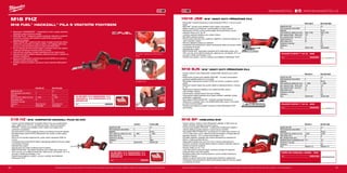 90 91
#MILWAUKEETOOL
M18 FHZ-0X M18 FHZ-502X
Kapacita aku (Ah) − 5.0
Počet dostupných akumulátorů 0 2
Nabíječka − 59 min
Počet zdvihů bez zatížení (zd./min) 0 - 3000 0 - 3000
Délka zdvihu (mm) 22 22
Hmotnost vč. aku (kg) − 2.6
Dodávaný v Heavy Duty kufr Heavy Duty kufr
Obj.č. 4933459887 4933459885
M18 BP-0 M18 BP-402C
Kapacita aku (Ah) − 4.0
Počet dostupných akumulátorů 0 2
Nabíječka − 80 min
Počet otáček bez zatížení (ot./min) 14,000 14,000
Šířka drážky (mm) 82 82
Max. hloubka řezání (mm) 2 2
Hloubkový doraz na polodrážku (mm) 10.7 10.7
Hmotnost vč. aku (kg) − 2.7
Dodávaný v − kufr
Obj.č. 4933451113 4933451114
M18 BJS-0 M18 BJS-402C
Kapacita aku (Ah) − 4.0
Počet dostupných akumulátorů 0 2
Nabíječka − 80 min
Počet zdvihů bez zatížení (zd./min) 0 - 2800 0 - 2800
Max. kapacita řezání - dřevo (mm) 135 135
Max. kapacita řezání - ocel (mm) 10 10
Délka zdvihu (mm) 25 25
Hmotnost vč. aku (kg) − 2.5
Dodávaný v − kufr
Obj.č. 4933451391 4933451389
HD18 JSB-0 HD18 JSB-402C
Kapacita aku (Ah) − 4.0
Počet dostupných akumulátorů 0 2
Nabíječka − 80 min
Počet zdvihů bez zatížení (zd./min) 2050 / 2700 2050 / 2700
Max. kapacita řezání - dřevo (mm) 120 120
Max. kapacita řezání - ocel (mm) 10 10
Kapacita pokosu (°) 45 45
Délka zdvihu (mm) 26 26
Hmotnost vč. aku (kg) − 2.9
Dodávaný v − kufr
Obj.č. 4933417845 4933426660
C18 HZ-0 C18 HZ-402B
Kapacita aku (Ah) − 4.0
Počet dostupných akumulátorů 0 2
Nabíječka − 80 min
Počet zdvihů bez zatížení (zd./min) 0 - 3000 0 - 3000
Délka zdvihu (mm) 20 20
Hmotnost vč. aku (kg) − 2.5
Dodávaný v − Taška
Obj.č. 4933416785 4933441340
M18 FHZ
M18 FUEL™
HACKZALL™
PILA S VRATNÝM POHYBEM
ºº Milwaukee®
POWERSTATE™
- bezkartáčový motor zvyšuje efektivitu,
životnost a dává maximum energie
ºº REDLINK PLUS™
inteligentní systém poskytuje nástrojům a bateriím
pokročilou ochranu proti přetížení a jedinečně zvyšuje výkon
nástroje při zatížení
ºº REDLITHIUM-ION™
bateriový blok nabízí vynikající konstrukci bloku,
elektroniku a provedení se stálou kvalitou, což zajišťuje delší dobu
provozu a více provedené práce po dobu životnosti bloku
ºº 22 mm dlouhý zdvih pro řízené řezání s rychlostí zdvihu bez zatížení
3 000 spm (stroke per minute) zdvihů za minutu
ºº Otočná bota umožňuje uživateli optimalizovat svou řezací pozici
ºº Zabudované LED osvětlení zlepšuje viditelnost při práci v místech se
špatným osvětlením
ºº Společností Milwaukee®
patentovaná svorka FIXTEC pro rychlou a
efektivní výměnu pilových listů
ºº Flexibilní bateriový systém: pracuje se všemi bateriemi Milwaukee®
M18™
Kompaktní design pro držení jednou
rukou
Osvětlení LED
10 KS SET; 2 X 49005460, 3 X
49005614, 3 X 49005424, 2 X
49005418
Obj.č. 49220220
Rychlá a snadná výměna pilových listů
C18 HZ | M18™
KOMPAKTNÍ HACKZALL PILKA NA KOV
ºº Vysoce výkonná Milwaukee®
kompaktní pilka na kov pro použití jednou
rukou, délka pouze 375 mm, je ideální pro práci v těsných prostorech
ºº REDLINK™
ochrana proti přetížení chrání nářadí i akumulátor před
extrémním namáháním
ºº Dvoupřevodové vyvážení redukuje vibrace a prodlužuje životnost nástroje
ºº Má patentované upnutí FIXTEC Milwaukee®
pro rychlou výměnu plátku
bez klíče
ºº Zdvih 20 mm pomáhá regulovat řez, počet zdvihů naprázdno 3000 za
minutu
ºº Individuální řízení jednotlivých článků optimalizuje odběr při provozu nářadí
a prodlužuje životnost
ºº Ukazatel stavu nabití
ºº Zabudované LED světlo osvětluje pracovní plochu
ºº REDLITHIUM-ION™
akumulátor poskytuje až 2x delší doba chodu, až o
20% více síly, až 2x delší životnost aku, lepší provoz i při teplotě -20 °C ve
srovnání s ostatní technologie Li-Ion
ºº Flexibilní akumulátorový systém - provoz s každým akumulátorem
Milwaukee®
M18™
10 KS SET; 2 X 49005460, 3 X
49005614, 3 X 49005424, 2 X
49005418
Obj.č. 49220220
Vyobrazené příslušenství je pouze ilustrativní. Pro další technické specifikace včetně údajů o hlučnosti a vibracích navštivte naši webovou stránku: www.milwaukeetool.cz
WWW.MILWAUKEETOOL.CZ
HD18 JSB | M18™
HEAVY DUTY PŘÍMOČARÁ PILA
ºº Milwaukee®
4-pólový bezrámový motor poskytuje 2700 ot. / min pro rychlé
řezání
ºº REDLINK™
ochrana proti přetížení chrání nářadí i akumulátor
ºº Měkký rozběh a 2 rychlosti pro vhodné otáčky pro daný materiál
ºº Patentovaný FIXTEC, rychlá výměna plátku bez použití klíče a rychlé
nastavení úkosu od 0° do 45°
ºº 4 polohy nastavení předkyvu pro zvýšení výkonu
ºº Stavitelné odsávání prachu
ºº Přesné vedení pilového listu s opěrným válečkem v jehlových ložiscích ve
velmi hlubokém uložení
ºº Slitinová základová deska pro odolnost
ºº Individuální řízení jednotlivých článků optimalizuje odběr při provozu nářadí
a prodlužuje životnost
ºº Ukazatel stavu nabití
ºº REDLITHIUM-ION™
akumulátor poskytuje až 2x delší doba chodu, až o
20% více síly, až 2x delší životnost aku, lepší provoz i při teplotě -20 °C ve
srovnání s ostatní technologie Li-Ion
ºº Flexibilní aku systém - provoz s každým akumulátorem Milwaukee®
M18™
PILOVÉ PLÁTKY T 101 B - 5KS
Obj.č. 4932254061
M18 BJS | M18™
HEAVY DUTY PŘÍMOČARÁ PILA
ºº Vysoce výkonný motor Milwaukee®
dodává 2800 úderů/min pro rychlé
řezání
ºº Elektronická ochrana proti přetížení REDLINK ™
ve stroji a akumulátoru
poskytuje nejdelší odolnost ve své třídě
ºº Milwaukee®
patentované upínání FIXTEC pro rychlou a snadnou výměnu
plátků
ºº Nastavení zkosení fasety bez použití nářadí na základové desce v rozmezí
0 - 45 °
ºº Pětistupňové nastavení předkyvu pro zvýšení řezného výkonu
ºº LED osvětlení obrobku
ºº Odvod prachu udržuje řeznou linku bez nečistot
ºº Odnímatelná měkká podložka se při řezání měkkých materiálů vyhýbá
poškrábání a poškození
ºº Akumulátory REDLITHIUM-ION ™
poskytují vynikající konstrukci,
elektroniku a neustálý výkon, což dodává delší dobu chodu a více práce
po dobu životnosti balení
ºº Flexibilní akumulátorový systém: pracuje se všemi Milwaukee®
M18™
akumulátory
PILOVÉ PLÁTKY T 101 B - 5KS
Obj.č. 4932254061
M18 BP | HOBLOVKA M18™
ºº Vysoce výkonný 4pólový motor Milwaukee®
zajišťuje 14 000 ot/min za
účelem dosažení optimální povrchové úpravy
ºº Ochrana proti přetížení REDLINK™
a elektronika konstantních otáček v
nástroji zajišťují nejvyšší odolnost a výkonnost ve své třídě
ºº Akumulátor REDLITHIUM-ION™
umožňuje až 2,5× delší dobu provozu, až
o 20 % větší výkon a až 2× delší životnost akumulátoru a funguje lépe při
teplotách blízkých −20 °C než jiné technologie Li-Ion
ºº Rychlejší odebírání materiálu díky dvěma oboustranným karbidovým
břitům v hoblované šířce 82 mm
ºº Nastavitelná hloubka řezu od 0 do 2 mm s dvaceti aretovatelnými
polohami umožňuje uživateli přesně nastavit množství materiálu, které se
odebere při jednom průjezdu
ºº Hloubka drážky až 10.7 mm
ºº Levé nebo pravé vyhazování třísek umožňuje uživateli při hoblování
směrovat třísky mimo jeho obličej
ºº Rozšířená přední část umožňuje přesné a rychlé umístění nástroje na
obráběný materiál
ºº Opěrka ve spodní části chrání obrobek před náhodným poškozením
ºº Individuální řízení jednotlivých článků optimalizuje odběr při provozu nářadí
a prodlužuje životnost
NOŽE DO HOBLÍKU, 82MM - 2KS
Obj.č. 4932273484
Vyobrazené příslušenství je pouze ilustrativní. Pro další technické specifikace včetně údajů o hlučnosti a vibracích navštivte naši webovou stránku: www.milwaukeetool.cz
 
