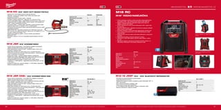 96 97
#MILWAUKEETOOL
M18 RC-0
Napětí (DC) (V) 18
Napětí (AC) (V) 220 - 240
Typ aku Li-ion
Kapacita aku (Ah) −
Počet dostupných akumulátorů 0
Nabíječka −
Rozměry (mm) 300 x 307 x 370
Výkon reproduktoru (W) 40
Hmotnost (kg) 7.7
Dodávaný v −
Obj.č. 4933446639
M12-18 JSSP-0
Kapacita aku (Ah) −
Počet dostupných akumulátorů 0
Nabíječka −
Rozměry (mm) 360 x 165 x 165
Výkon reproduktoru (W) 40
Hmotnost vč. aku (kg) 2.3
Dodávaný v −
Obj.č. 4933459275
M18 GG-0 M18 GG-201C
Kapacita aku (Ah) − 2.0
Počet dostupných akumulátorů 0 1
Nabíječka − 40 min
Podtlak (bar) 562 562
Hmotnost vč. aku (kg) − 3.9
Dodávaný v − kufr
Obj.č. 4933440493 4933440490
M18 JSR-0
Napětí (DC) (V) 18
Napětí (AC) (V) 220 - 240
Typ aku Li-ion
Kapacita aku (Ah) −
Počet dostupných akumulátorů 0
Nabíječka −
Rozsah ladění AM (kHz) 522 - 1629
Rozsah ladění FM (MHz) 87.50 - 108.00
Rozměry (mm) 402 x 197 x 197
Hmotnost vč. aku (kg) 4.9
Dodávaný v −
Obj.č. 4933451250
M18 JSR DAB+-0
Napětí (DC) (V) 18
Napětí (AC) (V) 220 - 240
Typ aku Li-ion
Kapacita aku (Ah) −
Počet dostupných akumulátorů 0
Nabíječka −
Rozsah ladění AM (kHz) −
Rozsah ladění FM (MHz) 87.50 - 108
Rozsah ladění DAB (MHz) 174.928 - 239.20
Rozměry (mm) 402 x 197 x 197
Hmotnost vč. aku (kg) 4.9
Dodávaný v −
Obj.č. 4933451251
M18 GG | M18™
HEAVY DUTY MAZACÍ PISTOLE
ºº Výkonný 18 V motor dodává provozní tlak přes 562 barů
ºº REDLINK™
ochrana proti přetížení chrání nářadí i akumulátor před
extrémním namáháním
ºº Nejdelší doba práce na jedno nabití - 7 kartridží
ºº Vynikající vyvážení a ergonomie - délka 355 mm, hmotnost 3,9 kg
ºº Vzduch propouštějící klapka - nejdůležitější mechanismus pro rychlý proud
ºº Integrované místo na uložení hadičky, ramenní popruh, LED ukazatel míry
nabití - zvýšení uživatelského komfortu
ºº Tři způsoby plnění - z velkého balení, kartridže a vysátí schopného balení
ºº Kapacita maziva 400 ml v kartridži, 473 ml z velkého balení
ºº Individuální řízení jednotlivých článků optimalizuje odběr při provozu nářadí
a prodlužuje životnost
ºº REDLITHIUM-ION™
akumulátor poskytuje až 2x delší doba chodu, až o
20% více síly, až 2x delší životnost aku, lepší provoz i při teplotě -20 °C ve
srovnání s ostatní technologie Li-Ion
ºº Flexibilní akumulátorový systém - provoz s každým akumulátorem
Milwaukee®
M18™
ºº Standardní vybavení: 1219 mm vysokotlaká ohebná hadička s pružným
krytem
M18 JSR | M18™
STAVEBNÍ RÁDIO
ºº Vysoce výkonný audiosystém – tuner AM/FM s digitálním procesorem
zajišťuje nejvyšší přesnost příjmu a čistotu signálu
ºº Duální reproduktory s pasivními zářiči – poskytují hlasitý a čistý zvuk s
hlubokými a přesnými basy
ºº Nastavitelný ekvalizér pro vyšší kvalitu zvuku a 10 předvoleb stanic
ºº Ochranné koncové kryty a kovové mřížky reproduktorů – chrání před pády,
vodou a nečistotami na pracovišti
ºº Integrované rukojeti – umožňují snadnou přepravu a skladování
ºº Napájení akumulátory Milwaukee®
M18™
nebo ze sítě. Doba provozu až 12
hodin s akumulátorem M18™
REDLITHIUM-ION™
5,0 Ah
ºº Vodotěsná přídavná přihrádka na zařízení chrání mobilní zařízení
ºº Chráněná 2,1 A USB zástrčka - napájí elektronická zařízení jako v AC tak
i v DC režimu
ºº Dodává se s přídavným vstupním kabelem, 2 x AAA baterie. Milwaukee®
baterie se prodávají samostatně
M18 JSR DAB+ | M18™
STAVEBNÍ RÁDIO DAB+
ºº Vysoce výkonný audiosystém – tuner DAB+/FM s digitálním procesorem
zajišťuje nejvyšší přesnost příjmu a čistotu signálu
ºº DAB+ poskytuje vynikající kvalitu zvuku a doplňkové informace, jako jsou:
název skladby, zpěvák/skupina, pořad, přesný čas…
ºº Duální reproduktory s pasivními zářiči – poskytují hlasitý a čistý zvuk s
hlubokými a přesnými basy
ºº Nastavitelný ekvalizér pro vyšší kvalitu zvuku a 10 předvoleb stanic
ºº Ochranné koncové kryty a kovové mřížky reproduktorů – chrání před pády,
vodou a nečistotami na pracovišti
ºº Integrované rukojeti – umožňují snadnou přepravu a skladování
ºº Napájení akumulátory Milwaukee®
M18™
nebo ze sítě. Doba provozu až 12
hodin s akumulátorem M18™
REDLITHIUM-ION™
5,0 Ah
ºº Vodotěsná přídavná přihrádka na zařízení chrání mobilní zařízení
ºº Chráněná 2,1 A USB zástrčka - napájí elektronická zařízení jako v AC tak
i v DC režimu
ºº Dodává se s přídavným vstupním kabelem, 2 x AAA baterie. Milwaukee®
baterie se prodávají samostatně
Vyobrazené příslušenství je pouze ilustrativní. Pro další technické specifikace včetně údajů o hlučnosti a vibracích navštivte naši webovou stránku: www.milwaukeetool.cz
WWW.MILWAUKEETOOL.CZ
M18 RC
M18™
RÁDIO/NABÍJEČKA
ºº Funkce nabíječky umožňuje rychlé a pohodlné nabíjení jakéhokoliv
akumulátoru M18™
nebo elektronických zařízení přes USB port
ºº Digitální bluetooth přijímač: přehrávání hudby až 30 metrů od
telefonu, počítači nebo tabletu
ºº AC/DC všestrannost: pohon pomocí Milwaukee®
M18™
baterií nebo
AC zásuvkou
ºº Exkluzivní AM/FM rádio s digitálním procesorem poskytuje vynikající
příjem, přesný a jasný signál
ºº Prvotřídní mikrofony a 40 W zesilovače nabízejí plný a bohatý zvuk
ºº Kryt je odolný proti povětrnosti a chrání MP3 přehrávače a další
audio techniku
ºº Zesilnený klec a kovové madlo chrání před poškozením v pracovním
prostředí
ºº Nastavitelný ekvalizér a možnost nastavení 10 stanic
ºº Chráněné 2,1 Amp USB napájecí zásuvka nabíjí zařízení v režimu
AC i DC
ºº Standardní vybavení: zásuvka pro připojení externího zařízení, 2 x
AAA baterie, Milwaukee®
akumulátory dodávané zvlášt
Funkce nabíječky pro elektronické
zařízení
Integrovaná nabíječka pro M18™
akumulátory
Kryt je odolný proti povětrnostiZabudovaný otvírák na láhev Digitální Bluetooth®
přijímač
M12-18 JSSP | M12™
- M18™
BLUETOOTH®
REPRODUKTOR
ºº Pokročilá technologie Bluetooth®
jobsite speaker
ºº Dosah Bluetooth®
až do 30 m
ºº Flexibilní akumulátorový systém: použitelný se všemi Milwaukee®
M12™

M18™
akumulátory
ºº IP54 ochrana proti prachu a stříkající vodě
ºº Čistý a jasný zvuk při všech hlasitostech
ºº 2,1 Ah nabíječka USB nabíjí telefony, tablety a přehrávače médií
ºº Špičkový reproduktor s basovým portem
Vyobrazené příslušenství je pouze ilustrativní. Pro další technické specifikace včetně údajů o hlučnosti a vibracích navštivte naši webovou stránku: www.milwaukeetool.cz
 