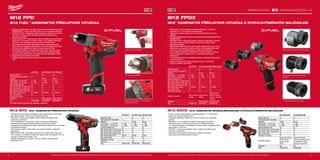 8 9
#MILWAUKEETOOL
M12 FPD-0 M12 FPD-202X M12 FPD-602X
Kapacita aku (Ah) − 2.0 6.0
Počet dostupných akumulátorů 0 2 2
Nabíječka − 40 min 90 min
Počet otáček - 1.st. (ot./min) 0 - 450 0 - 450 0 - 450
Počet otáček - 2.st. (ot./min) 0 - 1700 0 - 1700 0 - 1700
Kapacita sklíčidla (mm) 13 13 13
Max. průměr vrtání do dřeva (mm) 35 35 35
Max. průměr vrtání do oceli (mm) 13 13 13
Max. průměr vrtání do zdiva (mm) 13 13 13
Max. počet úderů (ú./min) 0 - 25,500 0 - 25,500 0 - 25,500
Max. moment (Nm) 44 37 44
Hmotnost vč. aku (kg) − 1.2 1.5
Dodávaný v − Heavy Duty kufr Heavy Duty kufr
Obj.č. 4933459801 4933459802 4933459806
M12 BDDX-202C M12 BDDXKIT-202C
Kapacita aku (Ah) 2.0 2.0
Počet dostupných akumulátorů 2 2
Nabíječka 40 min 40 min
Počet otáček - 1.st. (ot./min) 0 - 400 0 - 400
Počet otáček - 2.st. (ot./min) 0 -1500 0 -1500
Kapacita sklíčidla (mm) 10 10
Max. průměr vrtání do dřeva (mm) 25 25
Max. průměr vrtání do oceli (mm) 10 10
Max. moment (Nm) 32 32
Hmotnost vč. aku (kg) 1.2 1.2
Standardní vybavení
Snímatelné sklíčidlo
FIXTEC, klip na
opasek, 25 mm
bit PZ2
Snímatelné sklíčidlo
FIXTEC, posuvové upevnění,
pravoúhlá hlava, klip na
opasek, 25 mm bit PZ2
Dodávaný v kufr kufr
Obj.č. 4933447830 4933447836
M12 FPDX-0 M12 FPDX-202X M12 FPDXKIT-202X
Kapacita aku (Ah) − 2.0 2.0
Počet dostupných akumulátorů 0 2 2
Nabíječka − 40 min 40 min
Počet otáček - 1.st. (ot./min) 0 - 450 0 - 450 0 - 450
Počet otáček - 2.st. (ot./min) 0 - 1700 0 - 1700 0 - 1700
Kapacita sklíčidla (mm) 13 13 13
Max. průměr vrtání do dřeva (mm) 35 35 35
Max. průměr vrtání do oceli (mm) 13 13 13
Max. průměr vrtání do zdiva (mm) 13 13 13
Max. počet úderů (ú./min) 0 - 25,500 0 - 25,500 0 - 25,500
Max. moment (Nm) 44 37 37
Hmotnost vč. aku (kg) − 1.2 1.2
Standardní vybavení
Rychlovýměnné
sklíčidlo
Rychlovýměnné
sklíčidlo
Rychlovýměnné
sklíčidlo, mimoosý
nástavec, pravoúhlý
nástavec
Dodávaný v − Heavy Duty kufr Heavy Duty kufr
Obj.č. 4933464135 4933464136 4933464138
M12 BPD-0 M12 BPD-202C M12 BPD-402C
Kapacita aku (Ah) − 2.0 4.0
Počet dostupných akumulátorů 0 2 2
Nabíječka − 40 min 80 min
Počet otáček - 1.st. (ot./min) 0 - 400 0 - 400 0 - 400
Počet otáček - 2.st. (ot./min) 0 - 1500 0 - 1500 0 - 1500
Kapacita sklíčidla (mm) 10 10 10
Max. průměr vrtání do dřeva (mm) 22 22 22
Max. průměr vrtání do oceli (mm) 10 10 10
Max. průměr vrtání do zdiva (mm) 10 10 10
Max. počet úderů (ú./min) 22,500 22,500 22,500
Max. moment (Nm) 30 30 38
Hmotnost vč. aku (kg) − 1.2 1.5
Dodávaný v − kufr kufr
Obj.č. 4933441950 4933441940 4933441935
M12 FPD
M12 FUEL™
KOMPAKTNÍ PŘÍKLEPOVÁ VRTAČKA
ºº Společnost Milwaukee®
navrhla a zkonstruovala bezkartáčový motor
POWERSTATE™
, který dává větší výkon ve více kompaktní velikosti
ºº REDLINK PLUS™
inteligentní systém poskytuje nástrojům a bateriím
pokročilou ochranu proti přetížení a jedinečně zvyšuje výkon
nástroje při zatížení
ºº REDLITHIUM-ION™
bateriový blok nabízí vynikající konstrukci bloku,
elektroniku a provedení se stálou kvalitou, což zajišťuje delší dobu
provozu a více provedené práce po dobu životnosti bloku
ºº Individuální monitorování bateriových článků optimalizuje dobu
práce nástroje a zajišťuje dlouhodobou životnost bateriového bloku
ºº 13 mm kovové sklíčidlo pro rychlé změny a upevnění bitů
ºº Elektronická spojka se 16 nastaveními kroutícího momentu plus 1
pro zablokování spojky vrtání a 1 pro zablokování spojky kladiva
ºº Ukazatel stavu akumulátoru zobrazuje hodnotu zbývajícího nabití
ºº Nejjasnější LED osvětlení pracoviště
ºº Flexibilní bateriový systém: pracuje se všemi bateriemi Milwaukee®
M12™
Více síly, více kompaktní
13 mm kovové sklíčidlo
Elektronická spojka s 13 nastaveními
točivého momentuPro další variace soupravy se zeptejte v obchodě
M12 BPD | M12™
KOMPAKTNÍ PŘÍKLEPOVÁ VRTAČKA
ºº Vysokovýkonná kompaktní příklepová vrtačka Milwaukee®
o délce 190
mm, který je ideální pro práci ve stísněném prostoru
ºº REDLINK™
ochrana proti přetížení chrání nářadí i akumulátor před
extrémním namáháním
ºº 10 mm skličidlo pro rychlé upnutí celého sortimentu příslušenství
ºº Optimalizovaná rukojeť pro lepší kontrolu a komfortní uchopení
ºº Individuální řízení jednotlivých článků optimalizuje odběr při provozu nářadí
a prodlužuje životnost
ºº Ukazatel stavu nabití a LED světlo-pro pohodlí uživatele v nejasných
prostorách
ºº REDLITHIUM-ION™
akumulátor poskytuje až 2x delší doba chodu, až o
20% více síly, až 2x delší životnost aku, lepší provoz i při teplotě -20 °C ve
srovnání s ostatní technologie Li-Ion
ºº Flexibilní akumulátorový systém - provoz s každým akumulátorem
Milwaukee®
M12™
Vyobrazené příslušenství je pouze ilustrativní. Pro další technické specifikace včetně údajů o hlučnosti a vibracích navštivte naši webovou stránku: www.milwaukeetool.cz
WWW.MILWAUKEETOOL.CZ
M12 FPDX
M12™
KOMPAKTNÍ PŘÍKLEPOVÁ VRTAČKA S RYCHLOVÝMĚNNÝM SKLÍČIDLEM
ºº Milwaukee®
vysoko jakostní kompaktní příklepová vrtačka se
systémem 6-v-1 pro extrémní univerzálnost
ºº Vyjímatelný upínací systém se třemi různými hlavami pro různé
aplikace
ºº Společnost Milwaukee®
navrhla a zkonstruovala bezkartáčový motor
POWERSTATE™
ºº REDLINK PLUS™
inteligentní systém poskytuje nástrojům a bateriím
pokročilou ochranu proti přetížení a jedinečně zvyšuje výkon
nástroje při zatížení
ºº REDLITHIUM-ION™
bateriový blok nabízí vynikající konstrukci bloku,
elektroniku a provedení se stálou kvalitou, což zajišťuje delší dobu
provozu a více provedené práce po dobu životnosti bloku
ºº 13 mm sklíčidlo bez klíče, celokovová 1
/4˝pohonná hlava v pravém
úhlu s šestihranem a celokovová 1
/4˝ offset pohonná hlava s
šestihranem
ºº
1
/4 “šestihranný pohon za sklíčidlem snižuje v případě potřeby délku
vrtání na 125 mm
ºº Celokovová planetární převodovka pro extrémní trvanlivost
ºº LED pro osvětlení pracoviště
Ofsetová hlava pro práci blízko okrajů
Hlava v pravém úhlu pro stísněné
prostory
1
/4˝ šestihranný pohon sklíčidla
M12 BDDX | M12™
KOMPAKTNÍ VRTAČKA/ŠROUBOVÁK S RYCHLOVÝMĚNNÝM SKLÍČIDLEM
ºº Vysoce výkonný subkompaktní vrtačka/šroubovák 4-v-1 Milwaukee®
systém pro extrémní všestrannost
ºº Snímatelný sklíčidlový systém se 3 různými hlavami pro nejrůznější
aplikace
ºº Standardní 10 mm bezklíčové sklíčidlo, celokovová pravoúhlá ¼”
šestihranná hlava a celokovová posuvová ¼” šestihranná hlava
ºº ¼” vrtačka/šroubovák za sklíčidlovým úchytem zkrátí v případě potřeby
délku držáku na 153 mm
ºº REDLINK™
ochrana proti přetížení chrání nářadí i akumulátor před
extrémním namáháním
ºº Celokovová planetová převodovka pro extrémní trvanlivost
ºº LED světlo pro osvětlení pracovní plochy
Vyobrazené příslušenství je pouze ilustrativní. Pro další technické specifikace včetně údajů o hlučnosti a vibracích navštivte naši webovou stránku: www.milwaukeetool.cz
 