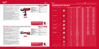 #MILWAUKEETOOL
105104 105
#MILWAUKEETOOL
M18 HCCT-201C
Kapacita aku (Ah) 2.0
Počet dostupných akumulátorů 1
Nabíječka 40 min
Krimpovací síla [kN] 53
Rozsah krimpování [mm2] 16 - 300
čas krimpování [s]  3
počet krimpovacích cyklů na jedno nabití  250 on a 70 mm² copper connector
Počet cyklů 30,000
Hmotnost vč. aku (kg) 3.7
Dodávaný v kufr
Obj.č. 4933451194
M18 HCCT109/42-522C
Kapacita aku (Ah) 1 x 5.0 + 1 x 2.0
Počet dostupných akumulátorů 2
Nabíječka 59 min
Krimpovací síla [kN] 109
Rozsah krimpování [mm2] 16 - 400
Otevírací kapacita čelisti pro trubky (mm) 42
Hmotnost vč. aku (kg) 5.6
Dodávaný v kufr
Obj.č. 4933459273
M18 HCCT109/42 M18 HCCT
Typ Tvar Velikost kabelového oka (mm² ) Charakteristika produktu Obj.č. Charakteristika produktu Obj.č.
NF C 20-130 for copper
compression cable lugs
Hex
16 NF13 Cu 16 4932459453 NF22 Cu 16 4932451733
25 NF13 Cu 25 4932459454 NF22 Cu 25 4932451734
35 NF13 Cu 25 4932459455 NF22 Cu 35 4932451735
50 NF13 Cu 50 4932459456 NF22 Cu 50 4932451736
70 NF13 Cu 70 4932459457 NF22 Cu 70 4932451737
95 NF13 Cu 95 4932459458 NF22 Cu 95 4932451738
120 NF13 Cu 120 4932459459 NF22 Cu 120 4932451739
150 NF13 Cu 150 4932459460 NF22 Cu 150 4932451740
185 NF13 Cu 185 4932459461 NF22 Cu 185 4932451741
240 NF13 Cu 240 4932459462 NF22 Cu 240 4932451742
300 NF13 Cu 300 4932459463 NF22 Cu 300 4932451743
400 NF13 Cu 400 4932459464 - -
DIN 46235 pro měděné oka
a spojky (DIN 46267)
Hex
16 DIN13 Cu 16 4932459465 DIN22 Cu 16 4932451744
25 DIN13 Cu 25 4932459466 DIN22 Cu 25 4932451745
35 DIN13 Cu 35 4932459467 DIN22 Cu 35 4932451746
50 DIN13 Cu 50 4932459468 DIN22 Cu 50 4932451747
70 DIN13 Cu 70 4932459469 DIN22 Cu 70 4932451748
95 DIN13 Cu 95 4932459470 DIN22 Cu 95 4932451749
120 DIN13 Cu 120 4932459471 DIN22 Cu 120 4932451750
150 DIN13 Cu 150 4932459472 DIN22 Cu 150 4932451751
185 DIN13 Cu 185 4932459473 DIN22 Cu 185 4932451752
240 DIN13 Cu 240 4932459474 DIN22 Cu 240 4932451753
300 DIN13 Cu 300 4932459475 DIN22 Cu 300 4932451754
400 DIN13 Cu 400 4932459476 - -
Trubková kabelová oka a
konektory. Hex
16 R13 Cu 16 4932459494 R22 Cu 16 4932451755
25 R13 Cu 25 4932459495 R22 Cu 25 4932451756
35 R13 Cu 35 4932459496 R22 Cu 35 4932451757
50 R13 Cu 50 4932459497 R22 Cu 50 4932451758
70 R13 Cu 70 4932459498 R22 Cu 70 4932451759
95 R13 Cu 95 4932459499 R22 Cu 95 4932451760
120 R13 Cu 120 4932459500 R22 Cu 120 4932451761
150 R13 Cu 150 4932459501 R22 Cu 150 4932451762
185 R13 Cu 185 4932459502 R22 Cu 185 4932451763
240 R13 Cu 240 4932459503 R22 Cu 240 4932451764
300 R13 Cu 300 4932459504 R22 Cu 300 4932451765
400 R13 Cu 400 4932459505 - -
Terminály z nepálé mědi
(DIN 46234, DIN 46230,
DIN 46341)
Půlkulatá odrážka
16 Q13 CU 16 4932459477 Q22 CU 16 4932451766
25 Q13 CU 25 4932459478 Q22 CU 25 4932451767
35 Q13 CU 35 4932459479 Q22 CU 35 4932451768
50 Q13 CU 50 4932459480 Q22 CU 50 4932451769
70 Q13 CU 70 4932459481 Q22 CU 70 4932451770
95 Q13 CU 95 4932459482 - -
DIN Hliník pro kompresní
kabely a konektory (DIN
46329, 46267 Part 1 and 2,
DIN EN 50182)
Hex
16/25 DIN13 AL 16/25 4932459506 DIN22 AL 16/25 4932451771
35 DIN13 AL 35 4932459507 DIN22 AL 35 4932451772
50 DIN13 AL 50 4932459508 DIN22 AL 50 4932451773
70 DIN13 AL 70 4932459509 DIN22 AL 70 4932451774
95/120 DIN13 AL 95/120 4932459510 DIN22 AL 95/120 4932451775
150 DIN13 AL 150 4932459511 DIN22 AL 150 4932451776
185 DIN13 AL 185 4932459512 DIN22 AL 185 4932451777
240 DIN13 AL 240 4932459513 DIN22 AL 240 4932451778
300 DIN13 AL 300 4932459514 - -
Předem zaokrouhlené
hliníkové a mědené vodiče
trojúhelníkového tvaru.
Round
16 RU13 Cu/Al16 4932459483 RU22 Cu/Al 16 4932451780
35/25 RU13 Cu35/AL25 4932459484 RU22 Cu35/AL25 4932451781
50/35 RU13 Cu50/AL35 4932459485 RU22 Cu50/AL35 4932451782
70/50 RU13 Cu70/AL50 4932459486 RU22 Cu70/AL50 4932451783
95/70 RU13 Cu95/AL70 4932459487 RU22 Cu95/AL70 4932451784
120/95 RU13 Cu120/AL95 4932459488 RU22 Cu120/AL95 4932451785
150/120 RU13 Cu150/AL120 4932459489 RU22 Cu150/AL120 4932451786
185/150 RU13 Cu185/AL150 4932459490 RU22 Cu185/AL150 4932451787
240/185 RU13 Cu240/AL185 4932459491 RU22 Cu240/AL185 4932451788
300/240 RU13 Cu300/AL240 4932459492 RU22 Cu300/AL240 4932451789
400/300 RU13 Cu400/AL300 4932459493 - -
Příruby Lichoběžník
16 AEH13 Cu 16 4932459515 - -
25 AEH13 Cu 25 4932459516 - -
35 AEH13 Cu 35 4932459517 - -
50 AEH13 Cu 50 4932459518 - -
70 AEH13 Cu 70 4932459519 - -
95 AEH13 Cu 95 4932459520 - -
120 AEH13 Cu 120 4932459521 - -
150 AEH13 Cu 150 4932459522 - -
185 AEH13 Cu 185 4932459523 - -
240 AEH13 Cu 240 4932459524 - -
C uzávěr Ovál
16 C13 Cu 16 4932459525 - -
25 C13 Cu 25 4932459526 - -
35 C13 Cu 35 4932459527 - -
50 C13 Cu 50 4932459528 - -
70 C13 Cu 70 4932459529 - -
10 C13 Cu 10 4932459530 - -
10-35 C13 Cu 10-35 4932459531 - -
25-50 C13 Cu 25-50 4932459532 - -
35-70 C13 Cu 35-70 4932459533 - -
H svorky Ovál
70 HAH13 Cu 70 4932459534 - -
95 HAH13 Cu 95 4932459535 - -
120 HAH13 Cu 120 4932459536 - -
Dvojitě lisované kabelové patky Ovál
2x50 DP13 Cu 2x50 4932459537 - -
2x70 DP13 Cu 2x70 4932459538 - -
2x95 DP13 Cu 2x95 4932459539 - -
M18 HCCT109/42 | M18™
FORCE LOGIC™
HYDRAULICKÉ KRIMPOVACÍ KLEŠTĚ NA KABELY - 109 KN
ºº Hydraulické krimpovací kleště FORCE LOGIC ™
krimpují koncovky kabelů
silou 109 kN
ºº Bezuhlíkový motor Milwaukee®
POWERSTATE ™
poskytuje vyšší účinnost,
má delší životnost a vyvíjí maximální výkon
ºº Nejlehčí a nejvíce vyvážený nástroj s ergonomickým designem rukojeti
ºº Šířka otevírání čelistí 42 mm a otočná hlava o 350 ° poskytuje snadné
lisování i v méně přístupných místech
ºº Červené zarovnávací značky na čelisti nástrojů pomáhají přesnému
nasazení
ºº Funkce PFM ™
(Predictive Force Monitoring) zajišťuje plný tlak a poskytuje
okamžité ověření tlaku pomocí zeleného indikátoru
ºº Umožňuje krimpovat spojky až do průřezu 400mm²
ºº Univerzální uchycení pro nejběžnější čelisti U (čelisti ve tvaru C ) na trhu
ºº Stroj nahrává a skladuje všechny krimpovací úkony pro profesionální
přehled díky ONE-KEY™
aplikaci a ONE-KEY™
adaptéru
ºº Předkrimpovací zkouška stavu akumulátoru automaticky vyhodnotí, jestli je
dostatečně nabitá pro dokončení úkonu.
ºº Utěsněná elektronika odolává drsnému prostředí, prachu a vlhkosti
ºº Individuální monitorování akumulátorů REDLINK ™
optimalizuje dobu
chodu stroje a zajišťuje jejich dlouhou životnost
ºº REDLITHIUM-ION akumulátory poskytují až 2,5x delší dobu chodu, až o
20% více síly, až 2x delší životnost aku, lepší provoz i při teplotě -20°C ve
srovnání s ostatními technologiemi Li-ion
ºº Flexibilní akumulátorový systém: pracuje se všemi bateriemi Milwaukee®
M18 ™
SKŘÍŇKA NA KRIMPOVACÍ ČELIS-
TI PRO M18 HCCT109/42. ČELIS-
TI NEJSOU SOUČÁSTÍ DODÁVKY.
Obj.č. 4932464211
M18 HCCT | M18™
FORCE LOGIC™
HYDRAULICKÉ KRIMPOVACÍ KLEŠTĚ NA KABELY
ºº Hydraulické krimpovací kleště na kabely FORCE LOGIC™
krimpují kabel za
méně než 3 sekundy sílou 53 kN
ºº Milwaukee®
je autorem i výrobcem motorů bezuhlíkového POWERSTATE™
motora, který dodávka až 4x větší životnost
ºº Nejlépe vyvážený nástroj a nejsnadnější kontrola díky jednoruční obsluze
ºº Kompaktní řadová a úzká konstrukce čelistí s otočnou hlavou 350°
umožňuje lisování i v úzkých prostorech
ºº Revoluční čelist přidržuje spojku za účelem nejlepšího vyrovnání kabela a
spojky
ºº PFM™
(prediktivní monitorování síly): Automaticky upravuje výkon podle
spojky, čímž zajišťuje optimální tlak v každém okamžiku a vizualizaci
prostřednictvím zelené kontrolky
ºº Umožňuje lisovat oka až do 300 mm² v mědi a 240 mm² v hliníku
ºº Univerzální uchycení pro nejběžnější 60kN čelisti U (čelisti ve tvaru C) na
trhu
ºº Nástroj zaznamenává a ukládá každý úkon lisování. Povolený systém
ONE-KEY™
pro vytváření profesionálních protokolů prostřednictvím
adaptéru ONE-KEY™
nebo aplikace ONE-KEY™
ºº Dlouhodobá spolehlivost FORCE LOGIC™
: Bezkonkurenčních 30 000 cyklů
mezi kalibracemi – nástroj bude pokračovat v práci po dosažení 30 000
cyklů
ºº Utěsněná elektronika odolává náročným podmínkám s nečistotami,
prachem a vlhkostí
ºº Komunikace akumulátorového nástroje: krimppování se nespustí, aby
nedošlo k částečnému krimpování v případě málo nabitého akumulátoru
ºº REDLINK ™
individuální monitorovací buňka akumulátora optimalizuje
životnost nástroje a zajišťuje dlouhodobou trvanlivost
ºº REDLITHIUM-ION™
akumulátor poskytuje až 2,5x delší doba chodu, až o
20% více síly, až 2x delší životnost aku, lepší provoz i při teplotě -20 °C ve
srovnání s ostatní technologie Li-Ion
BOX NA KRIMPOVACÍ ČELISTI
PRO M18 HCCT. ČELISTI NEJSOU
SOUČÁSTÍ DODÁVKY
Obj.č. 4932459339
Vyobrazené příslušenství je pouze ilustrativní. Pro další technické specifikace včetně údajů o hlučnosti a vibracích navštivte naši webovou stránku: www.milwaukeetool.cz
WWW.MILWAUKEETOOL.CZ
KRIMPOVACÍ ČELISTI
 