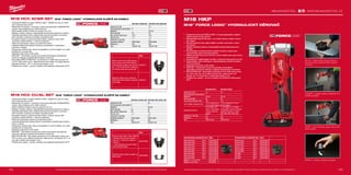 108 109
#MILWAUKEETOOL
M18 HCC-0 CU/AL-SET M18 HCC-201C CU/AL-SET
Kapacita aku (Ah) − 2.0
Počet dostupných akumulátorů 0 1
Nabíječka − 40 min
Řezná síla (kN) 53 53
Max. průměr řezání (mm) 35 35
Doba řezu [s]  3  3
Hmotnost vč. aku (kg) − 3.7
Standardní vybavení CU/AL čelisti CU/AL čelisti
Dodávaný v kufr kufr
Obj.č. 4933451201 4933451199
M18 HCC-0 ACSR-SET M18 HCC-201C ACSR-SET
Kapacita aku (Ah) − 2.0
Počet dostupných akumulátorů 0 1
Nabíječka − 40 min
Řezná síla (kN) 53 53
Max. průměr řezání (mm) 22.5 22.5
Doba řezu [s]  3  3
Hmotnost vč. aku (kg) − 3.7
Standardní vybavení ACSR čelisti ACSR čelisti
Dodávaný v kufr kufr
Obj.č. 4933451198 4933451196
M18 HKP-201C M18 HKP-201CA
Kapacita aku (Ah) 2.0 2.0
Počet dostupných akumulátorů 1 1
Nabíječka 40 min 40 min
děrovací síla [kN] 60 60
max průměr děrování [mm] 100 100
max. tloušťka materiálu [mm]
2,5 su acciaio inox e
3,0 su acciaio leggero
2,5 su acciaio inox e 3,0 su
acciaio leggero
Standardní vybavení
7/16˝ hřebec, 3/4˝
hřebec, rychlospojka,
kruhový vytahovač,
adaptér
7 / 16˝ hřebec, 3 / 4˝ hřebec,
rychlospojka, kruhový vytahovač,
adaptér, děrovačky a raznice:
M16, M20, M25, M32, M40
Hmotnost vč. aku (kg) 2.3 2.3
Dodávaný v kufr kufr
Obj.č. 4933451202 4933451204
Charakteristika produktu Ø (mm) Obj.č. Charakteristika produktu Ø (mm) Obj.č.
Děrovačka M16 16.2 4932430841 Raznice M16 16.2 4932430913
Děrovačka PG16 22.5 4932430843 Raznice M16 22.5 4932430915
Děrovačka M20 20.4 4932430842 Raznice M16 20.4 4932430914
Děrovačka PG21 28.3 4932430845 Raznice PG21 28.3 4932430917
Děrovačka M25 25.4 4932430844 Raznice M25 25.4 4932430916
Děrovačka M32 32.5 4932430846 Raznice M32 32.5 4932430918
Děrovačka M40 40.5 4932430847 Die M40 40.5 4932430919
Děrovačka M50 50.5 4932430848 Die M50 50.5 4932430920
Děrovačka M63 63.5 4932430849 Die M63 63.5 4932430921
Nákřes 11.1 mm (7/16˝) 49162680
Nákřes 19 mm (3/4˝) 49162681
Obj.č.
Nože pro řezání mědi / hliníku. Měděné
/ hliníkové běžné dráty do velikosti 4
x 50 mm², 1 x 500 mm² v hliníku a 1
x 400mm²
v mědi. Nevhodné pro jemné drátky /
vysoce flexibilní kabely.
4932430839
Náhradní nůžky na kable s použitím na
měď a hliník.
4932430840
Obj.č.
Nože pro řezání oceli. ACSS-hliníkový
drát s vodivou ocelí a ACSR-hliníkový
zpevněný drát s vodivou ocelí, tedy 94-
AL1 / 15 ST1A (EN 50182). Nevhodné
pro obrněné dráty nebo ocelové tyče.
49162773
Náhradní nůžky pro ocel a kable pro
ACSR čelisti. Není vhodné pro pancéřo-
vané kabely.
48440412
M18 HCC ACSR-SET | M18™
FORCE LOGIC™
HYDRAULICKÉ KLEŠTĚ NA KABELY
ºº Hydraulické kleště na kabely FORCE LOGIC™
přestřihnou lano za méně
než 3 sekundy silou 53 kN
ºº Milwaukee®
je autorem i výrobcem motorů bezuhlíkového POWERSTATE™
motora, který dodávka až 4x větší životnost
ºº Střihá kabely ACSR a ACSS do průměru 22,5 mm
ºº Nejlépe vyvážený nástroj a nejsnadnější kontrola díky jednoruční obsluze
ºº Optimální geometrie ostří a patentovaná konstrukce čelistí s ochranou
proti rozevření umožňují po instalaci okamžité použití
ºº Kompaktní řadová a úzká konstrukce čelistí s otočnou hlavou 350°
umožňuje snadné stříhání i v úzkých prostorech
ºº Čelisti se automaticky otevřou po dokončení střihu
ºº Utěsněná elektronika odolává náročným podmínkám s nečistotami,
prachem a vlhkostí
ºº Integrovaný závěsný hák, který je kompatibilní s ručními řadami, pro vyšší
bezpečnost na pracovišti
ºº Vestavěný palivoměr a LED světlo
ºº REDLINK ™
individuální monitorovací buňka akumulátora optimalizuje
životnost nástroje a zajišťuje dlouhodobou trvanlivost
ºº Akumulátor REDLITHIUM-ION™
umožňuje až 2× delší dobu provozu, až
o 20 % větší výkon a až 2× delší životnost akumulátoru a funguje lépe při
teplotách blízkých −20 °C než jiné technologie Li-Ion
ºº Flexibilní aku systém - provoz s každým akumulátorem Milwaukee®
M18™
M18 HCC CU/AL-SET | M18™
FORCE LOGIC™
HYDRAULICKÉ KLEŠTĚ NA KABELY
ºº Hydraulické kleště na kabely FORCE LOGIC™
přestřihnou lano za méně
než 3 sekundy silou 53 kN
ºº Milwaukee®
je autorem i výrobcem motorů bezuhlíkového POWERSTATE™
motora, který dodávka až 4x větší životnost
ºº Střihá měděná a hliníková lana do průměru 35 mm
ºº Nejlépe vyvážený nástroj a nejsnadnější kontrola díky jednoruční obsluze
ºº Optimální geometrie ostří a patentovaná konstrukce čelistí s ochranou
proti rozevření umožňují po instalaci okamžité použití
ºº Kompaktní řadová a úzká konstrukce čelistí s otočnou hlavou 350°
umožňuje snadné stříhání i v úzkých prostorech
ºº Čelisti se automaticky otevřou po dokončení střihu
ºº Uzavřené elektronika odoláva drsným podmínkám prostředí jako je špína,
prach a vlhkost
ºº Integrovaný závěsný hák, který je kompatibilní s ručními řadami, pro vyšší
bezpečnost na pracovišti
ºº Vestavěný palivoměr a LED světlo
ºº REDLINK ™
individuální monitorovací buňka akumulátora optimalizuje
životnost nástroje a zajišťuje dlouhodobou trvanlivost
ºº REDLITHIUM-ION™
akumulátor poskytuje až 2,5x delší doba chodu, až o
20% více síly, až 2x delší životnost aku, lepší provoz i při teplotě -20 °C ve
srovnání s ostatní technologie Li-Ion
ºº Flexibilní aku systém - provoz s každým akumulátorem Milwaukee®
M18™
Vyobrazené příslušenství je pouze ilustrativní. Pro další technické specifikace včetně údajů o hlučnosti a vibracích navštivte naši webovou stránku: www.milwaukeetool.cz
WWW.MILWAUKEETOOL.CZ
M18 HKP
M18™
FORCE LOGIC™
HYDRAULICKÝ DĚROVAČ
ºº Hydraulický děrovač FORCE LOGIC™
je nejkompaktnější a nejlehčí
nástroj na trhu se silou 60 kN
ºº Nejsnadnější způsob děrování – pro rychlé, přesné, kulaté a otvory
bez otřepů
ºº Nejvyšší přesnost díky nejjemnějšímu systému zarovnání v oboru
pro raznice
ºº Nejlépe vyvážený nástroj a nejsnadnější kontrola díky jednoruční
obsluze
ºº Rychlospojka umožňuje snadné založení razníku a matrice bez
nutnosti držet celou hmotnost nástroje
ºº Nástroj proráží otvory do Ø 100 mm v 3mm měkké oceli nebo 2,5mm
nerezové oceli
ºº Kompatibilní s nejběžnějšími razníky a matricemi dostupnými na trhu
ºº Nejsnadnější, méně namáhavý a nepostradatelný způsob vytváření
otvorů do plechu
ºº Vestavěný palivoměr a LED světlo
ºº REDLINK ™
individuální monitorovací buňka akumulátora
optimalizuje životnost nástroje a zajišťuje dlouhodobou trvanlivost
ºº REDLITHIUM-ION™
akumulátor poskytuje až 2,5x delší doba chodu,
až o 20% více síly, až 2x delší životnost aku, lepší provoz i při
teplotě -20 °C ve srovnání s ostatní technologie Li-Ion
ºº Flexibilní aku systém - provoz s každým akumulátorem Milwaukee®
M18™
SET UP - výrazné křížky a jasný pohled na
pracovní plochu umožňují rychlé a snadné
vyrovnání
CONNECT - uchopte nástroj a přitiskněte ho k
rychlému připojení
PUNCH - stačí zmáčknout spínač, aby se díra
lehce vystřihla.
REPEAT - uvolněte z nástroje a resetujte
Vyobrazené příslušenství je pouze ilustrativní. Pro další technické specifikace včetně údajů o hlučnosti a vibracích navštivte naši webovou stránku: www.milwaukeetool.cz
 