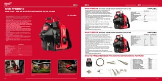118 119
a b c d
e f g
#MILWAUKEETOOL
M18 FFSDC13-0
Kapacita aku (Ah) −
Počet dostupných akumulátorů 0
Nabíječka −
Počet otáček bez zatížení (ot./min) 0 - 250
Max. průměr odtoku (mm) 100
Průměr šneku (mm) 13
Délka kabelu (m) 15
Hmotnost vč. aku (kg) 13.4
Dodávaný v −
Obj.č. 4933459708
M18 FFSDC16-0 M18 FFSDC16-502
Kapacita aku (Ah) − 5.0
Počet dostupných akumulátorů 0 2
Nabíječka − 59 min
Počet otáček bez zatížení (ot./min) 0 - 250 0 - 250
Max. průměr odtoku (mm) 75 75
Průměr šneku (mm) 16 16
Délka kabelu (m) 15 15
Hmotnost vč. aku (kg) 13.4 13.4
Dodávaný v − −
Obj.č. 4933459709 4933459710
M18 FFSDC10-0
Kapacita aku (Ah) −
Počet dostupných akumulátorů 0
Nabíječka −
Počet otáček bez zatížení (ot./min) 0 - 250
Max. průměr odtoku (mm) 75
Průměr šneku (mm) 10
Délka kabelu (m) 15
Hmotnost vč. aku (kg) 13.4
Dodávaný v −
Obj.č. 4933459707
Obj.č.
a Čistič odpadů - pouze buben 4932464277
b Spirála 8 mm x 23 m pro M18FS 48532772
b Spirála 10 mm x 15 m pro M18FS 48532773
b Spirála 13 mm x 15 m pro M18FS 48532774
b Spirála 16 mm x 15 m pro M18FS 48532775
c Čistící spirála pro M18FS 48532786
d Kloubová spirála pro M18FS 48532787
e Rýčový nástavec 38mm pro M18FS 48532788
f Řezačka tuku 38 mm pro M18FS 48532789
g Set na čištění odpadů - 5ks pro M18FS 48532790
M18 FFSDC10
M18 FUEL™
VOLNĚ STOJÍCÍ ODTOKOVÝ FILTR 10 MM
ºº Společnost Milwaukee®
navrhla a zkonstruovala bezkartáčový motor
POWERSTATE™
, který dává maximální výkon do hloubky 30 m
ºº REDLINK PLUS™
inteligentní systém poskytuje nástrojům a bateriím
pokročilou ochranu proti přetížení a jedinečně zvyšuje výkon
nástroje při zatížení
ºº REDLITHIUM-ION™
bateriový blok nabízí vynikající konstrukci bloku,
elektroniku a provedení se stálou kvalitou, což zajišťuje delší dobu
provozu a více provedené práce po dobu životnosti bloku
ºº M18 FUEL™
SWITCH PACK™
snadné připojení bubnu k systému bez
nástroje umožňuje rychle vyměnit velikosti kabelů, nebo přidat druhý
buben, aby se dosáhlo hloubky 30 m
ºº Ramenní popruhy umožňují nejjednodušší dopravu na jakoukoliv
střechu, odtok, průlez nebo místo čištění
ºº Integrovaná bubnová brzda elektronicky rychle zpomaluje buben,
umožňuje tak kontrolu a zajišťuje bezpečnost koncového uživatele
ºº Elektronický nožní pedál s protiskluzovou svěrkou pro maximální
trvanlivost
ºº Plně uzavřený buben pro maximální ochranu před nečistotami
ºº SWITCH PACK™
buben s kapacitou 8 mm x 23 m kabelu s vnitřním
jádrem (koaxiální)
ºº Přídavné úložiště pro příslušenství nástrojů
ºº V dodávce je: 1 x souprava batohu, 1 x bubnová souprava, kabely
2 x 10 mm x 15 m, 1 x souprava ořezávacích a odstraňovacích
nástrojů
ºº Jsou akceptovány i jiné značky kabelů
ºº Flexibilní bateriový systém: pracuje se všemi bateriemi Milwaukee®
M18™
M18 FUEL™
SWITCH PACK™
beznástrojový bubnový
spojovací systém
Elektronický nožní pedál s protiskluzovou svěrkouPro nejjednodušší přepravu zabudované ramenní
popruhy
Vyobrazené příslušenství je pouze ilustrativní. Pro další technické specifikace včetně údajů o hlučnosti a vibracích navštivte naši webovou stránku: www.milwaukeetool.cz
WWW.MILWAUKEETOOL.CZ
M18 FFSDC13 | M18 FUEL™
VOLNĚ STOJÍCÍ ODTOKOVÝ FILTR 13 MM
ºº Společnost Milwaukee®
navrhla a zkonstruovala bezkartáčový motor
POWERSTATE™
, který dává maximální výkon do hloubky 30 m
ºº REDLINK PLUS™
inteligentní systém poskytuje nástrojům a bateriím
pokročilou ochranu proti přetížení a jedinečně zvyšuje výkon nástroje při
zatížení
ºº REDLITHIUM-ION™
bateriový blok nabízí vynikající konstrukci bloku,
elektroniku a provedení se stálou kvalitou, což zajišťuje delší dobu provozu
a více provedené práce po dobu životnosti bloku
ºº M18 FUEL™
SWITCH PACK™
snadné připojení bubnu k systému bez
nástroje umožňuje rychle vyměnit velikost kabelů, nebo přidat druhý
buben, aby se dosáhlo hloubky 30 m
ºº Ramenní popruhy umožňují nejjednodušší dopravu na jakoukoliv střechu,
odtok, průlez nebo místo čištění
ºº Integrovaná bubnová brzda elektronicky rychle zpomaluje buben,
umožňuje tak kontrolu a zajišťuje bezpečnost koncového uživatele
ºº Elektronický nožní pedál s protiskluzovou svěrkou pro maximální
trvanlivost
ºº Plně uzavřený buben pro maximální ochranu před nečistotami
ºº SWITCH PACK™
buben s kapacitou 8 mm x 23 m kabelu s vnitřním jádrem
(koaxiální)
ºº Přídavné úložiště pro příslušenství nástrojů
M18 FFSDC16 | M18 FUEL™
VOLNĚ STOJÍCÍ ODTOKOVÝ FILTR 16 MM
ºº Společnost Milwaukee®
navrhla a zkonstruovala bezkartáčový motor
POWERSTATE™
, který dává maximální výkon do hloubky 30 m
ºº REDLINK PLUS™
inteligentní systém poskytuje nástrojům a bateriím
pokročilou ochranu proti přetížení a jedinečně zvyšuje výkon nástroje při
zatížení
ºº REDLITHIUM-ION™
bateriový blok nabízí vynikající konstrukci bloku,
elektroniku a provedení se stálou kvalitou, což zajišťuje delší dobu provozu
a více provedené práce po dobu životnosti bloku
ºº M18 FUEL™
SWITCH PACK™
snadné připojení bubnu k systému bez
nástroje umožňuje rychle vyměnit velikost kabelů, nebo přidat druhý
buben, aby se dosáhlo hloubky 30 m
ºº Ramenní popruhy umožňují nejjednodušší dopravu na jakoukoliv střechu,
odtok, průlez nebo místo čištění
ºº Integrovaná bubnová brzda elektronicky rychle zpomaluje buben,
umožňuje tak kontrolu a zajišťuje bezpečnost koncového uživatele
ºº Elektronický nožní pedál s protiskluzovou svěrkou pro maximální
trvanlivost
ºº Plně uzavřený buben pro maximální ochranu před nečistotami
ºº SWITCH PACK™
buben s kapacitou 8 mm x 23 m kabelu s vnitřním jádrem
(koaxiální)
ºº Přídavné úložiště pro příslušenství nástrojů
M18 FS PŘÍSLUŠENSTVÍ PRO ČISTIČ ODTOKOVÉHO POTRUBÍ
Vyobrazené příslušenství je pouze ilustrativní. Pro další technické specifikace včetně údajů o hlučnosti a vibracích navštivte naši webovou stránku: www.milwaukeetool.cz
 