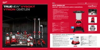 120 121
#MILWAUKEETOOL
M18 ONESLSP-0
Napětí (AC) (V) 220 - 240
Napětí (DC) (V) 18
Typ aku Li-ion
Kapacita aku (Ah) −
Počet dostupných akumulátorů 0
Nabíječka −
Systém M18
Aku kompatibilita
Pro všechny Milwaukee®
M18™
akumulátory
Typ žárovky LED
Max. světelný výkon (Lumen) 4400 / 2100 / 1000 / -
Max. doba provozu s baterií M18 B5 (hod) 2 / 4 / 8 / -
Hmotnost vč. aku (kg) 5.4
Dodávaný v −
Obj.č. 4933459157
M18 ONESLDP-0
Napětí (AC) (V) 100 - 240
Napětí (DC) (V) 18
Typ aku Li-ion
Kapacita aku (Ah) −
Počet dostupných akumulátorů 0
Nabíječka −
Systém M18
Aku kompatibilita
Pro všechny Milwaukee®
M18™
akumulátory
Typ žárovky LED
Max. světelný výkon (Lumen) 9000/4800/2500/-
Max. doba provozu s baterií M18 B9 (hod) 3.5/7/14/-
Hmotnost vč. aku (kg) 12.1
Dodávaný v −
Obj.č. 4933459160
Další technické specifikace včetně údajů o hlučnosti a vibraci viz naši webovou stránku: www.milwaukeetool.cz
WWW.MILWAUKEETOOL.CZ
M18 ONESLDP
ONE-KEY™
LED KOMPAKTNÍ LAMPA S NABÍJEČKOU.
ºº Optimalizujte jas a dobu chodu nastavením světelného výkonu od 0
do 9000 lumenů
ºº Technologie ONE-KEY ™
umožňuje pokročilé přizpůsobení světla a
vzdálené ovládání světla až do 30 m.
ºº Možnost naprogramování doby a času svícení.
ºº Integrovaná nabíječka M18™
- nabíjí současně až 2 baterie
ºº Napájena bateriemi M18 ™
REDLITHIUM-ION ™
nebo napájecím
kabelem 2,5 m
ºº Zásuvka střídavého proudu umožňuje připojit několik světelných
zdrojů.
ºº Vysoce odolná a nárazuvzdorná polykarbonátová čočka chrání
světlo před tvrdými podmínkami na pracovišti
ºº Ochrana IP54- světlo je chráněno před prachem a stříkající vodou
ºº TRUEVIEW ™
s vysokým rozlišením poskytuje konzistentní paprsek,
optimalizovanou teplotu barev a skutečnou reprezentaci barev a
detailů
ºº Zamykatelný kryt akumulátorů pomáhá chránit akumulátory před
krádeží (zámek není součástí balení)
ONE-KEY™
technologie umožňuje
pokročilé nastavení světla a jeho
dálkové ovládání
Integrovaná nabíječka M18 ™
- nabíjí
současně až 2 baterie
Vysoce odolná a nárazuvzdorná
polykarbonátová čočka
M18 ONESLSP | ONE-KEY™
LED KOMPAKTNÍ LAMPA
ºº Technologie ONE-KEY ™
umožňuje pokročilé přizpůsobení světla a
vzdálené ovládání světla až do 30 m.
ºº Optimalizujte jas a dobu chodu nastavením světelného výkonu od 0 do
9000 lumenů
ºº Možnost naprogramování doby a času svícení
ºº TRUEVIEW™
- osvětlení s vysokým rozlišením kombinující nejmodernější
technologii LED
ºº 180 ° a 360 ° elektronické ovládání osvětlení pro rozsáhlé osvětlení
prostoru nebo jen konkrétního pracoviště
ºº Samostředitelný kovový hák určený k zavěšení světla na dráty nebo trubky.
ºº Napájena bateriemi M18 ™
REDLITHIUM-ION ™
nebo napájecím kabelem
2,5 m
ºº Zásuvka střídavého proudu umožňuje připojit několik světelných zdrojů
ºº Až 8 hodin provozu při nízkém nastavení, při napájení akumulátorem M18
™
REDLITHIUM-ION ™
5.0 Ah
ºº Vysoce odolná a nárazuvzdorná polykarbonátová čočka chrání světlo před
tvrdými podmínkami na pracovišti
ºº Ochrana IP54- světlo je chráněno před prachem a stříkající vodou
ºº Bezpečnostní kabel k dispozici
Vyobrazené příslušenství je pouze ilustrativní. Pro další technické specifikace včetně údajů o hlučnosti a vibracích navštivte naši webovou stránku: www.milwaukeetool.cz
TRUEVIEW™
VYSOKÝ
VÝKON OSVĚTLENÍ
 