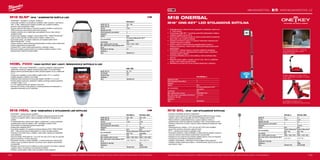 122 123
#MILWAUKEETOOL
M18 ONERSAL-0
Kapacita aku (Ah) −
Počet dostupných akumulátorů 0
Nabíječka −
Systém M18
Aku kompatibilita
Pro všechny Milwaukee®
M18™
akumulátory
Typ žárovky LED
Max. světelný výkon (Lumen) 5400/3000/1550/-
Max. doba chodu s akumulátorem M18 B9 (h) 7/12.5/26/-
Hmotnost vč. aku (kg) 9.1
Dodávaný v −
Obj.č. 4933459431
M18 SAL-0 M18 SAL-502B
Napětí (V) 18 18
Typ aku Li-ion Li-ion
Kapacita aku (Ah) − 5.0
Počet dostupných akumulátorů 0 2
Nabíječka − 100 min
Systém M18 M18
Aku kompatibilita
Všechny Milwaukee®
M18™
aku
Všechny Milwaukee®
M18™
aku
Typ žárovky LED LED
Max. světelný výkon (Lumen) 2000 / 1300 / 850 / -2000 / 1300 / 850 / -
Max. doba chodu s akumulátorem M18
B5 (h)
4 / 6 / 10 / - 4 / 6 / 10 / -
Hmotnost vč. aku (kg) − 7.3
Dodávaný v − Taška
Obj.č. 4933451246 4933451896
M18 HSAL-0 M18 HSAL-502B
Napětí (AC) (V) 220 - 240 220 - 240
Napětí (DC) (V) 18 18
Typ aku Li-ion Li-ion
Kapacita aku (Ah) − 5.0
Počet dostupných akumulátorů 0 2
Nabíječka − 100 min
Systém M18 M18
Aku kompatibilita
Všechny Milwaukee®
M18™
aku
Milwaukee®
M18™
akumulátor
Typ žárovky LED LED
Max. světelný výkon (Lumen) 3000 / 1700 / 900 / -3000 / 1700 / 900 / -
Max. doba chodu s akumulátorem M18
B5 (h)
2.25 / 4.25 / 8 / - 2.25 / 4.25 / 8 / -
Hmotnost vč. aku (kg) − 8.5
Dodávaný v − Taška
Obj.č. 4933451392 4933451898
HOBL 7000
Napětí (AC) (V) 90 - 277
Typ žárovky LED
Hmotnost (kg) 3.7
Dodávaný v −
Obj.č. 4933464126
M18 SLSP-0
Napětí (AC) (V) 220 - 240
Napětí (DC) (V) 18
Typ aku Li-ion
Kapacita aku (Ah) −
Počet dostupných akumulátorů 0
Nabíječka −
Systém M18
Aku kompatibilita
Pro všechny Milwaukee®
M18™
akumulátory
Typ žárovky LED
Max. světelný výkon (Lumen) 4400 / 2100 / 1000 / -
Max. doba chodu s akumulátorem M18
B5 (h)
2 / 4 / 8 / -
Hmotnost vč. aku (kg) 5.4
Dodávaný v −
Obj.č. 4933451514
M18 SLSP | M18 ™
KOMPAKTNÍ SVĚTLO LED
ºº TRUEVIEW ™
osvětlení s vysokým rozlišením
ºº Univerzální osvětlení, lze použít pro osvětlení místa, prostoru i nad hlavou
ºº 180 ° a 360 ° elektronické ovládání osvětlení pro rozsáhlé osvětlení
prostoru nebo konkrétního místa
ºº Vysoce výkonné LED diody a 3 stupně nastavení osvětlení, poskytují až
4400 lumenů pro plné pokrytí pracovního prostoru
ºº Zesílený závěsný otvor, stejně jako samostředící kovový hák určený k
zavěšení světla
ºº Dvojitý zdroj napájení: napájení z akumulátorů M18 ™
REDLITHIUM-ION ™
nebo ze sítě s použitím prodlužovacího kabelu o délce 2,5 m
ºº Až 8 hodin chodu při nízkém nastavení, při napájení baterií M18 ™
REDLITHIUM-ION ™
5.0 Ah
ºº Vysoce odolná a nárazuvzdorná polykarbonátová čočka chrání světlo před
tvrdými podmínkami na pracovišti
ºº Ochrana IP54, chrání světlo před prachem a stříkající vodou
ºº Přenosná rukojeť s pogumováním pro snadnou přepravu jednou rukou
ºº Bezpečnostní kabel je součástí balení
HOBL 7000 | HIGH OUTPUT BAY LIGHT- ŠIROKOÚHLÉ SVÍTIDLO S LED
ºº Osvětlení 7 700 lumenů TRUEVIEW™
s vysokým rozlišením stejnoměrného
světelného zdroje pro nejlepší osvětlení pracoviště (110 lumenů/Watt)
ºº Nárazuvzdorná polykarbonátová čočka odolává kapkám až do vzdálenosti
2,7 m
ºº Integrovaná kabelážní svorka přijímá napětí od 90 -277 V, umožňuje
snadné zapojení a řetězení více světel
ºº Odlehčení tahu kabelů je účinné podle kabelů H07RNF 3 x 2.5 mm²
ºº Pružné uložení ocelových závěsných kabelů umožňuje snadné nastavení
montážní výšky 1,2 m
ºº 4 m AC napájecí šňůra pro operace mimo box
ºº Kónický tvar čočky a malý půdorys umožňují jednoduché skladování a
bezpečné stohování až do 3 jednotek
M18 HSAL | M18™
NABÍJEČKA A STOJANOVÁ LED SVÍTILNA
ºº TRUEVIEW™
vysokovýkonné osvětlení
ºº Dvanáct vysoce výkonných LED a 3 světelné nastavení poskytují až 3000
lumenů na vysokém režimu, který je jasnější než 500 W halogenovým
světlem
ºº 3 nastavitelné hlavy odolné proti nárazu s objektivem z vysoce odolného
polykarbonátu který lze otáčet o 180° vertikálně a otáčet o 240°
horizontálně mít dokonalé osvětlení pracoviště.
ºº Integrovaná nabíječka M18™
ºº Dva zdroje napájení, lze napájet buď akumulátorem M18™
REDLITHIUM-
ION™
, nebo pomocí pevně zapojeného 2,5 metru dlouhého kabelu
ºº Ochranný kryt chrání hlavu a objektiv, když světlo upadne při uskladnění
nebo přepravě
ºº Výsuvná stožár, která sahá od 1,10 m do více než 2,20 m, aby se rozsvítily
pracovní prostory z vrcholu bez stínů
ºº Kompaktní rozměry s nízkým těžištěm, s nohami které jsou odolné proti
nárazu a jsou vyztužené nylonem na ochranu proti nekalým podmínkám
na staveništi
ºº Rukojeti s gumovým krycím výliskem na dvou pozicích ke snadné dopravě
s jednou rukou, hmotnost je rovnoměrná při stlačení
ºº Indikátor vybité baterie, bliká, když má baterie nízkou kapacitu
Vyobrazené příslušenství je pouze ilustrativní. Pro další technické specifikace včetně údajů o hlučnosti a vibracích navštivte naši webovou stránku: www.milwaukeetool.cz
WWW.MILWAUKEETOOL.CZ
M18 ONERSAL
M18™
ONE-KEY™
LED STOJANOVÁ SVÍTILNA
ºº Optimalizuje jas a dobu provozu nastavením světelného výkonu od
0 - 5400 lumenů
ºº Technologie ONE-KEY ™
umožňuje pokročilé přizpůsobení světla a
vzdálené ovládání až do 30 m
ºº Ochrana IP67 umožňuje použití za všech povětrnostních podmínek
(silný déšť, sníh, prašné prostředí)
ºº Zesílená konstrukce nohou s 3 různými možnostmi nastavení pro
nejlepší životnost a stabilitu
ºº Vysoce odolná a nárazuvzdorná polykarbonátová čočka a
hliníková konstrukce , které chrání světlo před tvrdými pracovními
podmínkami
ºº TRUEVIEW™
světelný výstup s vysokým rozlišením poskytuje
konzistentní paprsek, optimalizovanou teplotu barev a skutečné
zobrazení barev a detailů
ºº Uzavřená přihrádka až na 2 akumulátory, které prodlužují dobu
provozu
ºº Možnost změny výšky v rozsahu od 0,5 m do 1,65 m, k odlehčení
světla z horní části a omezení stínů
ºº Složitelná na rozměr 55 cm pro snadné skladování a přepravu
Technologie ONE-KEY ™
umožňuje
pokročilé přizpůsobení světla a
vzdálené ovládání
Změnou výšky od 0,5 m do 1,65 m
docílíte optimálního osvětlení a omezíte
vzniku stínů
Uzavíratelná schránka pro 2
akumulátory pro dlouhou doby provozu
M18 SAL | M18™
LED STOJANOVÁ SVÍTILNA
ºº VYSOCE VÝKONNÉ SVÍTILNY TRUEVIEW™
ºº Dvanáct vysoce výkonných LED diod poskytuje 2000 lumenů pro vysoký
světelný výkon, který je jasnější než 250 W halogenového světla
ºº Nárazuvzdorná a nastavitelná hlava s vysoce odolnou čočkou z
polykarbonátu může být otáčena vertikálně o 230° a horizontálně o 240°
ºº Ochrana chrání hlavu a čočku, když je svítilna složená při skladování nebo
přepravě
ºº Teleskopická tyč s délkou 1,10 m až více než 2,20 m pro osvětlení
pracovního prostoru shora bez vržených stínů
ºº IP 54 – ochrana proti prachu a stříkající vodě
ºº Kompaktní půdorys s nízkým těžištěm a nárazuvzdorné zesílené nylonové
nohy pro ochranu proti drsným podmínkám na pracovišti
ºº Rukojeti na dvou pozicích pro snadné ovládání jednou rukou při dopravě:
hmotnost je rovnoměrně vyvážená při stlačení
ºº Indikátor vybití baterie - bliká když má akumulátor nízkou kapacitu
ºº Indikátor nízkého nabití akumulátoru – kontrolka bliká, když je úroveň nabití
akumulátoru nízká
Vyobrazené příslušenství je pouze ilustrativní. Pro další technické specifikace včetně údajů o hlučnosti a vibracích navštivte naši webovou stránku: www.milwaukeetool.cz
 