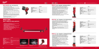 126 127
#MILWAUKEETOOL
M18 LL-0
Kapacita aku (Ah) −
Počet dostupných akumulátorů 0
Nabíječka −
Systém M18
Aku kompatibilita Všechny Milwaukee®
M18™
aku
Typ žárovky LED
Max. světelný výkon (Lumen) 700 / 350 / 70 / 700
Max. doba chodu s akumulátorem M18
B5 (h)
10 / 20 / 100 / 16
Délka světelného paprsku (m) 29
Hmotnost vč. aku (kg) 1.4
Dodávaný v −
Obj.č. 4932430563
M18 IL-0
Kapacita aku (Ah) −
Počet dostupných akumulátorů 0
Nabíječka −
Systém M18
Aku kompatibilita Všechny Milwaukee®
M18™
aku
Typ žárovky LED
Max. světelný výkon (Lumen) 300 / - / 130 / -
Max. doba chodu s akumulátorem M18
B5 (h)
17 / - / 36 / -
Hmotnost vč. aku (kg) 1.2
Dodávaný v −
Obj.č. 4932430564
M12 UHL-0
Kapacita aku (Ah) −
Počet dostupných akumulátorů 0
Nabíječka −
Systém M12
Aku kompatibilita Pro všechny Milwaukee®
M12™
akumulátory
Typ žárovky LED
Max. světelný výkon (Lumen) 1350/-/600/-
Max. doba provozu s baterií M12 B4 (h) 4/-/8/-
Hmotnost vč. aku (kg) 1.1
Dodávaný v −
Obj.č. 4933459432
M12 SL-0
Kapacita aku (Ah) −
Počet dostupných akumulátorů 0
Nabíječka −
Systém M12
Aku kompatibilita Všechny Milwaukee®
M12™
aku
Typ žárovky LED
Max. světelný výkon (Lumen) 220 / - / - / -
Hmotnost vč. aku (kg) 0.5
Dodávaný v −
Obj.č. 4932430178
M12 SLED-0
Kapacita aku (Ah) −
Počet dostupných akumulátorů 0
Nabíječka −
Systém M12
Typ žárovky LED
Max. světelný výkon (Lumen) 750 / - / 400 / 750
Hmotnost vč. aku (kg) 0.8
Dodávaný v Blister
Obj.č. 4933451261
M12 SLED | M12™
LED REFLEKTOR
ºº TRUEVIEW™
vysoce výkonné osvětlení
ºº Až o 35 % delší dosvit než u konkurence – 650m intenzivní a velmi úzký
paprsek světla s 750 lumeny při vysoké úrovni
ºº Zvlášť užitečné při identifikaci na dlouhou vzdálenost – kontrola stožárů
vedení sítí / vysokonapěťových kabelů, kontrola dlouhých kanálů, potrubí a
vedení, podzemní práce, práce na mostech
ºº Kovový plášť a nárazuvzdorná čočka z polykarbonátu s gumovou
těsnicí ochranou, která brání vniknutí vlhkosti v nepříznivých pracovních
podmínkách
ºº Reflektor Milwaukee®
– produkuje úzký hlavní světelný svazek se širokým
postranním svazkem
ºº Ergonomická pogumovaná rukojeť – zlepšuje uživatelský komfort a držení
během používání
ºº Pogumovaný stojan 45° pro zacílení světelného svazku nahoru během
delšího používání, když je svítilna vybavena kompaktním akumulátorem
ºº Doba provozu až 8 hodin s akumulátorem M12™
REDLITHIUM-ION™
4,0
Ah
ºº Duální spoušť umožňuje krátkodobé nebo aretované použití
ºº Ukazatel indikuje stav akumulátoru
ºº Díky šňůře na zápěstí je svítilna v bezpečí a po ruce
M12 UHL
M12™
SVĚTLO POD KAPOTU
ºº Háčky Milwaukee®
FINISHGUARD™
poskytují trvalou ochranu proti
poškrábání povrchové úpravy vozidla
ºº 2x větší plocha zachycení pro maximální držení
ºº Otáčejte, posouvejte, odstraňte nebo zavěste světelnou tyč pro lepší
flexibilitu a všestrannost
ºº Montážní háčky se roztáhnou do šířky 119 cm - 196 cm (47˝ - 77˝),
jsou proto vhodné i pro široké auta a dodávky
ºº Výstup TRUEVIEW™
s vysokým rozlišením: Vysoké - 1350 lumenů/4
hod. Nízké - 600 lumenů/8 hod. s baterií M12™
4.0 Ah
ºº Světelná tyč s háčkem z nerezavějící oceli
ºº Robustní rám z leteckého hliníku
ºº Čočky odolné nárazu a chemikáliím
Háčky FINISHGUARD ™
společnosti
Milwaukee®
poskytují trvalou ochranu
proti poškrábání na povrchu vozidla
Uchopovací plocha z gumy pro
maximální držení
Montážní háčky pro široké vozy a
nákladní automobily
Vyobrazené příslušenství je pouze ilustrativní. Pro další technické specifikace včetně údajů o hlučnosti a vibracích navštivte naši webovou stránku: www.milwaukeetool.cz
WWW.MILWAUKEETOOL.CZ
M18 IL | M18™
TRUEVIEW™
KONTROLNÍ SVĚTLO
ºº VYSOCE VÝKONNÉ SVÍTILNY TRUEVIEW™
kombinují nejpokročilejší
technologii LED, víceúčelové konstrukce produktů a akumulátory
REDLITHIUM-ION™
za účelem zajistit našim klíčovým řemeslníkům vyšší
produktivitu po celý jejich pracovní den. Každá svítilna TRUEVIEW™
SE
PŘIZPŮSOBÍ, FUNGUJE a ODOLÁVÁ, jako žádná jiná svítilna aktuálně
používaná profesionály
ºº Konstrukce se třemi LED a 2 možnostmi nastavení světla dodává 300
lumenů při vysokém a 130 lumenů při nízkém nastavení
ºº Hlava otočná o 45° dopředu a dozadu umožňuje pokrytí 180°
ºº Snímatelná deska čoček umožňuje uživateli vyměňovat desky čoček v
případě poškození namísto výměny celé jednotky
ºº 2 nastavitelné kovové háčky pro zavěšení ve svislé i vodorovné poloze
ºº Až 15 hodin provozu s M18™
REDLITHIUM-ION™
4.0 Ah baterií při
nastavení světla na vysokou úroveň
ºº Díky kompaktní konstrukci pracuje i v místech, kde to jiná světla nedokáží
ºº Ochrana proti rozstřikující vodě ze všech úhlů (IP24)
M12 SL | M12™
TRUEVIEW™
LED TYČOVÁ SVÍTILNA
ºº VYSOCE VÝKONNÉ SVÍTILNY TRUEVIEW™
kombinují nejpokročilejší
technologii LED, víceúčelové konstrukce produktů a akumulátory
REDLITHIUM-ION™
za účelem zajistit našim klíčovým řemeslníkům vyšší
produktivitu po celý jejich pracovní den. Každá svítilna TRUEVIEW™
SE
PŘIZPŮSOBÍ, FUNGUJE a ODOLÁVÁ, jako žádná jiná svítilna aktuálně
používaná profesionály
ºº Tři výkonné LED zdroje poskytují 220 Lumen
ºº Vyměnitelný objektiv umožňuje výměnu poškozeného objektivu namísto
výměny celého svítidla
ºº Nastavitelný kovový hák umožňuje světlo zavěsit ve více polohách během
použití
ºº Kompaktní desgin - vejde se do takových prostor, kam ostatní lampy ne
ºº Volitelné přísluýšenstvo - dostupný přislušný magnet
ºº Flexibilní akumulátorový systém: spolupracuje se všemi Milwaukee®
M12™
akumulátory
M18 LL | M18™
TRUEVIEW™
LUCERNOVÁ SVÍTILNA
ºº VYSOCE VÝKONNÉ SVÍTILNY TRUEVIEW™
kombinují nejpokročilejší
technologii LED, víceúčelové konstrukce produktů a akumulátory
REDLITHIUM-ION™
za účelem zajistit našim klíčovým řemeslníkům vyšší
produktivitu po celý jejich pracovní den. Každá svítilna TRUEVIEW™
SE
PŘIZPŮSOBÍ, FUNGUJE a ODOLÁVÁ, jako žádná jiná svítilna aktuálně
používaná profesionály
ºº 180° - 360° nastavitelný paprsek - všestranná konstrukce, umožňuje
uživateli vybírat mezi plošným osvětlením a nasměrovaným osvětlením
ºº Nejlepší výkon ve své třídě - bezkonkurenční světelný výkon 700 lumenů,
určený k osvětlení velkých ploch
ºº Vysoce výkonná USB nabíječka nabíjí tablety, smart phony, MP3
přehrávače i jiné elektronické přístroje
ºº Trvanlivost na pracovišti - robustní konstrukce s čočkami odolnými proti
nárazu, které vydrží i v zátěžových podmínkách pracoviště
ºº 4 možnosti nastavení světla - 700 lumenů na vysoký výkon a
stroboskopické světlo (100%), 350 lumenů na střední výkon (50%), 70
lumenů na nízký výkon (10%)
ºº Až 9 hodin provozu s M12™
REDLITHIUM-ION™
4.0 Ah baterií při nastavení
vysokého výkonu
ºº 2 háčky na zavěšení
Vyobrazené příslušenství je pouze ilustrativní. Pro další technické specifikace včetně údajů o hlučnosti a vibracích navštivte naši webovou stránku: www.milwaukeetool.cz
 