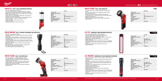 128 129
#MILWAUKEETOOL
L4 MLED-201
Kapacita aku (Ah) 2.5
Počet dostupných akumulátorů 1
Nabíječka −
Systém REDLITHIUM™
USB
Aku kompatibilita REDLITHIUM™
USB baterie
Typ žárovky LED
Max. světelný výkon (Lumen) 700 / - / 100 / 700
Max. doba provozu s baterií L4 B2 (h) 4.5 / - / 16 / 8
Hmotnost vč. aku (kg) 0.2
Dodávaný v −
Obj.č. 4933459444
L4 FL-201
Kapacita aku (Ah) 2.5
Počet dostupných akumulátorů 1
Nabíječka −
Systém REDLITHIUM™
USB
Aku kompatibilita REDLITHIUM™
USB baterie
Typ žárovky LED
Max. světelný výkon (Lumen) 445 / - / 100 / -
Max. doba provozu s baterií L4 B2 (h) 2 / - / 11 / -
Hmotnost vč. aku (kg) 0.2
Dodávaný v −
Obj.č. 4933459442
M18 TLED-0
Kapacita aku (Ah) −
Počet dostupných akumulátorů 0
Nabíječka −
Systém M18
Aku kompatibilita Všechny Milwaukee®
M18™
aku
Typ žárovky LED
Max. světelný výkon (Lumen) 120 / - / - / -
Max. doba chodu s akumulátorem M18
B5 (h)
29
Hmotnost vč. aku (kg) 0.7
Dodávaný v −
Obj.č. 4932430361
M12 MLED-0
Kapacita aku (Ah) −
Počet dostupných akumulátorů 0
Nabíječka −
Systém M12
Aku kompatibilita Všechny Milwaukee®
M12™
aku
Typ žárovky LED
Max. světelný výkon (Lumen) 800 / - / 325 / 800
Max. doba provozu s baterií M12 B4 (h) 5 / - / 7 / 7
Délka světelného paprsku (m) 350
Hmotnost vč. aku (kg) 0.7
Dodávaný v Blister
Obj.č. 4933451899
M12 TLED-0
Kapacita aku (Ah) −
Počet dostupných akumulátorů 0
Nabíječka −
Systém M12
Aku kompatibilita Všechny Milwaukee®
M12™
aku
Typ žárovky LED
Max. světelný výkon (Lumen) 120 / - / - / -
Hmotnost vč. aku (kg) 0.5
Dodávaný v −
Obj.č. 4932430360
M12 LL-0
Kapacita aku (Ah) −
Počet dostupných akumulátorů 0
Nabíječka −
Systém M12
Aku kompatibilita Všechny Milwaukee®
M12™
aku
Typ žárovky LED
Max. světelný výkon (Lumen) 400 / 200 / 40 / 400
Délka světelného paprsku (m) 23
Hmotnost vč. aku (kg) 0.9
Obj.č. 4932430562
M12 LL | M12™
LED LUCERNOVÉ SVĚTLO
ºº VYSOCE VÝKONNá SVÍTILNA TRUEVIEW™
ºº 180° - 360° nastavitelný paprsek - všestranná konstrukce, umožňuje
uživateli vybírat mezi plošným osvětlením a nasměrovaným osvětlením
ºº Nejlepší výkon ve své třídě - bezkonkurenční světelný výkon 400+ lumenů,
určený k osvětlení velkých ploch
ºº Vysoce výkonná 2.1A USB nabíječka nabíjí tablety, smart phony, MP3
přehrávače i jiné elektronické přístroje
ºº Trvanlivost na pracovišti - robustní konstrukce s čočkami odolnými proti
nárazu, které vydrží i v zátěžových podmínkách pracoviště
ºº 2 háky na zavěšení
ºº Ochrana proti stříkající vodě ze všech úhlů (IP24)
ºº 2 háčky na zavěšení
ºº Ochrana proti rozstřikující vodě ze všech úhlů (IP24)
M12 MLED | M12™
VYSOCE VÝKONNÁ LED SVÍTILNA
ºº TRUEVIEW™
vysoce výkonné osvětlení
ºº Díky posuvné hlavě lze bez námahy přizpůsobit kužel světla na širokoúhlý
nebo bodový
ºº Optika navržená značkou Milwaukee®
maximalizuje výkonnost. Výkonná
LED dosáhne až do vzdálenosti 350 m a vysoce zaostřený paprsek světla
má až 800 Lumenů
ºº Obrobená Řada 6000 z hliníku s typovým II eloxovaný povrchem těla, je
velmi trvanlivé a odolné proti nárazu a polykarbonátový objektiv je vytvořen
pro extrémní odolnost
ºº Ergonomicky tvarovaná rukojeť s vroubkovanou strukturou zajišťuje
dokonalou rukojeť
ºº IP54 hodnocení, světlo je chráněno před prachem a stříkající vodou
ºº M12™
palivoměr který značí vybití akumulátoru
ºº Díky šňůře na zápěstí je svítilna v bezpečí a po ruce
M18 TLED | M18™
LED SVÍTILNA
ºº 160 Lumen LED světlo - 2 x jasnější a bělejší než žárovka
ºº M18™
LED elektronika - 2-krát delší doba chodu s měné tepla
ºº Utěsněna hliníková hlava je určena pro nárazům a odolnost proti
povětrnostním vlivům trvanlivos
ºº Výklopná hlava až 135° - otočná hlava umožňuje uživateli snadno
nasměrovat světelný paprsek na požadovanou pracovní plochy
ºº Integrovaný hák - volné ruce při použití
ºº Flexibilní akumulátorový systém - provoz s každým akumulátorem
Milwaukee®
M18™
Vyobrazené příslušenství je pouze ilustrativní. Pro další technické specifikace včetně údajů o hlučnosti a vibracích navštivte naši webovou stránku: www.milwaukeetool.cz
WWW.MILWAUKEETOOL.CZ
M12 TLED | M12™
LED SVÍTILNA
ºº 120 Lumen LED světlo je 2 x jasnější a bělejší než běžně používaná
žárovka
ºº M12™
LED elektronika umožňuje 2-krát delší dobu chodu s menším
zahříváním na jedno nabití
ºº Hliníkova hlava je odolná nárazu a pověternostním podmínkam
ºº 90° Výklopná hlava až - umožňuje uživateli snadno nasměrovat světelný
paprsek na pracovní plochu
ºº Magnetický zadní část pro volné ruce při použití
ºº Flexibilní akumulátorový systém - provoz s každým akumulátorem
Milwaukee®
M12™
L4 FL | NABÍJECÍ USB KAPESNÍ SVÍTILNA
ºº 445 lumenů světla TRUEVIEW™
s vysokým rozlišením
ºº Pomocí dvojitého magnetu může být připevněna na kapse
ºº Kompaktní velikost dovoluje snadné uložení v kapse
ºº Třída ochrany IP54 - světlo je chráněno před prachem a stříkající vodou
ºº Nárazuvzdorné a chemicky odolné čočky
ºº Indikátor nabíjení umožňuje rychlou kontrolu stavu nabití baterie
REDLITHIUM™
USB
ºº Pohodlné nabíjení REDLITHIUM™
USB baterie interně mikro USB kabelem
z USB napájecího zdroje nebo ze síťové zásuvky (zástrčka není součástí
dodávky)
ºº Pracovní pevný opletený mikro USB kabel s kovovými konci
ºº Obsahuje USB kabel
L4 MLED | KOMPAKTNÍ USB NABÍJECÍ BATERKA
ºº 700 lumenů TRUEVIEW™
světla s vysokým rozlišením umožňuje vidět až na
vzdálenost 155 m
ºº Posuvná hlava umožňuje nastavení světelného kužele z plošného světla
na bodové
ºº Mimořádně trvanlivý letecký hliník “AL 6000 Series” s rýhovanou pryží
Premium na rukojeti a polykarbonátovou čočkou odolává kapkám až do
vzdálenosti 4 m
ºº Třída ochrany - IP67 umožňuje ponoření do vody do hloubky 1 metru a
poskytuje ochranu před prachem
ºº Okamžitý a konstantní výkon na tlačítko
ºº Odstranitelná spona na popruhu
ºº Indikátor nabíjení umožňuje rychlou kontrolu stavu nabití baterie
REDLITHIUM™
USB
ºº Pohodlné nabíjení REDLITHIUM™
USB baterie, interně mikro USB kabelem
z USB napájecího zdroje nebo ze síťové zásuvky (zástrčka není součástí
dodávky)
ºº Pracovní pevný, opletený mikro USB kabel s kovovými konci
ºº Obsahuje USB kabel
Vyobrazené příslušenství je pouze ilustrativní. Pro další technické specifikace včetně údajů o hlučnosti a vibracích navštivte naši webovou stránku: www.milwaukeetool.cz
 
