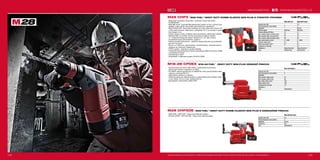 132 133
#MILWAUKEETOOL
M28 CHPXDE-502C
Kapacita aku (Ah) 5.0
Počet dostupných akumulátorů 2
Nabíječka 90 min
Dodávaný v kufr
Obj.č. 4933448015
M18-28 CPDEX-0
Kapacita aku (Ah) −
Počet dostupných akumulátorů 0
Nabíječka −
Max. průměr vrtáku (mm) 16
Max. hloubka vrtání (mm) 90
Max. délka vrtáku (mm) 160
Délka zdvihu (mm) 100
Hmotnost bez aku (kg) 1.6
Dodávaný v −
Obj.č. 4933446810
M28 CHPX-0X M28 CHPX-502X
Kapacita aku (Ah) − 5.0
Počet dostupných akumulátorů 0 2
Nabíječka − 90 min
Upínání nářadí SDS-Plus SDS-Plus
Energie příklepu (EPTA)(J) 4.1 4.1
Max. průměr vrtání do dřeva (mm) 30 30
Max. průměr vrtání do oceli (mm) 13 13
Max. průměr vrtání do betonu (mm) 28 28
Max. počet úderů (ú./min) 0 - 5000 0 - 5000
Vibrační vrtání (m/s² ) 8.1 8.1
Vibrace při sekání (m/s² ) 8.1 8.1
Hmotnost vč. aku (kg) − 4.7
Dodávaný v Heavy Duty kufr Heavy Duty kufr
Obj.č. 4933451029 4933451025
WWW.MILWAUKEETOOL.CZ
M28 CHPX | M28 FUEL™
HEAVY DUTY KOMBI KLADIVO SDS-PLUS S VYSOKÝM VÝKONEM
ºº Milwaukee®
je autorem konstrukce i výrobcem motorů bez uhlíků
POWERSTATE™
ºº REDLINK PLUS™
nejmodernější elektronický systém na trhu, ochrana proti
přetížení chrání nářadí i akumulátor před extrémním namáháním
ºº REDLITHIUM-ION™
akumulátor poskytuje až o 65% delší dobu chodu a až
o 20% delší životnost, lepší provoz i při teplotě -20 °C ve srovnání s ostatní
technologie Li-Ion
ºº Vysoce výkonný motor umožňuje výkon srovnatelný s elektrickým nářadím
ºº Nejvýkonnější ve své tříde. Účinný mechanismus kladiva: dodává
4,1 J nárazové energie při nízkých vibracích 8,1 m/s² díky novému
dvoukolejnicovému antivibračnímu systému*
ºº Celokovová skříň převodovky - optimální usazení převodů pro prodloužení
provozní životnosti
ºº Provoz ve 4 režimech: otočné kladivo, samotné kladivo, samotná rotace a
variolock pro maximální všestrannost
ºº FIXTEC systém - bezklíčová výměna sklíčidla
ºº Individuální řízení jednotlivých článků optimalizuje odběr při provozu nářadí
a prodlužuje životnost
ºº Ukazatel stavu nabití
ºº Kompatibilní s odsavačem prachu M18-28 CPDEX
M18-28 CPDEX | M18-28 FUEL™
HEAVY DUTY SDS-PLUS ODSAVAČ PRACHU
ºº Zkonstruovaný pro účinný sběr prachu s automatickým provozem
aktivovaným hlavním vypínačem na nářadí
ºº Filtr HEPA: obecně považovaný za nejlepší filtr, který zachytí částice všech
velikostí s účinností 99,75 %
ºº Velká sběrná nádoba na nečistoty
ºº Hliníková trubka pro odsávání prachu je nastavitelná podle velikosti vrtáku
s max. délkou 16 mm a max. hloubkou 90 mm
ºº Kompatibilní s M18 CHPX a M28 CHPX
M28 CHPXDE | M28 FUEL™
HEAVY DUTY KOMBI KLADIVO SDS-PLUS S ODSAVAČEM PRACHU
ºº M28 CHPX - M28 FUEL™
Heavy Duty SDS-plus kladivo
ºº M18-28 CPDEX - M18-28 FUEL™
Heavy Duty odsavač prachu
Vyobrazené příslušenství je pouze ilustrativní. Pro další technické specifikace včetně údajů o hlučnosti a vibracích navštivte naši webovou stránku: www.milwaukeetool.cz
 