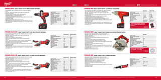 134 135
#MILWAUKEETOOL
HD28 SG-0
Kapacita aku (Ah) −
Počet dostupných akumulátorů 0
Nabíječka −
Počet otáček bez zatížení (ot./min) 22,500 / 19,500
Průměr kleštiny (mm) 6
Hmotnost vč. aku (kg) 3.1
Dodávaný v −
Obj.č. 4933415615
HD28 MS-0
Kapacita aku (Ah) −
Počet dostupných akumulátorů 0
Nabíječka −
Počet otáček bez zatížení (ot./min) 3200
Průměr kotouče (mm) 174
Průměr hřídele (mm) 20
Max. kap. řezu – ocelový plech (mm) 5
Max. kapacita řezu – kovové trubky (mm) 61
Max. kapacita řezu – profily (mm) 61
Hmotnost vč. aku (kg) 4.2
Dodávaný v −
Obj.č. 4933416880
HD28 IW-0X HD28 IW-502X
Kapacita aku (Ah) − 5.0
Počet dostupných akumulátorů 0 2
Nabíječka − 90 min
Počet otáček bez zatížení (ot./min) 0 - 1450 0 - 1450
Počet úderů (ú./min) 0 - 2450 0 - 2450
Upínání nářadí 1
/2˝ čtyřhran 1
/2˝ čtyřhran
Max. moment (Nm) 440 440
Hmotnost vč. aku (kg) − 4.1
Dodávaný v Heavy Duty kufr Heavy Duty kufr
Obj.č. 4933431642 4933448545
HD28 AG115-0X HD28 AG115-502X
Kapacita aku (Ah) − 5.0
Počet dostupných akumulátorů 0 2
Nabíječka − 90 min
Počet otáček bez zatížení (ot./min) 9000 9000
Průměr kotouče (mm) 115 115
Max. hloubka řezání (mm) 28 28
Závit hřídele M 14 M 14
Hmotnost vč. aku (kg) − 2.8
FIXTEC matice Ano Ano
Funkce Line lock out Ano Ano
Přídavné madlo s AVS Ano Ano
Dodávaný v Heavy Duty kufr Heavy Duty kufr
Obj.č. 4933432146 4933448540
HD28 AG125-0X HD28 AG125-502X
Kapacita aku (Ah) − 5.0
Počet dostupných akumulátorů 0 2
Nabíječka − 90 min
Počet otáček bez zatížení (ot./min) 9000 9000
Průměr kotouče (mm) 125 125
Max. hloubka řezání (mm) 36 36
Závit hřídele M 14 M 14
Hmotnost vč. aku (kg) − 2.8
FIXTEC matice Ano Ano
Funkce Line lock out Ano Ano
Přídavné madlo s AVS Ano Ano
Dodávaný v Heavy Duty kufr Heavy Duty kufr
Obj.č. 4933432225 4933448541
HD28 PD-0X HD28 PD-502X
Kapacita aku (Ah) − 5.0
Počet dostupných akumulátorů 0 2
Nabíječka − 90 min
Počet otáček - 1.st. (ot./min) 0 - 450 0 - 450
Počet otáček - 2.st. (ot./min) 0 - 1800 0 - 1800
Kapacita sklíčidla (mm) 13 13
Max. průměr vrtání do dřeva (mm) 65 65
Max. průměr vrtání do oceli (mm) 16 16
Max. průměr vrtání do betonu (mm) 20 20
Max. moment (Nm) 90 90
Hmotnost vč. aku (kg) − 2.5
Dodávaný v Heavy Duty kufr Heavy Duty kufr
Obj.č. 4933431646 4933448544
HD28 PD | M28™
HEAVY DUTY PŘÍKLEPOVÁ VRTAČKA
ºº Díky Milwaukee®
nabízí ohromujících 90 Nm kr. momentu pro nejtěžší
použití
ºº REDLINK™
ochrana proti přetížení chrání nářadí i akumulátor před
extrémním namáháním
ºº Převodovka i převody ze slitiny hořčíku, dlouhá životnost
ºº Kompaktní příklepová vrtačka je dlouhá jen 237 mm
ºº 13 mm Rohm sklíčidlo pro dlouhou životnost
ºº Individuální řízení jednotlivých článků optimalizuje odběr při provozu nářadí
a prodlužuje životnost
ºº Ukazatel stavu nabití
ºº Zabudované LED světlo osvětluje pracovní plochu
ºº REDLITHIUM-ION™
akumulátor poskytuje až o 65% delší dobu chodu a až
o 20% delší životnost, lepší provoz i při teplotě -20 °C ve srovnání s ostatní
technologie Li-Ion
HD28 AG125 | M28™
HEAVY DUTY 125 MM ÚHLOVÁ BRUSKA
ºº Vysoce výkonný motor Milwaukee®
nabízí maximální výkon tím, že zvyšuje
poměr síly a hmotnosti
ºº REDLINK™
ochrana proti přetížení chrání nářadí i akumulátor před
extrémním namáháním
ºº Celokovový kryt převodovky nabízí trvanlivost
ºº Redukovaná výška převodovky a štíhlý design poskytuje optimální
ergonomii
ºº FIXTEC – patentovaná matice pro rychlou a snadnou výměnu kotoučů
ºº Rychloupínací kryt pro snadnou úpravu (odolný proti prasknutí)
ºº AVS postranní rukojeť pro maximální komfort
ºº Individuální řízení jednotlivých článků optimalizuje odběr při provozu nářadí
a prodlužuje životnost
ºº Ukazatel stavu nabití
ºº REDLITHIUM-ION™
akumulátor poskytuje až o 65% delší dobu chodu a až
o 20% delší životnost, lepší provoz i při teplotě -20 °C ve srovnání s ostatní
technologie Li-Ion
HD28 AG115 | M28™
HEAVY DUTY 115 MM ÚHLOVÁ BRUSKA
ºº Vysoce výkonný motor Milwaukee®
nabízí maximální výkon tím, že zvyšuje
poměr síly a hmotnosti
ºº REDLINK™
ochrana proti přetížení chrání nářadí i akumulátor před
extrémním namáháním
ºº Celokovový kryt převodovky nabízí trvanlivost
ºº Redukovaná výška převodovky a štíhlý design poskytuje optimální
ergonomii
ºº FIXTEC – patentovaná matice pro rychlou a snadnou výměnu kotoučů
ºº Rychloupínací kryt pro snadnou úpravu (odolný proti prasknutí)
ºº AVS postranní rukojeť pro maximální komfort
ºº Individuální řízení jednotlivých článků optimalizuje odběr při provozu nářadí
a prodlužuje životnost
ºº Ukazatel stavu nabití
ºº REDLITHIUM-ION™
akumulátor poskytuje až o 65% delší dobu chodu a
až o 20% delší životnost, lepší provoz i při teplotě -20 °C ve srovnání s
ostatní technologie Li-Ion
Vyobrazené příslušenství je pouze ilustrativní. Pro další technické specifikace včetně údajů o hlučnosti a vibracích navštivte naši webovou stránku: www.milwaukeetool.cz
WWW.MILWAUKEETOOL.CZ
HD28 IW | M28™
HEAVY DUTY 1
/2˝ RÁZOVÝ UTAHOVÁK
ºº Díky 4-pólovému bezrámovému motoru Milwaukee®
nabízí ohromujících
440 Nm kroutícího momentu, což je ideální pro nejtěžší použití
ºº REDLINK™
ochrana proti přetížení chrání nářadí i akumulátor před
extrémním namáháním
ºº Trvanlivá a lehká horčíková převodovka zajišťuje prodlouženou životnost a
pohodlné užívání
ºº Proměnlivá rychlostní spoušť pro přesné a komfortní ovládání
ºº ½˝ aretační čep ploché hlavy pro zajištění hlavice
ºº Protiskluzový povrch pro maximální pohodlí a ovládání
ºº Mimořádné řešení pouzdra baterie pro optimální vyvážení nástroje
ºº Individuální řízení jednotlivých článků optimalizuje odběr při provozu nářadí
a prodlužuje životnost
ºº Ukazatel stavu nabití
ºº REDLITHIUM-ION™
akumulátor poskytuje až o 65% delší dobu chodu a až
o 20% delší životnost, lepší provoz i při teplotě -20 °C ve srovnání s ostatní
technologie Li-Ion
10 KS SHOCKWAVE IMPACT
DUTY™
SADA NÁSTRČNÝCH
KLÍČŮ 1
/2
Obj.č. 4932352861
HD28 MS | M28™
HEAVY DUTY PILKA NA SUCHÉ ŘEZÁNÍ KOVU
ºº Milwaukee®
motor poskytuje 3200 ot. / min pro rychlé řezání
ºº REDLINK™
ochrana proti přetížení chrání nářadí i akumulátor před
extrémním namáháním
ºº Velká hloubka řezu 61 mm
ºº Kompaktní, ergonomický design zabezpečuje lepší kontrolu než u
standardních pil
ºº Ergonomická softgrip rukojeť pro pohodlnější používání
ºº Elektronická brzda motoru zastaví řezný kotouč ve vteřině
ºº Individuální řízení jednotlivých článků optimalizuje odběr při provozu nářadí
a prodlužuje životnost
ºº Zabudované LED světlo osvětluje pracovní plochu
ºº Ukazatel stavu nabití
ºº REDLITHIUM-ION™
akumulátor poskytuje až o 65% delší dobu chodu a až
o 20% delší životnost, lepší provoz i při teplotě -20 °C ve srovnání s ostatní
technologie Li-Ion
ºº Vynikající karbidový kotouč 174 mm
ºº Standardní vybavení: kotouč 36 zubů
PILOVÝ KOTOUČ NA KOV
174/20MM - 50 ZUBŮ
Obj.č. 48404017
HD28 SG | M28™
HEAVY DUTY PŘÍMÁ BRUSKA
ºº Dlouhá, štíhlá hřídel pro lepší přístup do nedostupných míst
ºº REDLINK™
ochrana proti přetížení chrání nářadí i akumulátor před
extrémním namáháním
ºº Digitální elektronika, 2 rychlosti, optimální pro uživatele
ºº Aretace akumulátoru brání jeho nechtěnému uvolnění
ºº Celoková převodovka pro maximální životnost
ºº Maximální proud vzduchu pro chlazení při dlouhém chodu
ºº Kleština 6 mm
ºº Individuální řízení jednotlivých článků optimalizuje odběr při provozu nářadí
a prodlužuje životnost
ºº Ukazatel stavu nabití
Vyobrazené příslušenství je pouze ilustrativní. Pro další technické specifikace včetně údajů o hlučnosti a vibracích navštivte naši webovou stránku: www.milwaukeetool.cz
 