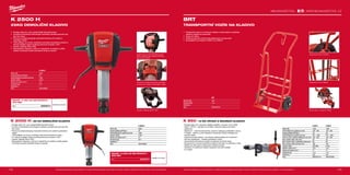 142 143
#MILWAUKEETOOL
K 950 S K 950 K
Příkon (W) 1700 1700
Počet otáček bez zatížení (ot./min) 125 - 250 125 - 250
Energie příklepu (EPTA)(J) 20 20
Počet příklepů při zatížení (př./min) 975 - 1950 975 - 1950
Počet ot. při pl. zatížení (měkký př.) (ot./min) 125 - 250 125 - 250
Max. průměr vrtání bitu (mm) 50 50
Max. průměr vrtání tunelového vrtáku(mm) 80 80
Max. průměr vrtání korunky (mm) 150 150
Upínání nářadí SDS-Max K-Hex
Vibrační vrtání (m/s² ) 12.5 12.5
Vibrace při sekání (m/s² ) 11 11
Hmotnost (kg) 11.8 11.8
Dodávaný v kufr kufr
Obj.č. 4933375710 4933375500
BRT
Nosnost (kg) 100
Hmotnost (kg) 14.3
Dodávaný v −
Obj.č. 4933459794
K 2000 H
Příkon (W) 2200
Energie příklepu (EPTA)(J) 42
Počet příklepů při zatížení (př./min) 1300
Upínání nářadí K-Hex
Vibrace při sekání (m/s² ) 4.7
Hmotnost (kg) 24.2
Dodávaný v −
Obj.č. 4933459604
K 2500 H
Příkon (W) 2200
Energie příklepu (EPTA)(J) 64
Počet příklepů při zatížení (př./min) 1300
Upínání nářadí K-Hex
Vibrace při sekání (m/s² ) 4.9
Hmotnost (kg) 27.4
Dodávaný v −
Obj.č. 4933459602
K 2500 H
25KG DEMOLIČNÍ KLADIVO
ºº Energie úderu 64 J pro nejnáročnější demoliční práce
ºº Inovativní antivibrační technologie umožňuje uživateli pracovat celý
den bez únavy
ºº Pomocná rukojeť poskytuje maximální kontrolu při zvedání a
přenášení nářadí
ºº 1300 příklepů za minutu umožňuje maximální produktivitu práce6 m
dlouhý napájecí kabel umožňuje pracovat na ploše 113m²
ºº Upínání nástroje 28mm HEX
ºº Samostatně k dispozici vozík se 4 zásobníky na sekáče a držák
kabelů umožňující snadné převážení stroje na stavbě
Systém plovoucího těla Milwaukee®
AVS umožňuje opřít nástroj proti tělu
bez pocitu vibrací
Pomocná rukojeť poskytuje maximální
kontrolu při zvedání a přenášení nářadí
SEKÁČ K-HEX 28 MM ŠPIČATÝ -
400 MM
Obj.č. 4932459774
Upínání nástroje 28mm HEX
K 2000 H | 22 KG DEMOLIČNÍ KLADIVO
ºº Energie úderu 42 J pro nejnáročnější demoliční práce
ºº Inovativní antivibrační technologie umožňuje uživateli pracovat celý den
bez únavy
ºº Pomocná rukojeť poskytuje maximální kontrolu při zvedání a přenášení
nářadí
ºº 1300 příklepů za minutu umožňuje maximální produktivitu práce
ºº 6 m dlouhý napájecí kabel umožňuje pracovat na ploše 113m²
ºº Upínání nástroje 28mm HEX
ºº Samostatně k dispozici vozík se 4 zásobníky na sekáče a držák kabelů
umožňující snadné převážení stroje na stavbě
SEKÁČ K-HEX 28 MM ŠPIČATÝ -
400 MM
Obj.č. 4932459774
Vyobrazené příslušenství je pouze ilustrativní. Pro další technické specifikace včetně údajů o hlučnosti a vibracích navštivte naši webovou stránku: www.milwaukeetool.cz
WWW.MILWAUKEETOOL.CZ
BRT
TRANSPORTNÍ VOZÍK NA KLADIVO
ºº Transportní vozík se 4 místy pro sekáče a závěs kabelu usnadňuje
přepravu kladiva po pracovišti.
ºº Uveze až 100kg
ºº Práškové lakování chrání před poškozením na pracovišti
ºº Kompatibilní pro kladiva K 2000 H a K 2500 H
Integrovaný hák na kabely
Zásobník až na 4 sekáče
Heavy duty - uveze až 100kg
K 950 | 10 KG VRTACÍ A BOURACÍ KLADIVO
ºº Energie úderu 20 J zaručuje nejlepší výsledky v bourání ve své třídě
ºº Motor 1700 W – nejvyšší ve své třídě, výkonová rezerva při všech
aplikacích
ºº Digitronic®
– celovlná elektronika, precizní nastavení potřebného výkonu
ºº 3 madla – všechny s Anti-Vibračním-Systémem (AVS) a Softgrip pro
komfort práce
ºº Celokovová převodovka - pro přesné uložení ložisek pro trvanlivost
ºº Servisní signalizace - indikace opotřebení uhlíků
ºº Automatický přimazávací systém prodlužuje životnost stroje
ºº Konstrukce In-Line pro pohodlnou obsluhu při práci ve výši kolen a níže
ºº Ideální pro užití spolu s přenosným zdrojem proudu
ºº Variolock (12 poloh) pro ideální nastavení úhlu břitu sekáče
ºº 6 m kabel
Vyobrazené příslušenství je pouze ilustrativní. Pro další technické specifikace včetně údajů o hlučnosti a vibracích navštivte naši webovou stránku: www.milwaukeetool.cz
 