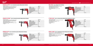 150 151
#MILWAUKEETOOL
PDE 16 RP
Příkon (W) 630
Počet otáček bez zatížení (ot./min) 0 - 950
Max. průměr vrtání do betonu (mm) 16
Max. průměr vrtání do zdiva (mm) 20
Max. průměr vrtání do oceli (mm) 13
Max. průměr vrtání do dřeva (mm) 40
Max. statické blokování točivého momentu (Nm) 59
Kapacita sklíčidla (mm) 13
Hmotnost (kg) 2.0
Dodávaný v kufr
Obj.č. 4933409206
T-TEC 201
Příkon (W) 750
Počet otáček - 1.st. (ot./min) 0 - 1200
Počet otáček - 2.st. (ot./min) 0 - 3400
Max. průměr vrtání do betonu (mm) 20
Max. průměr vrtání do zdiva (mm) 22
Max. průměr vrtání do oceli (mm) 13
Max. průměr vrtání do dřeva (mm) 40
Max. statické blokování točivého momentu (Nm) 58
Kapacita sklíčidla (mm) 13
Hmotnost (kg) 2.7
Dodávaný v kufr
Obj.č. 4933380708
PD-705
Příkon (W) 705
Počet otáček bez zatížení (ot./min) 0 - 3000
Max. průměr vrtání do betonu (mm) 15
Max. průměr vrtání do zdiva (mm) 16
Max. průměr vrtání do oceli (mm) 13
Max. průměr vrtání do dřeva (mm) 30
Max. statické blokování točivého momentu (Nm) 15
Kapacita sklíčidla (mm) 13
Hmotnost (kg) 1.9
Dodávaný v −
Obj.č. 4933431955
PD2E 22 R
Příkon (W) 850
Počet otáček - 1.st. (ot./min) 0 - 1000
Počet otáček - 2.st. (ot./min) 0 - 3200
Max. průměr vrtání do betonu (mm) 20
Max. průměr vrtání do zdiva (mm) 22
Max. průměr vrtání do oceli (mm) 13
Max. průměr vrtání do dřeva (mm) 40
Max. statické blokování točivého momentu (Nm) 56
Kapacita sklíčidla (mm) 13
Hmotnost (kg) 2.9
Dodávaný v kufr
Obj.č. 4933419570
PD2E 24 RST
Příkon (W) 1200
Počet otáček - 1.st. (ot./min) 0 - 1450
Počet otáček - 2.st. (ot./min) 0 - 3400
Max. průměr vrtání do betonu (mm) 22
Max. průměr vrtání do zdiva (mm) 24
Max. průměr vrtání do oceli (mm) 16
Max. průměr vrtání do dřeva (mm) 45
Max. statické blokování točivého momentu (Nm) 56
Kapacita sklíčidla (mm) 13
Hmotnost (kg) 3.1
Dodávaný v kufr
Obj.č. 4933380796
PD2E 24 RS
Příkon (W) 1010
Počet otáček - 1.st. (ot./min) 0 - 1450
Počet otáček - 2.st. (ot./min) 0 - 3400
Max. průměr vrtání do betonu (mm) 20
Max. průměr vrtání do zdiva (mm) 24
Max. průměr vrtání do oceli (mm) 16
Max. průměr vrtání do dřeva (mm) 40
Max. statické blokování točivého momentu (Nm) 54
Kapacita sklíčidla (mm) 13
Hmotnost (kg) 3.1
Dodávaný v kufr
Obj.č. 4933380462
PD2E 24 RS | 1010 W DVOURYCHLOSTNÍ PŘÍKLEPOVÁ VRTAČKA
ºº Výkonný 1010 W motor
ºº Elektronika s možností nastavení rychlosti a se zpětným chodem
ºº Antivibrační systém AVS a softgrip pro komfortní používání
ºº Kovová synchronizovaná převodovka pro vynikající trvanlivost
ºº Přímé upínání nástavců sníží délku a hmotnost
ºº Bezpečnostní spojka pro optimální ochranu uživatele
ºº Rychlosklíčidlo 1,5 - 13 mm
ºº 4 m kabel
PD2E 24 RST | 1200 W DVOURYCHLOSTNÍ PŘÍKLEPOVÁ VRTAČKA
ºº Výkonný 1200 W motor
ºº Elektronika s možností nastavení rychlosti a se zpětným chodem
ºº Antivibrační systém (AVS) a soft grip pro komfortní používání
ºº Kovová synchronizovaná převodovka pro vynikající trvanlivost
ºº Nastavení krouticího momentu
ºº Přímé upínání nástavců sníží délku a hmotnost
ºº Bezpečnostní spojka pro optimální ochranu uživatele a nástroje
ºº Rychlosklíčidlo 1,5 - 13 mm
ºº 4 m kabel
PD2E 22 R | 850 W DVOURYCHLOSTNÍ PŘÍKLEPOVÁ VRTAČKA
ºº Výkonný 850 W motor
ºº Plynule nastavitelná rychlost, pravý-levý chod
ºº Antivibrační systém a softgrip pro komfortní používání
ºº Kovová převodovka pro vynikající trvanlivost
ºº Přímé upínání nástavců sníží délku a hmotnost
ºº Bezpečnostní spojka
ºº Rychlosklíčidlo 1,5 - 13 mm
ºº 4 m kabel
Vyobrazené příslušenství je pouze ilustrativní. Pro další technické specifikace včetně údajů o hlučnosti a vibracích navštivte naši webovou stránku: www.milwaukeetool.cz
WWW.MILWAUKEETOOL.CZ
PD-705 | 705 W PŘÍKLEPOVÁ VRTAČKA
ºº Kompaktný design a výkonný 705 W motor
ºº Madlo softgrip a ergonomický design pro komfortní používání
ºº Plynule nastavitelná rychlost, pravý-levý chod
ºº Vypínač příklepové funkce pro rotační vrtání
ºº Kovové rychlosklíčidlo 13 mm
ºº 43 mm průmer krku pro použití u stojanů na vrtačku
ºº 4 m kabel
T-TEC 201 | 750 W 2-RYCHLOSTNÍ PŘÍKLEPOVÁ VRTAČKA VE TVARU L
ºº Výkonné a komfortní ovládání
ºº Plantová převodovka s vysokým momentem pro vrtání a šroubovaní
ºº Přímé upnutí bitu do hřídele
ºº Vypnutí příklepu pro obyčejné vrtání a šroubování
ºº Kovové rychlosklíčidlo (1,5 - 13 mm)
ºº Levý / pravý chod
ºº Odstranitelné zadní madlo
ºº 4 m kabel
PDE 16 RP | 630 W JEDNORYCHLOSTNÍ PŘÍKLEPOVÁ VRTAČKA
ºº Výborná manipulace díky kompaktní ergonomické konstrukci
ºº Planetová převodovka pro použití s nízkými otáčkami a vysokým točivým
momentem
ºº Technologie IMB - Integrated-Metal-Block (integrovaný kovový blok) pro
nejvyšší odolnost a stabilitu
ºº Elektronika: plynulá předvolba otáček pro optimální vrtání
ºº Vypnutí příklepové funkce pro běžné vrtání
ºº 4 m kabel
Vyobrazené příslušenství je pouze ilustrativní. Pro další technické specifikace včetně údajů o hlučnosti a vibracích navštivte naši webovou stránku: www.milwaukeetool.cz
 