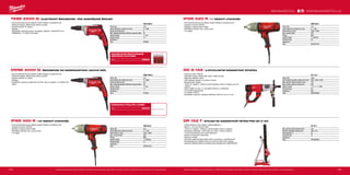 154 155
#MILWAUKEETOOL
DR 152 T
Max. průměr vrtání korunky (mm) 152
Rozměry základové desky (mm) 330 x 210
Úhel kapacita (°) 45
Hmotnost (kg) 10
Dodávaný v −
Obj.č. 4933428020
DD 3-152
Příkon (W) 1900
Počet otáček při plném zatížení (ot./min) 550 / 1250 / 2700
Max. průměr vrtání do betonu (mm) 152
Max. průměr vrtání do zdiva (mm) 202
Upínání nářadí 1
/2˝ G + 1 1
/4˝ UNC
Hmotnost (kg) 6.5
Dodávaný v kufr
Obj.č. 4933428000
IPWE 520 R
Příkon (W) 725
Počet otáček bez zatížení (ot./min) 0 - 1700
Počet úderů (ú./min) 1000 - 2500
Max. moment (Nm) 520
Šrouby M24
Upínání nářadí 3
/4˝ čtyřhran
Hmotnost (kg) 2.8
Dodávaný v −
Obj.č. 4933451525
IPWE 400 R
Příkon (W) 725
Počet otáček bez zatížení (ot./min) 0 - 1700
Počet úderů (ú./min) 1000 - 2600
Max. moment (Nm) 400
Šrouby M20
Upínání nářadí 1
/2˝ čtyřhran
Hmotnost (kg) 2.7
Dodávaný v −
Obj.č. 4933451524
DWSE 4000 Q
Příkon (W) 725
Počet otáček bez zatížení (ot./min) 0 - 4000
Šrouby do dřeva (mm) 4.8
Max. statické blokování točivého momentu (Nm) 20
Upínání nářadí 1
/4˝ Hex
Hmotnost (kg) 1.3
Dodávaný v −
Obj.č. 674350
TKSE 2500 Q
Příkon (W) 725
Počet otáček bez zatížení (ot./min) 0 - 2500
Šrouby do dřeva (mm) 6
Max. statické blokování točivého momentu (Nm) 25
Upínání nářadí 1
/4˝ Hex
Hmotnost (kg) 1.4
Dodávaný v −
Obj.č. 679050
TKSE 2500 Q | ELEKTRICKÝ ŠROUBOVÁK PRO SAMOŘEZNÉ ŠROUBY
ºº Kovová převodovka pro přesné uložení ložisek a ozubených kol
ºº Nehlučná spojka, elektronicky řízená rychlost
ºº Snadné snímání hl. dorazu
ºº Softgrip
ºº Standardní vybavení: spona na opasek, objímka - sada 6/8/10 mm
(49663004), 4 m QUIK-LOK kabel
MAGNETICKÉ ŠESTIHRANNÉ
NÁSTAVCE 6/8/10MM
Obj.č. 49663004
DWSE 4000 Q | ŠROUBOVÁK DO SÁDROKARTONU (SUCHÁ ZEĎ)
ºº Kovová převodovka pro přesné uložení ložisek a ozubených kol
ºº Nehlučná spojka, elektronicky řízená rychlost
ºº Snadné snímání hl. dorazu
ºº Softgrip
ºº Standardní vybavení: držák bitů, bit PH2, klip na opasek, 4 m QUIK-LOK
kabel
KONCOVKA PHILLIPS 140MM
Obj.č. 48301528
IPWE 400 R | 1/2˝ RÁZOVÝ UTAHOVÁK
ºº Kovová převodovka pro přesné uložení ložisek a ozubených kol
ºº Výstupní moment 400 Nm
ºº Softgrip a ergonomické madlo
ºº Stavitelná rychlost, levý / pravý chod
ºº 4 m kabel
Vyobrazené příslušenství je pouze ilustrativní. Pro další technické specifikace včetně údajů o hlučnosti a vibracích navštivte naši webovou stránku: www.milwaukeetool.cz
WWW.MILWAUKEETOOL.CZ
IPWE 520 R | 3
/4˝ RÁZOVÝ UTAHOVÁK
ºº Kovová převodovka pro přesné uložení ložisek a ozubených kol
ºº Výstupní moment 520 Nm
ºº Softgrip a ergonomické madlo
ºº Stavitelná rychlost, levý / pravý chod
ºº 4 m kabel
DD 3-152 | 3-RYCHLOSTNÍ DIAMANTOVÁ VRTAČKA
ºº Výkonný motor 1900 W
ºº Optimální rozsah otáček řídit malé a velké korunky
ºº Možnost měkkého startu
ºº LED indikátor teploty na ochranu motora
ºº Bezpečnostní spojka
ºº “Quick-in” spojení – přesné a rychlé spojení motoru a stojanu pro min
vibrace
ºº Zadní madlo ve tvaru “L” pro lepší kontrolu a vyváženost
ºº 3-rychlostní převodovka
ºº 5 m kabel s PRCD
ºº Standardní vybavení: napojení odsávání, klíče 32 mm a 41 mm
DR 152 T | STOJAN NA DIAMANTOVÉ VRTÁNÍ PRO DD 3-152
ºº Lehký hlinikový vrtací stojan, snadná přeprava
ºº Sklon 0 – 45° pro úhlové vrtání
ºº “Quick-in” spojení – přesné a rychlé spojení motoru a stojanu
ºº Kompaktní základna – šetří místo při vrtání v úzkých místech
ºº 4 úrovně šroubování pro rychlé nastavení
ºº Svislá a horizontální vodováha
ºº Dopravní rukojeť
ºº Zamykací páka pomáhá držet motor s korunkou v nejvyšší pozici
ºº Dvoupaprskové ovládání zdvihu je možné použít zleva i zprava
ºº Vakuová základní deska sa dodává jako príslušenství (4932352676)
Vyobrazené příslušenství je pouze ilustrativní. Pro další technické specifikace včetně údajů o hlučnosti a vibracích navštivte naši webovou stránku: www.milwaukeetool.cz
 