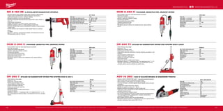156 157
#MILWAUKEETOOL
AGV 15-125 XC DEC-SET
Příkon (W) 1550
Počet otáček bez zatížení (ot./min) 11,000
Průměr kotouče (mm) 125
Max. hloubka řezání (mm) 28
Závit hřídele M 14
Hmotnost (kg) 2.6
Variabilní rychlost Ne
FIXTEC Ano
Funkce Line lock out Ano
Přídavné madlo s AVS Ano
Dodávaný v Heavy Duty kufr
Obj.č. 4933448025
DR 250 TV
Max. průměr vrtání korunky (mm) 250
Délka zdvihu (mm) 520
Výška (mm) 834
Rozměry základové desky (mm) 276 x 467
Úhel kapacita (°) 45
Hmotnost (kg) 10.0
Dodávaný v −
Obj.č. 4933400590
DCM 2-250 C
Příkon (W) 2800
Počet otáček - 1.st. (ot./min) 450
Počet otáček - 2.st. (ot./min) 900
Max. průměr vrtání korunky (mm) 250
Upínání nářadí 1 1
/4˝ UNC
Hmotnost (kg) 9.0
Dodávaný v −
Obj.č. 240 V 40964
DR 350 T
Max. průměr vrtání korunky (mm) 350
Délka zdvihu (mm) 610
Výška (mm) 1042
Rozměry základové desky (mm) 391 x 523
Úhel kapacita (°) 45
Hmotnost (kg) 19.5
Dodávaný v −
Obj.č. 240 V 4933400600
DCM 2-350 C
Příkon (W) 2800
Počet otáček - 1.st. (ot./min) 300
Počet otáček - 2.st. (ot./min) 600
Max. průměr vrtání korunky (mm) 350
Upínání nářadí 1 1
/4˝ UNC
Hmotnost (kg) 9.0
Dodávaný v −
Obj.č. 240 V 40044
DD 2-160 XE
Příkon (W) 1500
Počet otáček bez zatížení (ot./min) 0 - 1500 / 0 - 3000
Počet otáček při plném zatížení (ot./min) 0 - 890 / 0 - 1770
Počet zdvihů bez zatížení (zd./min) 24,000 / 48,000
Max. průměr vrtání do zdiva (mm) 162
Max. statické blokování točivého momentu
(Nm)
50
Upínání nářadí M18 x 2.5
Hmotnost (kg) 4.2
Dodávaný v kufr
Obj.č. 4933368690
DD 2-160 XE | 2-RYCHLOSTNÍ DIAMANTOVÁ VRTAČKA
ºº Výkonný robustní motor dodává vysoký točivý moment o stálé hodnotě
ºº Dvojitá ochrana prostřednictvím vzájemně spojené mechanické a
elektronické spojky na ochranu uživatele i nástroje
ºº Robustní konstrukce s kovovou převodovkou
ºº Bezpečná manipulace díky dlouhé boční rukojeti AVS a zadní rukojeti ve
tvaru „D”
ºº Dvojrychlostní převodovka
ºº Adaptér M16 FIXTEC pro rychlou výměnu vrtací korunky
ºº Zeslabený příklepový režim tzv. měkký příklep pro lepší vrtání
ºº Možnost měkkého startu pomocí akceleračního spínače umožňuje přesné
a řízené vrtání
ºº FIXTEC Cleanline rotor (dodává se zvlášt) nejlepší řešení pro osdávání
prachu
ºº 4 m kabel
ºº Standardní vybavení: rychlovýměnný adapter, M16 diamantová korunka,
SDS plus pilotní vrták (8 x 140 mm)
DCM 2-350 C | POHONNÁ JEDNOTKA PRO JÁDROVÉ VRTÁNÍ
ºº Dvourychlostní motor pro vrtání diamantovými korunkami
ºº Interní kluzná spojka
ºº Třístupňová redukční převodovka
ºº Softstart, elektronika měkkého rozběhu
ºº Ochrana proti přetížení
ºº Obvod zbytkového proudu PRCD
ºº Integrované napojení přívodu vody
ºº Spínací skříň ze dvou kusů
ºº Standardní vybavení: stranový klíč, šestihranný klíč, spínací skříňka s
popruhem
DR 350 T | STOJAN NA DIAMANTOVÉ VRTÁNÍ PRO SYSTÉM DCM 2-350 C
ºº Lehký hlinikový vrtací stojan
ºº Klopení (0 – 45°)
ºº Displej úhlu a hloubky vrtání
ºº Rychle-spojovací deska motoru
ºº Jemné nastavení rychlosti posuvu
ºº Svislá a horizontální vodováha
ºº Zařízení pro centrování vrtané díry
ºº Vyrovnávací šrouby
ºº Rukojeť lze upevnit na každé straně stojanu
ºº Transportní kolečka
ºº Standardní vybavení: 3
/16˝ šestihranný klíč, 6 mm šestihranný klíč, 17 x 19
klíč, rychle spojovací motorová deska, 4 ks šroubů M 8 x 25 mm, centrující
zařízení
Vyobrazené příslušenství je pouze ilustrativní. Pro další technické specifikace včetně údajů o hlučnosti a vibracích navštivte naši webovou stránku: www.milwaukeetool.cz
WWW.MILWAUKEETOOL.CZ
DCM 2-250 C | POHONNÁ JEDNOTKA PRO JÁDROVÉ VRTÁNÍ
ºº Dvourychlostní motor pro vrtání diamantovými korunkami
ºº Interní kluzná spojka
ºº Třístupňová redukční převodovka
ºº Softstart, elektronika měkkého rozběhu
ºº Ochrana proti přetížení
ºº Obvod zbytkového proudu PRCD
ºº Vestavěná výplachová hlava
ºº Spínací skříň ze dvou kusů
ºº Standardní vybavení: stranový klíč, šestihranný klíč, spínací skříňka,
popruh
DR 250 TV | STOJAN NA DIAMANTOVÉ VRTÁNÍ PRO SYSTÉM DCM 2-250C
ºº Lehký hlinikový vrtací stojan
ºº Klopení (0 – 45°)
ºº Displej úhlu a hloubky vrtání
ºº Rychle-spojovací deska motoru
ºº Integrovaným vakuovým upevněním. Rozměry základny (použitelné s i bez
podtlaku)
ºº Jemné nastavení rychlosti posuvu
ºº Svislá a horizontální vodováha
ºº Zařízení pro centrování vrtané díry
ºº Vyrovnávací šrouby
ºº Rukojeť lze upevnit na každé straně stojanu
ºº Standardní vybavení: 3
/16˝ šestihranný klíč, 6 mm šestihranný klíč, 17 x 19
utahovák, rychle spojovací motorová deska, 4 ks šroubů M 8 x 25 mm,
centrující zařízení, gumová manžeta pro použití vakua
AGV 15 DEC | 1550 W ÚHLOVÁ BRUSKA S ODSÁVÁNÍM PRACHU
ºº Výkonný 1550 W „PROTECTOR motor” – epoxydová pryskyřice pokrývá
stator a chrání celé vinutí, prodlužuje životnost nářadí
ºº Velmi kompaktní a štíhly design pro pohodlné používání
ºº Line lock out funkce – při znovu zapnutí sítě po výpadku sítě se stroj sám
nerozběhne
ºº Bezpečnostní spojka chrání stroj i obsluhu
ºº Bezklíčové nastavení hloubky od 5 - 28 mm
ºº Bezklíčové otevření pro snadnou a rychlou výměnu listu
ºº Vedení řezu s čárou naznačující řez, která zabraňuje zkroucení a umožňuje
optimální kontrolu při práci
ºº Rychloupínací kryt pro snadnou úpravu
ºº Na vysavače Milwaukee®
třídy M lze snadno namontovat protiprachovou
clonu pomocíjedinečného „zaklapávacího“ adaptéru dodávaného s
vysavačem Milwaukee®
EMAC
ºº Boční madlo s AVS pro menší vliv na zdraví obsluhy
ºº Standardní vybavení: kabel 4 m, protiprachová clona pro odsávání během
broušení, diamantový řezný kotouč DUH 125 mm
Vyobrazené příslušenství je pouze ilustrativní. Pro další technické specifikace včetně údajů o hlučnosti a vibracích navštivte naši webovou stránku: www.milwaukeetool.cz
 
