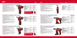 14 15
#MILWAUKEETOOL
M12 BRAID-0
Kapacita aku (Ah) −
Počet dostupných akumulátorů 0
Nabíječka −
Počet otáček bez zatížení (ot./min) 0 - 2425
Počet úderů (ú./min) 0 - 3300
Upínání nářadí 1
/4˝ Hex
Max. moment (Nm) 68
Hmotnost vč. aku (kg) 1.2
Dodávaný v −
Obj.č. 4933451247
M12 H-0 M12 H-402C
Kapacita aku (Ah) − 4.0
Počet dostupných akumulátorů 0 2
Nabíječka − 80 min
Upínání nářadí SDS-Plus SDS-Plus
Energie příklepu (EPTA)(J) 0.9 0.9
Max. průměr vrtání do dřeva (mm) 10 10
Max. průměr vrtání do oceli (mm) 8 8
Max. průměr vrtání do betonu (mm) 13 13
Vibrační vrtání (m/s² ) 6.7 6.7
Hmotnost vč. aku (kg) − 1.8
Dodávaný v − kufr
Obj.č. 4933431355 4933443161
M12 CH-0 M12 CH-402C
Kapacita aku (Ah) − 4.0
Počet dostupných akumulátorů 0 2
Nabíječka − 80 min
Upínání nářadí SDS-Plus SDS-Plus
Energie příklepu (EPTA)(J) 1.1 1.1
Max. průměr vrtání do dřeva (mm) 13 13
Max. průměr vrtání do oceli (mm) 10 10
Max. průměr vrtání do betonu (mm) 13 13
Vibrační vrtání (m/s² ) 4.4 4.4
Hmotnost vč. aku (kg) − 1.9
Dodávaný v − kufr
Obj.č. 4933441947 4933441988
M12 BIW38-0 M12 BIW38-202C
Kapacita aku (Ah) − 2.0
Počet dostupných akumulátorů 0 2
Nabíječka − 40 min
Počet otáček bez zatížení (ot./min) 0 - 2500 0 - 2500
Upínání nářadí 3
/8˝ čtyřhran 3
/8˝ čtyřhran
Počet úderů (ú./min) 0 - 3300 0 - 3300
Max. moment (Nm) 135 135
Hmotnost vč. aku (kg) − 1.0
Dodávaný v − kufr
Obj.č. 4933441985 4933443899
M12 BIW14-0 M12 BIW14-202C
Kapacita aku (Ah) − 2.0
Počet dostupných akumulátorů 0 2
Nabíječka − 40 min
Počet otáček bez zatížení (ot./min) 0 - 2500 0 - 2500
Upínání nářadí 1
/4˝ čtyřhran 1
/4˝ čtyřhran
Počet úderů (ú./min) 0 - 3300 0 - 3300
Max. moment (Nm) 50 50
Hmotnost vč. aku (kg) 1.0 1.0
Dodávaný v − kufr
Obj.č. 4933441980 4933443897
M12 BIW12-0 M12 BIW12-202C
Kapacita aku (Ah) − 2.0
Počet dostupných akumulátorů 0 2
Nabíječka − 40 min
Počet otáček bez zatížení (ot./min) 0 - 2550 0 - 2550
Upínání nářadí 1
/2˝ čtyřhran 1
/2˝ čtyřhran
Počet úderů (ú./min) 0 - 3400 0 - 3400
Max. moment (Nm) 138 138
Hmotnost vč. aku (kg) − 1.0
Dodávaný v − kufr
Obj.č. 4933447134 4933447187
M12 BIW12 | M12™
KOMPAKTNÍ 1/2˝ RÁZOVÝ UTAHOVÁK
ºº Vysoce výkonný kompaktní utahovák Milwaukee®
o délce 171 mm je
ideální pro práci v těsných prostorech
ºº REDLINK™
ochrana proti přetížení chrání nářadí i akumulátor před
extrémním namáháním
ºº Výkonné celokovové převodové ústrojí a ozubená kola pro vynikající
odolnost a maximální točivý moment
ºº 1/2˝ čtyřhran upínání pro použití s ​​univerzálními nástrčnými klíči
ºº Optimalizovaná rukojeť pro lepší kontrolu a komfortní uchopení
ºº Individuální řízení jednotlivých článků optimalizuje odběr při provozu nářadí
a prodlužuje životnost
ºº Ukazatel stavu nabití a LED světlo pro osvětlení pracovní plochy
ºº REDLITHIUM-ION™
akumulátor poskytuje až 2x delší doba chodu, až o
20% více síly, až 2x delší životnost aku, lepší provoz i při teplotě -20 °C ve
srovnání s ostatní technologie Li-Ion
ºº Flexibilní akumulátorový systém - provoz s každým akumulátorem
Milwaukee®
M12™ 10 KS SHOCKWAVE IMPACT
DUTY™
SADA NÁSTRČNÝCH
KLÍČŮ 1
/2
Obj.č. 4932352861
M12 BIW38 | M12™
KOMPAKTNÍ 3
/8˝ RÁZOVÝ UTAHOVÁK
ºº Vysoce výkonný kompaktní utahovák Milwaukee®
o délce 165 mm je
ideální pro práci v těsných prostorech
ºº REDLINK™
ochrana proti přetížení chrání nářadí i akumulátor před
extrémním namáháním
ºº Výkonné celokovové převodové ústrojí a ozubená kola pro vynikající
odolnost a maximální točivý moment
ºº 3/8 čtyřhran pro použití s nástrčnými klíči
ºº Optimalizovaná rukojeť pro lepší kontrolu a komfortní uchopení
ºº Individuální řízení jednotlivých článků optimalizuje odběr při provozu nářadí
a prodlužuje životnost
ºº Ukazatel stavu nabití a LED světlo-pro pohodlí uživatele v nejasných
prostorách
ºº REDLITHIUM-ION™
akumulátor poskytuje až 2x delší doba chodu, až o
20% více síly, až 2x delší životnost aku, lepší provoz i při teplotě -20 °C ve
srovnání s ostatní technologie Li-Ion
ºº Flexibilní akumulátorový systém - provoz s každým akumulátorem
Milwaukee®
M12™
M12 BIW14 | M12™
KOMPAKTNÍ 1/4˝ RÁZOVÝ UTAHOVÁK
ºº Vysoce výkonný kompaktní utahovák Milwaukee®
o délce 152 mm je
ideální pro práci v těsných prostorech
ºº REDLINK™
ochrana proti přetížení chrání nářadí i akumulátor před
extrémním namáháním
ºº Výkonné celokovové převodové ústrojí a ozubená kola pro vynikající
odolnost a maximální točivý moment
ºº 1
/4 čtyřhran pro použití s nástrčnými klíči
ºº Optimalizovaná rukojeť pro lepší kontrolu a komfortní uchopení
ºº Individuální řízení jednotlivých článků optimalizuje odběr při provozu nářadí
a prodlužuje životnost
ºº Ukazatel stavu nabití a LED světlo-pro pohodlí uživatele v nejasných
prostorách
ºº REDLITHIUM-ION™
akumulátor poskytuje až 2x delší doba chodu, až o
20% více síly, až 2x delší životnost aku, lepší provoz i při teplotě -20 °C ve
srovnání s ostatní technologie Li-Ion
ºº Flexibilní akumulátorový systém - provoz s každým akumulátorem
Milwaukee®
M12™
20 KS SHOCKWAVE IMPACT
DUTY™
1/4 „ SADA NÁSTRNÝCH
KLÍČŮ
Obj.č. 4932352862
Vyobrazené příslušenství je pouze ilustrativní. Pro další technické specifikace včetně údajů o hlučnosti a vibracích navštivte naši webovou stránku: www.milwaukeetool.cz
WWW.MILWAUKEETOOL.CZ
M12 BRAID | M12™
KOMPAKTNÍ PRAVOÚHLÝ RÁZOVÝ UTAHOVÁK
ºº Kompaktní pravúhlý rázový utahovák měří 287 mm na délku a je ideální pro
práci ve stísněných prostorech
ºº REDLINK™
ochrana proti přetížení chrání nářadí i akumulátor před
extrémním namáháním
ºº Celokovové převodovky a ozubená kola pro vynikající trvanlivost a
maximální točivý moment 68 Nm
ºº Kompaktní konstrukce hlavy s průměrem 35,6 mm
ºº Multi-design rukojeti pro více ručních pozic a maximální pohodlí
ºº Uchycení nástroje 1/4’’ Hex, rychlá výměna
ºº Individuální řízení jednotlivých článků optimalizuje odběr při provozu nářadí
a prodlužuje životnost
ºº Ukazatel stavu nabití a LED světlo
ºº REDLITHIUM-ION™
akumulátor poskytuje až 2x delší doba chodu, až o
20% více síly, až 2x delší životnost aku, lepší provoz i při teplotě -20 °C ve
srovnání s ostatními Lithium-ionovými technologiemi
M12 CH | M12 FUEL™
KOMPAKTNÍ SDS-PLUS KLADIVO
ºº První kompaktní bezuhlíkové 12 V kladivo - energie příklepu (EPTA): 1,1 J,
počet příklepů: 0 -6575 př./min, počet otáček: 0-900 ot./min
ºº Výjimečně nízká hladina vibrací 4,4 m/s²
ºº Vyvrtá 60 děr s průměrem 6 mm na jedno nabití
ºº Vynikající poměr sily k hmotnosti ve vlastní tříde s motorem bez uhlíků
POWERSTATE™
od Milwaukee®
- až 3-krát delší životnost motoru, až
2-krát delší doba chodu
ºº Inteligentní systém REDLINK PLUS™
- ochrana proti přetížení chrání nářadí i
akumulátor před extrémním namáháním
ºº REDLITHIUM-ION™
akumulátor poskytuje až 2x delší doba chodu, až o
20% více síly, až 2x delší životnost aku, lepší provoz i při teplotě -20 °C ve
srovnání s ostatní technologie Li-Ion
ºº 2-funkce: vrtání s příklepem nebo bez příklepu pro max. všestrannost
ºº Optimalizované příklepové vrtání - 6-10 mm (max. 13 mm)
ºº 43 mm průměr upínacího krku - kompatibilní s M12 DE odsavačem
ºº Flexibilní akumulátorový systém - provoz s každým akumulátorem
Milwaukee®
M12™
REDLITHIUM-ION™
Pro další variace soupravy se zeptejte v obchodě
M12 H | M12™
KOMPAKTNÍ KLADIVO SDS-PLUS
ºº Kompaktní a lehká konstrukce je ideální pro použití v omezeném prostoru
ºº REDLINK™
ochrana proti přetížení chrání nářadí i akumulátor před
extrémním namáháním
ºº Kladivo tvaru L pro max. všestrannost
ºº Nízká hladina vibrací 6,7 m/s²
ºº Optimalizovaní vrtání až do 4 - 8 mm (max 13 mm)
ºº Individuální řízení jednotlivých článků optimalizuje odběr při provozu nářadí
a prodlužuje životnost
ºº Ukazatel stavu nabití a LED světlo-pro pohodlí uživatele v nejasných
prostorách
ºº REDLITHIUM-ION™
akumulátor poskytuje až 2x delší doba chodu, až o
20% více síly, až 2x delší životnost aku, lepší provoz i při teplotě -20 °C ve
srovnání s ostatní technologie Li-Ion
ºº Flexibilní akumulátorový systém - provoz s každým akumulátorem
Milwaukee®
M12™
Vyobrazené příslušenství je pouze ilustrativní. Pro další technické specifikace včetně údajů o hlučnosti a vibracích navštivte naši webovou stránku: www.milwaukeetool.cz
 