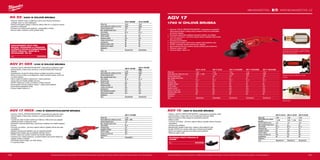 166 167
#MILWAUKEETOOL
AGV 15-125 XC AGV 15-125 XE AGV 15-150 XC
Příkon (W) 1550 1550 1550
Počet otáček bez zatížení
(ot./min)
11,000 2800 - 11,000 9000
Průměr kotouče (mm) 125 125 150
Max. hloubka řezání (mm) 33 33 44
Závit hřídele M 14 M 14 M 14
Hmotnost (kg) 2.6 2.6 2.6
Variabilní rychlost Ne Ano Ne
FIXTEC matice Ne Ne Ne
Funkce Line lock out Ano Ano Ano
Autobalancer Ne Ne Ne
Dodávaný v − − −
Obj.č. 4933428120 4933428127 4933433250
AGV 17-125 XE AGV 17-125 XC AGV 17-125 XC/DMS AGV 17-150 XC/DMS AGV 17-180 XC/DMS
Příkon (W) 1750 1750 1750 1750 1750
Počet otáček bez zatížení (ot./min) 2600 - 11,000 11,000 11,000 9500 7600
Průměr kotouče (mm) 125 125 125 150 180
Max. hloubka řezání (mm) 33 33 33 45 58
Závit hřídele M 14 M 14 M 14 M 14 M 14
Hmotnost (kg) 2.8 2.8 2.8 3.0 3.1
Variabilní rychlost Ano Ne Ne Ne Ne
FIXTEC matice Ano Ano Ano Ano Ano
Deadman spínač Ne Ne Ano Ano Ano
Funkce Line lock out Ano Ano Ano Ano Ano
Přídavné madlo s AVS Ano Ano Ano Ano Ano
Autobalancer Ne Ne Ne Ne Ne
Dodávaný v − − − − −
Obj.č. 4933432230 4933449850 4933455140 4933432250 4933432270
AGV 17-125 INOX
Příkon (W) 1750
Počet otáček bez zatížení (ot./min) 2000 - 7600
Průměr kotouče (mm) 125
Max. hloubka řezání (mm) 33
Závit hřídele M 14
Hmotnost (kg) 2.8
Variabilní rychlost Ano
FIXTEC matice Ano
Funkce Line lock out Ano
Dodávaný v −
Obj.č. 4933449870
AGV 21-230 GEX
AGV 21-230 GEX/
DMS
Příkon (W) 2100 2100
Počet otáček bez zatížení (ot./min) 6600 6600
Průměr kotouče (mm) 230 230
Max. hloubka řezání (mm) 68 68
Závit hřídele M 14 M 14
Hmotnost (kg) 5.5 5.5
FIXTEC matice Ano Ano
Deadman spínač Ne Ano
Funkce Line lock out Ano Ne
Autobalancer Ano Ano
AVS antivibračný systém Ano Ano
Otočná hlavní rukojeť Ano Ano
Dodávaný v − −
Obj.č. 4933402304 4933402525
AG 22-180/DMS AG 22-230/DMS
Příkon (W) 2200 2200
Počet otáček bez zatížení (ot./min) 8500 6600
Průměr kotouče (mm) 180 230
Max. hloubka řezání (mm) 43 68
Závit hřídele M 14 M 14
Hmotnost (kg) 5.1 5.2
FIXTEC matice Ne Ne
Deadman spínač Ano Ano
Funkce Line lock out Ne Ne
Autobalancer Ne Ne
Přídavné madlo s AVS Ne Ne
Otočná hlavní rukojeť Ne Ne
Dodávaný v − −
Obj.č. 4933431830 4933433630
AG 22 | 2200 W ÚHLOVÁ BRUSKA
ºº Výkonný, 2200 W motor s práškovou vrstvou pro dlouhou životnost a
vynikající výkon ve všech aplikacích
ºº Extrémní kompaktní design s celkovou délkou 485 mm a 5.2kg pro nejvíce
pohodlnou manipulaci
ºº Ochranný kryt odolný proti prasknutí - prestavitelný s klíčem
ºº Servisní víčka, snadná a rychlá výměna uhlíků
PROTIPRAŠNÝ KRYT PRO
ŘEZÁNÍ, DODÁVANÉ S UPÍNACÍM
KLÍČEM A RYCHLO KONEKTOREM
PROTI PRACHU. HODÍ SE K
MILWAUKEE®
AG 22.
Obj.č. 4932459340
AGV 21 GEX | 2100 W ÚHLOVÁ BRUSKA
ºº Výkonný 2100 W „PROTECTOR-MOTOR” s epoxydovou pryskyřicí, která
pokrývá stator a Heavy Duty ochranou vinutí pro prodloužení životnosti
nástroje
ºº Autobalancer významně snižuje vibrace vznikající nevývahou kotouče
ºº AVS je na krytu motoru a na přídavném madle, komfortní práce, menší vliv
na zdraví obsluhy
ºº Hlavní madlo lze otáčet a zablokovat v sedmi polohách
ºº Jemný start pro hladké zahájení provozu
ºº FIXTEC matice pro rychlou a snadnou výměnu kotouče
ºº Rychloupínací kryt pro snadnou úpravu - odolný proti prasknutí
ºº Automatický odpojitelné uhlíky
ºº Gumový kabel o délce 4 m
AGV 17 INOX | 1750 W NÍZKORYCHLOSTNÍ BRUSKA
ºº Výkonný 1750 W „PROTECTOR-MOTOR” s epoxydovou pryskyřicí, která
pokrývá stator a Heavy Duty ochranou vinutí pro prodloužení životnosti
nástroje
ºº 7 poloh pro výběr různých otáček od 2 000 do 7 600 ot/min pro nejlepší
výsledky při práci s nerezovou ocelí
ºº Konstantní výkonná elektronika s pozvolným rozběhem pro hladké zahájení
provozu
ºº Line lock out funkce – při znovu zapnutí sítě po výpadku sítě se stroj sám
nerozběhne
ºº Tepelná ochrana proti přetížení, aby se zabránilo přehřátí
ºº Bezpečnostní spojka, aby se zabránilo spětným rázům
ºº FIXTEC matice pro výměnu kotoučů bez použití nástrojů
ºº Ochranný kryt, odolný prasknutí, rychlosnímatelný bez použití nářadí pro
nejlepší ochranu uživatele
ºº Antivibrační boční rukojeť pro nižší vibrace
ºº 4 m gumený kabel
Vyobrazené příslušenství je pouze ilustrativní. Pro další technické specifikace včetně údajů o hlučnosti a vibracích navštivte naši webovou stránku: www.milwaukeetool.cz
WWW.MILWAUKEETOOL.CZ
AGV 17
1750 W ÚHLOVÁ BRUSKA
ºº Výkonný 1750 W „PROTECTOR-MOTOR” s epoxydovou pryskyřicí,
která pokrývá stator a Heavy Duty ochranou vinutí pro prodloužení
životnosti nástroje
ºº Konstantní elektronika zajišťuje konstantní otáčky i při zatížení
ºº Line lock out funkce – při znovu zapnutí sítě po výpadku sítě se stroj
sám nerozběhne
ºº Ochrana proti přetížení
ºº Bezpečnostní spojka chrání stroj i obsluhu před spětnými rázy
ºº FIXTEC umožňuje výměnu kotouče bez nástroje
ºº Rychloupínací kryt pro snadnou úpravu (odolný proti prasknutí)
ºº Přídavné madlo s AVS
ºº Gumový kabel o délce 4 m „PROTECTOR-MOTOR” s epoxydovou
pryskyřicí, která pokrývá stator a Heavy
Duty ochranou vinutí
Přídavné madlo s AVS pro menší
vibrace
Elektronika
AGV 15 | 1550 W ÚHLOVÁ BRUSKA
ºº Výkonný 1550 W „PROTECTOR-MOTOR” s epoxydovou pryskyřicí, která
pokrývá stator a chrání celé vinutí a prodlužuje životnost nářadí
ºº Velmi kompaktní a štíhly design pro pohodlné používání
ºº Měkký rozběh
ºº Line lock out funkce – při znovu zapnutí sítě po výpadku sítě se stroj sám
nerozběhne
ºº Ochrana proti přetížení
ºº Bezpečnostní spojka chrání stroj i obsluhu před spětnými rázy
ºº Systém FIXTEC pro výměnu disku bez nutnosti použit nářadí
ºº Rychlo snímatelný ochranný kryt odolný proti prasknutí
ºº Přídavné madlo s AVS
OCHRANA PROTI PRACHU Ø
125MM
Obj.č. 4932430468
Vyobrazené příslušenství je pouze ilustrativní. Pro další technické specifikace včetně údajů o hlučnosti a vibracích navštivte naši webovou stránku: www.milwaukeetool.cz
 
