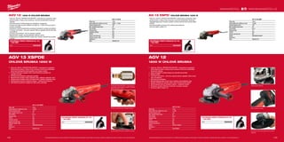168 169
#MILWAUKEETOOL
AGV 12-125 X
Příkon (W) 1200
Počet otáček bez zatížení (ot./min) 11,000
Průměr kotouče (mm) 125
Max. hloubka řezání (mm) 33
Závit hřídele M 14
Hmotnost (kg) 2.4
FIXTEC Ano
Deadman spínač Ne
Funkce Line lock out Ano
Spínač Posuvný vypínač
Dodávaný v −
Obj.č. 4933428085
AG 13-125 XSPD
Příkon (W) 1250
Počet otáček bez zatížení (ot./min) 12,000
Průměr kotouče (mm) 125
Max. hloubka řezání (mm) 28
Závit hřídele M 14
Hmotnost (kg) 2.3
FIXTEC Ano
Funkce Line lock out Ne
Spínač Velkoplošný spínač
Dodávaný v −
Obj.č. 4933451577
AGV 13-125 XSPDE
Příkon (W) 1250
Počet otáček bez zatížení (ot./min) 12,000
Průměr kotouče (mm) 125
Max. hloubka řezání (mm) 33
Závit hřídele M 14
Hmotnost (kg) 2.5
FIXTEC Ano
Deadman spínač Ano
Funkce Line lock out Ano
Přídavné madlo s AVS Ano
Spínač Velkoplošný spínač
Dodávaný v −
Obj.č. 4933451578
AGV 13-125 XE
Příkon (W) 1250
Počet otáček bez zatížení (ot./min) 2,800 - 11,500
Průměr kotouče (mm) 125
Max. hloubka řezání (mm) 33
Závit hřídele M 14
Hmotnost (kg) 2.4
Variabilní rychlost Ano
FIXTEC Ano
Funkce Line lock out Ano
Přídavné madlo s AVS Ano
Dodávaný v −
Obj.č. 4933451218
AGV 13 | 1250 W ÚHLOVÁ BRUSKA
ºº Výkonný 1250 W „PROTECTOR-MOTOR” s epoxydovou pryskyřicí, která
pokrývá stator a Heavy Duty ochranou vinutí pro prodloužení životnosti
nástroje
ºº Velmi kompaktní a štíhlý design pro pohodlnou manipulaci
ºº 6 poloh pro výběr různých otáček od 2 800 do 11 500 ot/min pro práci s
různými materiály
ºº Konstantní výkonná elektronika poskytuje konstantní rychlost při zatížení
ºº Line lock out funkce – při znovu zapnutí sítě po výpadku sítě se stroj sám
nerozběhne
ºº Ochrana proti přetížení, aby se zabránilo přehřátí
ºº Bezpečnostní spojka, aby se zabránilo spětným rázům
ºº Integrovaný a inovativní FIXTEC systém pro výměnu kotoučů bez použití
nástrojů
OCHRANA PROTI PRACHU Ø 115
- 125 MM
Obj.č. 4932430467
AGV 13 XSPDE
ÚHLOVÁ BRUSKA 1250 W
ºº Výkonný 1250 W „PROTECTOR-MOTOR” s epoxydovou pryskyřicí,
která pokrývá stator a Heavy Duty ochranou vinutí pro prodloužení
životnosti nástrojePozvolné spuštění pro hladký rozběh
ºº Funkce blokování napájení brání automatickému spuštění po
výpadku proudu
ºº Ochrana proti přetížení zabraňuje přehřátí
ºº Bezpečnostní spojka chrání uživatele před „efektem zpětného rázu“
ºº Bezpečnostní spojka chrání uživatele před „efektem zpětného rázu“
ºº Rychloupínací kryt pro snadnou úpravu - odolný proti prasknutí
ºº Antivibrační postranní rukojeť pro nižší únavu uživatele
„PROTECTOR-MOTOR” s epoxydovou
pryskyřicí, která pokrývá stator a Heavy
Duty ochranou vinutí
ŠTÍHLÁ LOPATKOVÁ KONSTRUKCE
OCHRANA PROTI PRACHU Ø 115
- 125 MM
Obj.č. 4932430467
Rychloupínací kryt pro snadnou úpravu
Vyobrazené příslušenství je pouze ilustrativní. Pro další technické specifikace včetně údajů o hlučnosti a vibracích navštivte naši webovou stránku: www.milwaukeetool.cz
WWW.MILWAUKEETOOL.CZ
AG 13 XSPD | ÚHLOVÁ BRUSKA 1250 W
ºº Výkonný 1250 W „PROTECTOR-MOTOR” s epoxydovou pryskyřicí, která
pokrývá stator a Heavy Duty ochranou vinutí pro prodloužení životnosti
nástrojeIntegrovaný inovativní systém výměny kotoučů bez použití nářadí
FIXTEC
ºº Rychlosnímatelný ochranný kryt odolný proti prasknutí
ºº Gumový kabel o délce 4 m
OCHRANA PROTI PRACHU Ø 115
- 125 MM
Obj.č. 4932430467
AGV 12
1200 W ÚHLOVÁ BRUSKA
ºº Výkonný 1200 W „PROTECTOR-MOTOR” s epoxydovou pryskyřicí,
která pokrývá stator a Heavy Duty ochranou vinutí pro prodloužení
životnosti nástroje
ºº Velmi kompaktní a štíhly design pro pohodlné používání
ºº Měkký rozběh
ºº Line lock out funkce – při znovu zapnutí sítě po výpadku sítě se stroj
sám nerozběhne
ºº Ochrana proti přetížení
ºº Bezpečnostní spojka chrání stroj i obsluhu před spětnými rázy
ºº Systém FIXTEC pro výměnu disku bez nutnosti použit nářadí
ºº Rychloupínací kryt pro snadnou úpravu - prasknutí odolný
ºº Postranní rukojeť s AVS pro menší vliv na zdraví obsluhy
ºº Gumový kabel o délce 4 m
Odolná převodovka
AVS přídavné madlo
OCHRANA PROTI PRACHU Ø 115
- 125 MM
Obj.č. 4932430467
Ochranný kryt nastavitelný bez použití
nástroje
Vyobrazené příslušenství je pouze ilustrativní. Pro další technické specifikace včetně údajů o hlučnosti a vibracích navštivte naši webovou stránku: www.milwaukeetool.cz
 