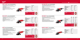 170 171
#MILWAUKEETOOL
AG 800-
115 E
AG 800-
125 E
AG 800-115 E
D-SET
Příkon (W) 800 800 800
Počet otáček bez zatížení (ot./min) 11,500 11,500 11,500
Průměr kotouče (mm) 115 125 115
Max. hloubka řezání (mm) 28 33 28
Závit hřídele M 14 M 14 M 14
Hmotnost (kg) 2.0 2.0 2.0
FIXTEC matice Ne Ne Ne
Funkce Line lock out Ano Ano Ano
Dodávaný v − − kufr
Obj.č. 4933451210 4933451211 4933451281
AG 800-115 EK AG 800-125 EK
Příkon (W) 800 800
Počet otáček bez zatížení (ot./min) 11,500 11,500
Průměr kotouče (mm) 115 125
Max. hloubka řezání (mm) 28 33
Závit hřídele M 14 M 14
Hmotnost (kg) 2.0 2.0
FIXTEC matice Ne Ne
Funkce Line lock out Ano Ano
Dodávaný v − −
Obj.č. 4933451212 4933451213
AG 9-125 XC AG 9-125 XE
Příkon (W) 850 850
Počet otáček bez zatížení (ot./min) 10,000 2700 - 10,000
Průměr kotouče (mm) 125 125
Max. hloubka řezání (mm) 33 33
Závit hřídele M 14 M 14
Hmotnost (kg) 1.8 1.8
Variabilní rychlost Ne Ano
FIXTEC matice Ano Ano
Funkce Line lock out Ano Ano
Dodávaný v − −
Obj.č. 4933403200 4933403206
AG 10-115 EK AG 10-125 EK
Příkon (W) 1000 1000
Počet otáček bez zatížení (ot./min) 11,000 11,000
Průměr kotouče (mm) 115 125
Max. hloubka řezání (mm) 28 33
Závit hřídele M 14 M 14
Hmotnost (kg) 2.1 2.1
FIXTEC matice Ne Ne
Funkce Line lock out Ano Ano
Dodávaný v − −
Obj.č. 4933451219 4933451220
AGV 10-125 EK
Příkon (W) 1000
Počet otáček bez zatížení (ot./min) 11,000
Průměr kotouče (mm) 125
Max. hloubka řezání (mm) 33
Závit hřídele M 14
Hmotnost (kg) 2.2
FIXTEC matice Ne
Funkce Line lock out Ano
Dodávaný v −
Obj.č. 4933451222
AGV 10 EK | 1000 W ÚHLOVÁ BRUSKA
ºº Výkonný 1000 W motor pro silný výkon ve všech aplikacích
ºº Extrémně kompaktní design pro komfortní použití s pouze 276 mm délkou
a s hmostností 2,2 kg
ºº Line lock out funkce, aby se zabránilo automatickému spouštění po
přerušení napájení
ºº Jemný start pro hladké zahájení provozu
ºº Postranní rukojeť s AVS pro menší vliv na zdraví
ºº Odolný rychlosnímatelný bezpečnostní kryt pro rychlé nastavení bez
použití nářadí
ºº Šikmý posuvný spínač pro snadné zapnutí i s rukavicemi
ºº 4 m kabel
CUTWSCS 41/125X1 PRO+ ŘEZNÝ
KOTOUČ
Obj.č. 4932451487
AG 10 EK | 1000 W ÚHLOVÁ BRUSKA
ºº Výkonný 800W motor s vysokým výkonem pro různá použití
ºº Extrémně kompaktní design pro komfortní použití, pouze 276 mm dlouhý a
s hmostností 2,1 kg
ºº Line lock out funkce, aby se zabránilo automatickému spouštění po
přerušení napájení
ºº Měkký start pro hladké zahájení provozu
ºº Odolný rychlosnímatelný bezpečnostní kryt pro rychlé nastavení bez
použití nářadí
ºº Šikmý posuvný spínač pro snadné zapnutí i s rukavicemi
ºº 4m kabel
CUTWSCS 41/125X1 PRO+ ŘEZNÝ
KOTOUČ
Obj.č. 4932451487
AG 9 | 850 W ÚHLOVÁ BRUSKA
ºº Výkonný 850 W „PROTECTOR motor” s epoxydovovou pryskyřicí která
pokrývá stator a chrání celé vinutí, prodlužuje životnost nářadí
ºº Velmi kompaktní a štíhly design pro univerzální používání
ºº Digitální tacho – elektronika s funkcemi: konst. otáčky při zatížení, měkký
start, tepelná ochrana proti přetížení, omezené otáčky naprázdno
ºº Plochá kovová převodová hlava umožňující dobrou viditelnost obrobku,
optimalizovaná hloubka řezu
ºº Převodovka z horčíkové slitiny
ºº Ložiska a přepínač v prachotěsném provedení
ºº Zlepšení chlazení vede vzduch do správne drážky pro optimální chlazení
motoru
ºº FIXTEC matice pro rychlou a snadnú výměnu kotouče
ºº Rychloupínací kryt pro snadnou úpravu - prasknutí odolný
ºº Automatický odpojitelné uhlíky
ºº Gumový kabel o délce 4 m CUTWSCS 41/125X1 PRO+ ŘEZNÝ
KOTOUČ
Obj.č. 4932451487
Vyobrazené příslušenství je pouze ilustrativní. Pro další technické specifikace včetně údajů o hlučnosti a vibracích navštivte naši webovou stránku: www.milwaukeetool.cz
WWW.MILWAUKEETOOL.CZ
AG 800 EK | 800 W ÚHLOVÁ BRUSKA
ºº Výkonný 800W motor pro různá použití s hmotností pouze 2,0 kg pro
komfortní použití během delší pracovní činnosti
ºº Velmi kompaktní a štíhlý design těla s pouhými 194 mm pro pohodlnou
manipulaci
ºº Line lock out funkce – při znovu zapnutí sítě po výpadku sítě se stroj sám
nerozběhne
ºº Jemný start pro hladké zahájení provozu
ºº Odolné ocelové převody pro delší životnost
ºº Chráněné vstupní otvory pro vzduch za účelem lepšího chlazení
ºº Plochá kovová hlava převodovky pro vynikající viditelnost obrobku,
optimalizovaná hloubka řezu a práce v omezených oblastech
ºº Rychlosnímatelný ochranný kryt odolný proti prasknutí
ºº 4 m kabel
CUTWSCS 41/125X1 PRO+ ŘEZNÝ
KOTOUČ
Obj.č. 4932451487
AG 800 E | 800 W ÚHLOVÁ BRUSKA
ºº Výkonný 800W motor pro různá použití s hmotností pouze 2,0 kg pro
komfortní použití během delší pracovní činnosti
ºº Velmi kompaktní a štíhlý design těla s pouhými 194 mm pro pohodlnou
manipulaci
ºº Line lock out funkce – při znovu zapnutí sítě po výpadku sítě se stroj sám
nerozběhne
ºº Jemný start pro hladké zahájení provozu
ºº Odolné ocelové převody pro delší životnost
ºº Chráněné vstupní otvory pro vzduch za účelem lepšího chlazení
ºº Plochá kovová hlava převodovky pro vynikající viditelnost obrobku,
optimalizovaná hloubka řezu a práce v omezených oblastech
CUTWSCS 41/125X1 PRO+ ŘEZNÝ
KOTOUČ
Obj.č. 4932451487
AGS 15-125 C | 1500 W BRUSKA
ºº Výkonný 1500 W „PROTECTOR motor” – epoxydová pryskyřice pokrývá
stator a chrání celé vinutí, prodlužuje životnost nářadí
ºº Optimální rychlost pro práci s lamelovými kotouči
ºº Konstatntní otáčky i při zatížení
ºº Měkký rozběh
ºº Line lock out funkce – při znovu zapnutí sítě po výpadku sítě se stroj sám
nerozběhne
ºº Motor s ochranou proti přetížení
ºº Rychloupínací kryt pro snadnou úpravu - prasknutí odolný
ºº Síťka filtru
ºº Gumový kabel o délce 4 m
Vyobrazené příslušenství je pouze ilustrativní. Pro další technické specifikace včetně údajů o hlučnosti a vibracích navštivte naši webovou stránku: www.milwaukeetool.cz
AGS 15-125 C
Príkon (W) 1500
Otáčky bez zaťaženia (ot./min) 7600
Priemer kotúča (mm) 125
Rozmer závitu up. vretena M 14
Hmotnosť (kg) 2.4
FIXTEC matica Nie
Line lock out funkcia Áno
Dodávaný v −
Obj.č. 4933407480
 