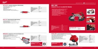 174 175
#MILWAUKEETOOL
CHS 355
Příkon (W) 2300
Počet otáček bez zatížení (ot./min) 3800
Průměr kotouče (mm) 355
Kapacita řezu při 90º / 45º - kulatina (mm) 125 / 100
Kapacita řezu při 90º / 45º - hranatý profil (mm) 115 / 80
Kap. řezu při 90º / 45º - pravoúhlý profil (mm) 230 x 70 / 100 x 80
Kapacita řezu při 90º / 45º - L profil (mm) 130 / 80
Průměr hřídele (mm) 25.4
Hmotnost (kg) 18
Dodávaný v −
Obj.č. 4933411760
BS 125
Příkon (W) 1100
Rychlost pásu (m/min) 0 - 116
Kapacita řezání obdélníkového profilu (mm) 125 x 125
Max. kapacita řezu – kovové trubky (mm) 125
Délka pilového plátku (mm) 1139.83
Hmotnost (kg) 6.5
Dodávaný v kufr
Obj.č. 4933448245
MCS 66
Příkon (W) 1800
Počet otáček bez zatížení (ot./min) 4000
Průměr kotouče (mm) 203
Max. hloubka řezání při 90° (mm) 66
Průměr hřídele (mm) 15.87
Hmotnost (kg) 6.4
Dodávaný v kufr
Obj.č. 4933440615
DG 7 E
Příkon (W) 600
Počet otáček bez zatížení (ot./min) 3000 - 7000
Max. průměr brusného kotouča (mm) 45
Průměr kleštiny (mm) 6 + 8
Hmotnost (kg) 1.5
Dodávaný v −
Obj.č. 4933391200
DG 30 E
Příkon (W) 500
Počet otáček bez zatížení (ot./min) 10,000 - 30,000
Max. průměr brusného kotouča (mm) 40
Max. průměr nástroje (mm) 20
Průměr kleštiny (mm) 6
Hmotnost (kg) 1.3
Dodávaný v −
Obj.č. 4933385100
DG 30 E | VÝKONNÁ UNIVERZÁLNÍ PŘÍMÁ BRUSKA
ºº Krátká kompaktní konstrukce pro snadnou manipulace
ºº Softstart, elektronika měkkého rozběhu
ºº Elektronická regulace otáček
ºº Celokovová převodovka
ºº Odpojení uhlíků
ºº Ergonomický bezpečnostní vypínač
ºº Průměr upnutí 43 mm, použitelná ve stojanech pro vrtačky
ºº Standardní vybavení: klíče SW 17 / SW 15, 4 m kabel, kleština 6 mm
DG 7 E | NÍZKOOTÁČKOVÁ PŘÍMÁ BRUSKA
ºº Dlouhá hřídel pro snadnou práci v nepřístupných místech
ºº Elektronická regulace otáček
ºº Snížené maximální otáčky 7000 ot./min. pro broušení a frézování v kovu
ºº Heavy Duty kovová převodovka
ºº Standardní vybavení: kleština 6 mm, klíče SW 15 / SW 17, 4 m kabel
MCS 66 | OKRUŽNÍ PILA PRO SUCHÉ ŘEZÁNÍ KOVU
ºº Výkon 1800 W, otáčky motoru 4000 za minutu
ºº Technologie suchého řezání poskytuje rychlý čistý řez bez otřepů
ºº Ocel, nerezová ocel, hliníkové slitiny, izolační pěnové panely
ºº Hloubka řezu do 66 mm
ºº Jedinečně řešený kryt s prostorem na piliny, snadno uvolnitelný při výměně
kotouče
ºº Snadné zhotovení ponorného řezu
ºº Standardní vybavení: 1 x 42-zubý speciální pilový kotouč
PILOVÝ KOTOUČ NA KOV
203/15,87 - 50 ZUBŮ; 1,8MM
ŠÍŘKA ŘEZU
Obj.č. 48404520
Vyobrazené příslušenství je pouze ilustrativní. Pro další technické specifikace včetně údajů o hlučnosti a vibracích navštivte naši webovou stránku: www.milwaukeetool.cz
WWW.MILWAUKEETOOL.CZ
BS 125
PÁSOVÁ PILA S HLUBOKÝM ŘEZEM
ºº Výkonný 1100-wattový motor zajišťuje maximální výkon a trvanlivost
ºº Největší řezná kapacita pro průměr materiálu až 125 x 125 mm
ºº 4-kroková variabilní volba rychlosti od 0 - 116 m/min
ºº Technologie stálého výkonu udržuje řeznou rychlost při použití v
maximální zátěži pro optimální výkon
ºº Spojka chránící převody prodlužuje životnost převodů i motoru tím,
že absorbuje nárazy způsobené zablokováním listu
ºº Tenká celokovová konstrukce pláště motoru a LED osvětlení
pracovního povrchu pro co nejlepší viditelnost řezu
ºº Zamykací mechanismus nože bez použití nástrojů pro rychlou a
snadnou výměnu listů pily
ºº Bota nastavitelná bez použití nástrojů Největší řezná kapacita pro průměr
materiálu až 125 x 125 mm
4-kroková variabilní volba rychlosti od
0 - 116 m/min
PILOVÉ PÁSY 1140MM - ROZTEČ
ZUBŮ 1,4MM - 3KS
Obj.č. 48390521
Zamykací mechanismus nože
CHS 355 | 2300W ROZBRUŠOVACÍ PILA NA KOV
ºº 2300 W a 3800 ot/min zajišťují excelentní řezný výkon
ºº Aretace ve sklopeném stavu při transportu (není třeba žádný řetěz)
ºº Rychlé nastavení pracovního úhlu od – 45° do + 45°
ºº Rychloupínací svěrák pro rychlou výměnu obrobků
ºº Aretace hřídele pro rychlou výměnu kotouče
ºº Snadná výměna uhlíků díky vnějším krytům uhlíků
ºº Integrovaný kovový ventilátor s dlouhou životností
ºº Celokovová základna se zvýšenou mechanickou odolností proti
deformacím
CUTWSC 41/355X2,5 PRO+
ŘEZNÝ KOTOUČ
Obj.č.
 4932451505
Vyobrazené příslušenství je pouze ilustrativní. Pro další technické specifikace včetně údajů o hlučnosti a vibracích navštivte naši webovou stránku: www.milwaukeetool.cz
 