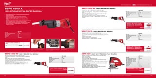 178 179
#MILWAUKEETOOL
JSPE 135 TX
Příkon (W) 750
Počet zdvihů bez zatížení (zd./min) 800 - 3000
Max. kapacita řezání - dřevo (mm) 135
Max. kapacita řezání - ocel (mm) 10
Max. kapacita řezání - hliník (mm) 30
Kapacita pokosu (°) 45
Délka zdvihu (mm) 26
Hmotnost (kg) 2.5
Dodávaný v kufr
Obj.č. 4933381230
SSD 1100 X
Příkon (W) 1100
Počet zdvihů bez zatížení (zd./min) 0 - 2900
Délka zdvihu (mm) 28
Hmotnost (kg) 3.2
Dodávaný v kufr
Obj.č. 4933416710
SSPE 1300 SX
Příkon (W) 1300
Počet zdvihů bez zatížení (zd./min) 0 - 2800
Délka zdvihu (mm) 32
Hmotnost (kg) 3.9
Dodávaný v kufr
Obj.č. 4933428520
SSPE 1300 RX
Příkon (W) 1300
Počet zdvihů bez zatížení (zd./min) 0 - 3000
Délka zdvihu (mm) 32
Hmotnost (kg) 4.2
Dodávaný v kufr
Obj.č. 4933440590
SSPE 1500 X
Příkon (W) 1500
Počet zdvihů bez zatížení (zd./min) 0 - 2800
Délka zdvihu (mm) 32
Hmotnost (kg) 4.5
Dodávaný v kufr
Obj.č. 4933428900
SSPE 1500 X
1500 W ŠAVLOVÁ PILA SUPER SAWZALL®
ºº 1500 W Milwaukee®
motor – vyjímečná ochrana před přetížením,
chrání před poruchou
ºº Konstantní elektronika – konstantní otáčky i při zatížení
ºº Systém ochrany převodovky – chrání převodovku v případě
zablokování plátku, delší životnost
ºº FIXTEC – snadná a rychlá výměna pílového plátku bez použití
nástroje
ºº Patentovaný Anti-Vibrační-Systém snižuje vibrace při práci 12,5 m/s²
ºº Spínač variabilní rychlosti – maximální ovládání rychlosti
ºº Opěrná patka je stavitelná bez nástroje, optimalizuje využití plátku
ºº Standardní vybavení: 1 x plátek SAWZALL®
, klíč na sadu pro
uchycení a 4 m kabel
PILOVÝ PLÁTEK CARBIDE AX
230
Obj.č. 48005226
Orbitální působeníFIXTEC systém a stavitelná opěrná
patka
Mechanismus protizávaží zajišťuje nízké
vibrace - 12,5 m/s²
SSPE 1300 RX | 1300 W ŠAVLOVÁ PILA SAWZALL®
ºº Díky motoru 1300 W a zdvihu 32 mm řeže velmi rychle
ºº Systém ochrany převodovky - chrání skříň převodovky při zablokování
plátku
ºº Madlo otočné o 360° pro optimální uživatelský komfort
ºº FIXTEC – snadná a rychlá výměna pílového plátku bez použití nástroje
ºº Patentovaný antivibrační systém (AVS) zabezpečuje nedostižný chod co do
minimálních vibrací 12,5 m/s²
ºº Spínač variabilní rychlosti – maximální ovládání rychlosti
ºº Opěrná patka je stavitelná bez nástroje, optimalizuje využití plátku
ºº Standardní vybavení: 1 x plátek SAWZALL®
, 4 m kabel
PILOVÝ PLÁTEK CARBIDE AX 230
Obj.č. 48005226
Vyobrazené příslušenství je pouze ilustrativní. Pro další technické specifikace včetně údajů o hlučnosti a vibracích navštivte naši webovou stránku: www.milwaukeetool.cz
WWW.MILWAUKEETOOL.CZ
SSPE 1300 SX | 1300 W ŠAVLOVÁ PILA SAWZALL®
ºº Výkonný motor 1300 W, délka zdvihu 32 mm pro řezný výkon
ºº Systém ochrany převodovky – chrání převodovku v případě zablokování
plátku
ºº FIXTEC uchycení plátku
ºº Patentovaný Anti-Vibrační-Systém snižuje vibrace při práci 14,5 m/s²
ºº Spínač s variabilní rychlosti - max. kontrola
ºº Opěrná patka je stavitelná bez nástroje, optimalizuje využití plátku
ºº Standardní vybavení: 4 m kable, 1x plátek SAWZALL®
, klíč na sadu pro
uchycení
SAWZALL®
SET NOŽŮ (12 KS);
48005021 X 2, 48005026 X 2,
48005701 X 2, 48005787 X 2,
48005784 X 4
Obj.č. 49221129
SSD 1100 X | 1100 W ŠAVLOVÁ PILA SAWZALL®
ºº Díky motoru 1100 W a zdvihu 28 mm řeže velmi rychle
ºº FIXTEC – snadná a rychlá výměna pílového plátku bez použití nástroje
ºº Ochrana proti vniknutí vody nebo prstu pro bezpečnější práci a proti vzniku
koroze
ºº Variabilní spínač rychlosti
ºº Odolný a trvanlivý posuvný mechanismus
ºº Standardní vybavení: 1 x plátek SAWZALL®
, 4 m kabel
SAWZALL SET LISTŮ (9 KS);
48005035 X 2, 48005036 X 1,
48005182 X 3, 48005186 X 3
Obj.č. 49221145
JSPE 135 | HEAVY DUTY PŘÍMOČARÁ PILA - ŽEHLIČKA
ºº Robustní a silná pila s horním madlem pro velmi rychlé řezání dřeva,
hliníku, oceli a dlaždic
ºº Motor s výkonem 750 W
ºº Přesné vedení plátku zajišťuje precizní řezy
ºº Patentovaný FIXTEC, rychlá výměna plátku bez použití klíče a rychlé
nastavení úkosu od 0° do 45°
ºº Elektronika, přednastavení otáček, měkký rozběh, konstantní rychlost při
zátěži
ºº Čtyřstupňové seřízení kyvného zdvihu pro zvýšený řezný výkon a delší
životnost pilového listu
ºº Stavitelné odsávání pilin dopředu i dozadu
ºº LED světlo - perfektní osvětlení oblasti řezání
ºº Standardní vybavení: 5 x plátek, ochrana proti otřepu, vak na piliny,
adapter k odsávání, kluzná patka, 4 m kabel
PILOVÉ PLÁTKY T 101 B - 5KS
Obj.č. 4932254061
Vyobrazené příslušenství je pouze ilustrativní. Pro další technické specifikace včetně údajů o hlučnosti a vibracích navštivte naši webovou stránku: www.milwaukeetool.cz
 