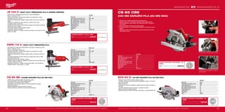 180 181
#MILWAUKEETOOL
SCS 65 Q
Příkon (W) 1900
Počet otáček bez zatížení (ot./min) 5800
Průměr kotouče (mm) 190
Max. hloubka řezání při 45° (mm) 52
Max. hloubka řezání při 90° (mm) 65
Průměr hřídele (mm) 30
Hmotnost (kg) 5.5
Dodávaný v kufr
Obj.č. 638051
CS 85 CBE
Příkon (W) 2200
Počet otáček bez zatížení (ot./min) 4500
Průměr kotouče (mm) 235
Kapacita úkosu (°) 60
Max. hloubka řezání při 45° (mm) 67
Max. hloubka řezání při 90° (mm) 85
Průměr hřídele (mm) 30
Hmotnost (kg) 7.7
Dodávaný v kufr
Obj.č. 4933451116
CS 85 SB
Příkon (W) 2200
Počet otáček bez zatížení (ot./min) 4500
Průměr kotouče (mm) 235
Kapacita úkosu (°) 50
Max. hloubka řezání při 45° (mm) 67
Max. hloubka řezání při 90° (mm) 85
Průměr hřídele (mm) 30
Hmotnost (kg) 6.6
Dodávaný v −
Obj.č. 4933451117
FSPE 110 X
Příkon (W) 710
Počet zdvihů bez zatížení (zd./min) 500 - 3000
Max. kapacita řezání - dřevo (mm) 120
Max. kapacita řezání - ocel (mm) 10
Max. kapacita řezání - hliník (mm) 30
Kapacita pokosu (°) 45
Délka zdvihu (mm) 26
Hmotnost (kg) 2.5
Dodávaný v kufr
Obj.č. 4933357990
JS 120 X
Příkon (W) 710
Počet zdvihů bez zatížení (zd./min) 500 - 2800
Max. kapacita řezání - dřevo (mm) 120
Max. kapacita řezání - ocel (mm) 10
Max. kapacita řezání - hliník (mm) 30
Kapacita pokosu (°) 45
Délka zdvihu (mm) 26
Hmotnost (kg) 2.3
Dodávaný v kufr
Obj.č. 4933381680
JS 120 X | HEAVY DUTY PŘÍMOČARÁ PILA S HORNÍM DRŽENÍM
ºº Štíhle tělo pily, optimalizovaná hmotnost, snadná ovladatelnost
ºº Motor s výkonem 710 W
ºº Patentovaný FIXTEC, rychlá výměna plátku bez použití klíče a rychlé
nastavení úkosu od 0° do 45°
ºº Elektronika, přednastavení otáček, měkký rozběh, konstantní rychlost při
zátěži
ºº Čtyřstupňové seřízení kyvného zdvihu pro zvýšený řezný výkon
ºº Vynikající výhled na místo řezu
ºº Integrovaný kovový blok, kovová část pro uložení všech ložisek a převodů,
dlouhá životnost a stabilita
ºº Antivibrační systém snižuje případné vibrace
ºº Integrovaný odsávací adapter
ºº Standardní vybavení: 5 x plátek, ochrana proti otřepu, vak na prach, kluzná
patka, 4 m kabel
PILOVÉ PLÁTKY T 101 B - 5KS
Obj.č. 4932254061
FSPE 110 X | HEAVY DUTY PŘÍMOČARÁ PILA
ºº Velmi štíhlý kryt motoru pro dobré držení a pro dobrou viditelnost do řezu
ºº Motor s výkonem 710 W
ºº Precizní vedení plátku, přesný řez
ºº Patentovaný FIXTEC, rychlá výměna plátku bez použití klíče a rychlé
nastavení úkosu od 0° do 45°
ºº Elektronika, přednastavení otáček, měkký rozběh, konstantní rychlost při
zátěži
ºº Čtyřstupňové seřízení kyvného zdvihu pro zvýšený řezný výkon a delší
životnost pilového listu
ºº Stavitelné odsávání pilin dopředu i dozadu
ºº Odfukovač pilin a integrovaný adaptér na odsávání prachu pro čistou práci
a dobrou viditelnost do řezu
ºº Standardní vybavení: 5 x plátek, ochrana proti otřepu, vak na odsávání,
adaptér odsávání, kluzná patka, 4 m kabel
PILOVÉ PLÁTKY T 101 B - 5KS
Obj.č. 4932254061
CS 85 SB | 235MM OKRUŽNÍ PILA (85 MM DOC)
ºº 2200W motor umožňuje hladký řez při plném ponoru
ºº Pozvolné spuštění minimalizuje výpadky jističe
ºº Kompatibilní s odsavačem prachu DEK26
ºº Integrované očko na kabel, kabel lze vyměnit snadno bez nutnosti
demontáže celé pily
ºº Hliníková základna zaručuje pevnost a odolnost
ºº Aretace vřetena pro snadnou a rychlou výměnu kotouče
PILOVÝ KOTOUČ 235/30MM - 40
ZUBŮ
Obj.č. 4932451726
Vyobrazené příslušenství je pouze ilustrativní. Pro další technické specifikace včetně údajů o hlučnosti a vibracích navštivte naši webovou stránku: www.milwaukeetool.cz
WWW.MILWAUKEETOOL.CZ
CS 85 CBE
235 MM OKRUŽNÍ PILA (85 MM DOC)
ºº 2200W motor umožňuje hladký řez při plném ponoru
ºº Kapacita úkosu 60° je vhodná pro širokou škálu pokrývačských
řezů Kompatibilní s vodicí lištou, pila může být použita ve spojení s
vodicí lištou
ºº Pozvolné spuštění minimalizuje výpadky jističe
ºº Brzda zastaví pilu do 3,5 sekundy Kompatibilní s odsavačem prachu
DEK26
ºº Integrované očko na kabel, kabel lze vyměnit snadno bez nutnosti
demontáže celé pily
Možnost naklopení až o 60°
Samozavírací ochrana pilového kotouče
PILOVÝ KOTOUČ 235/30MM - 24
ZUBŮ
Obj.č. 4932451725
Dvojité uchycení je ukotveno v přední a
zadní části pily
SCS 65 Q | 190 MM OKRUŽNÍ PILA (65 MM DOC)
ºº Robustní motor 1900 W s velkou rezervou výkonu
ºº Vynikající vyvážení a komfort práce díky stavitelnému madlu „TILT-LOK“ s
povrchem soft grip
ºº Prořez do 65 mm
ºº Velkoplošná a snadno ovladatelná ovládací páka pro nastavení hloubky a
úhlu řezu
ºº Výborná viditelnost kotouče při řezání a vylepšené ovládání
ºº Robustní hliníková základová deska
ºº Standardní vybavení: kotouč 20 zubů, vodicí doraz, 4 m kabel QUIK-LOK
PILOVÝ KOTOUČ 190/30MM - 24
ZUBŮ
Obj.č. 4932327969
Vyobrazené příslušenství je pouze ilustrativní. Pro další technické specifikace včetně údajů o hlučnosti a vibracích navštivte naši webovou stránku: www.milwaukeetool.cz
 