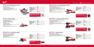 182 183
#MILWAUKEETOOL
SPS 140
Příkon (W) 260
Počet otáček bez zatížení (ot./min) 14,700
Oscilační frekvence (1/min) 28,000
Průměr oscilačního pohybu (mm) 1.6
Rozměr brusné desky (mm) 113 x 105
Hmotnost (kg) 1.6
Dodávaný v −
Obj.č. 4933447015
ROS 125 E
Příkon (W) 300
Počet otáček bez zatížení (ot./min) 7000 - 12,000
Oscilační frekvence (1/min) 14,000 - 26,000
Průměr oscilačního pohybu (mm) 2.4
Rozměr brusné desky (mm) 125
Hmotnost (kg) 1.7
Dodávaný v Taška
Obj.č. 4933433180
ROS 150 E-2
Příkon (W) 440
Počet otáček bez zatížení (ot./min) 4000 - 10,000
Průměr oscilačního pohybu (mm) 6.4 / 3.2
Rozměr brusné desky (mm) 150
Hmotnost (kg) 2.8
Dodávaný v −
Obj.č. 4933431170
BS 100 LE
Příkon (W) 1150
Rychlost pásu (m/min) 230 - 400
Délka pásu (mm) 620
Šířka pásu (mm) 100
Broušená plocha (mm) 100 x 160
Hmotnost (kg) 5.3
Dodávaný v −
Obj.č. 4933385150
PJ 710
Příkon (W) 710
Počet otáček bez zatížení (ot./min) 10,000
Max. průměr řezání (mm) 100 x 4 x 22
Max. hloubka řezání (mm) 19
Hmotnost (kg) 2.9
Dodávaný v kufr
Obj.č. 4933378875
CS 60
Příkon (W) 1600
Počet otáček bez zatížení (ot./min) 5800
Průměr kotouče (mm) 184
Max. hloubka řezání při 45° (mm) 49
Max. hloubka řezání při 90° (mm) 61
Průměr hřídele (mm) 30
Hmotnost (kg) 4.8
Dodávaný v −
Obj.č. 4933419225
CS 60 | 184 MM OKRUŽNÍ PILA (61 MM DOC)
ºº Motor s výkonem 1600 W a 5800 ot./min zajistí rychlé řezání
ºº Prořez do 61 mm
ºº 0 - 56° max. úkos aretace na 45°
ºº Rychlé nastavení úkosu pomocí páky s excentrem
ºº Integrované odsávání, čistá linie řezu, přesný řez
ºº Velká, ergonomická madla a ovládací páky pro zlepšení ovládání
ºº Výborné vedení pro přesné přímé řezy
ºº Standardní vybavení: kotouč 24 HM zubů, vodicí doraz, 4 m kabel
PILOVÝ KOTOUČ PRO OKRUŽNÍ
PILU, 24 ZUBŮ S 1,8 MM ŠÍŘKOU
ZÁBĚRU, 184 X 30 MM
Obj.č. 4932352327
PJ 710 | LAMELOVACÍ FRÉZKA
ºº Profesionální fréza pro jednoduché, rychlé a čisté spojování dřeva na
ploché kolíky s perfektními výsledky
ºº Robustní konstrukce, výkonný motor 710 W
ºº Protiskluzové gumové podložky na základne
ºº Aretace hřídele pro snadnou výměnu nástroje
ºº ERGO spínač
ºº Doraz k nastavení hloubky řezu
ºº Frézovací kotouč se 6-ti zuby
ºº Hloubka frézování se šesti předvolbami
ºº Plynulé nastavení úhlu frézování se třemi aretovanými polohami 22,5°, 45°
a 67,5°
ºº Dobře čitelné značky a stupnice
ºº Standardní vybavení: vak na prach, odstraňovač pilin a 4 m kabel
BS 100 LE | 4˝ (100 MM) PÁSOVÁ BRUSKA
ºº Kompaktní konstrukce, ideální pro broušení při krajích
ºº Broušená plocha: 100 x 160 mm, pro rychlé broušení
ºº Nastavitelná rychlost pásu podle materiálu obrobku
ºº Ovládací kolečko pro přesné nastavení pásu
ºº Integrované odsávání do vaku či externí odsávání
ºº Snadná výměna brusného pásu
ºº Také pro stacionární práci
ºº Standardní vybavení: brusný pás 100 x 620 mm (zrnitost 100), 4 m kabel
BRUSNÝ PÁS - 5 KS, 100 X 610
MM, 60 ZRNITOST
Obj.č. 4932355067
Vyobrazené příslušenství je pouze ilustrativní. Pro další technické specifikace včetně údajů o hlučnosti a vibracích navštivte naši webovou stránku: www.milwaukeetool.cz
WWW.MILWAUKEETOOL.CZ
ROS 150 E-2 | 6˝ (150 MM) EXCENTRICKÁ BRUSKA
ºº Excentrická bruska s nedostižnými brusnými vlastnostmi díky simultánní
rotaci a oscilaci brusného kotouče
ºº Redukční prevod efektívne využije výkonu 440 W
ºº 6,4 / 3,2 mm dráhy pro snadné vyjmutí a povrchovou úpravu
ºº Plynule nastavitelná rychlost - 4000 - 10000 ot./min - pro citlivé materiály
ºº Rychlá a snadná výměna brusného papíru (suchý zip)
ºº Vyjímatelný sáček na prach a možnost připojení ke standardní vysavačové
hadici 26 mm
ºº Utěsněný posuvný vypínač
ºº Přídavná rukojeť pro vyvážené a rovnoměrné rozložení hmotnosti po celém
obrobku
ºº Standardní vybavení: vak na prach, brusný talíř, 4 m kabel
BRUSNÍ KOTOUČE - 5 KS, Ø150
MM, 6 DĚR, 60 ZRNITOST
Obj.č. 4932371591
ROS 125 E | 5˝ (125 MM) EXCENTRICKÁ BRUSKA
ºº Ideální pro broušení dřeva, kovů a plastů ve stíšněných prostorech
ºº 300 W výkonný motor, excentricita: 2,4 mm
ºº Plynule nastavitelná rychlost - 7000 - 12000 ot./min - pro citlivé materiály
ºº Snadná výměna brusiva (suchý zip)
ºº Odsávání prachu - až o 90% účinnejší s věčším pytlíkem
ºº Snadné čištění pytlíku
ºº Věstavení adaptér odsávání - vhodný pro hadice 36 mm
ºº Standardní vybavení: vak z textilu na prach, sada brusných papírů (zrnitost
60, 80, 120)
BRUSNÝ KOTOUČ - 5KS, Ø 125
MM, 8 OTVORŮ, 60 ZRNITOST
Obj.č. 4932367741
SPS 140 | 1/4˝ VIBRAČNÍ BRUSKA
ºº Výkonný 260 W motor pro trvalé použití
ºº Průměr oscilačního pohybu 1,6 mm pro jemné broušení
ºº Přípojka pro prachový pytlík nebo odsávací systém
ºº Systém připevňování brusných papírů:“suchý zip” nebo upnutí
ºº 4 m odolný gumový kabel poskytuje flexibilní práci a snadný pohyb kolem
obrobku
Vyobrazené příslušenství je pouze ilustrativní. Pro další technické specifikace včetně údajů o hlučnosti a vibracích navštivte naši webovou stránku: www.milwaukeetool.cz
 