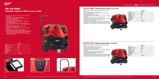 184 185
#MILWAUKEETOOL
AS 30 LAC
Příkon (W) 1200
Průtok vzduchu (l / min) 4500
Typ filtru PTFE
Max. vakuum (mbar) 250
Kapacita (l) 30
Průměr hadice (mm) 36
Délka hadice (m) 4
Hmotnost (kg) 14.5
Dodávaný v −
Obj.č. 4933459411
AS 30 MAC
Příkon (W) 1200
Průtok vzduchu (l / min) 4500
Typ filtru PTFE
Max. vakuum (mbar) 250
Kapacita (l) 30
Průměr hadice (mm) 38
Délka hadice (m) 4
Hmotnost (kg) 14.5
Dodávaný v −
Obj.č. 4933459415
AS 42 MAC
Příkon (W) 1200
Průtok vzduchu (l / min) 4500
Typ filtru PTFE
Max. vakuum (mbar) 250
Kapacita (l) 42
Průměr hadice (mm) 38
Délka hadice (m) 4
Hmotnost (kg) 17.5
Dodávaný v −
Obj.č. 4933459418
AS 42 MAC
VYSAVAČ PRACHU TŘÍDY M (42 LITRŮ)
ºº Kompaktní nádrž o objemu 30 litrů určená pro použití na stavbě
nebo v dílně
ºº Průchod vzduchu 4500 litrů/min, sání 250 mbar
ºº Prachová třída M. Standartní MAK-faktor  1 mg/m³:: minerální
prach, prach ze dřeva (dub, buk)
ºº Automatické zapínání při použití s nářadím
ºº Odolný PTE filtr s vysokou filtrační účinností i s omyvatelnou
antistatickou membránou
ºº Automatický systém čištění filtru s minimální ztrátou výkonu
ºº Průtod vzduchu a fiiltry monitorovány s pomocí diody a zvukové ho
signálu
ºº Snadný přístup k filtrační komoře pro snadnější čištění
ºº Velmi tichá turbína (nízká hlučnost)
ºº Antistatický kryt pro zabránění zkratům způsobeným statickým
nabíjením
ºº Pojízdné rukojeť pro pohodlnou přepravu na stavbu
ºº Standardní vybavení: 2x adaptér na nářadí, trubka, 2x prodlužující
trubka, podlahová tryska, vlněný sáček filtru, sáček na smetí hadice
4 m x 38 mm, přídavný držák2x adaptér na nářadí, trubka, 2x
prodlužující trubka, podlahová tryska, vlněný sáček filtru, sáček na
smetí, hadice 4 m x 36 mm
Pojízdné rukojeť pro pohodlnou přepravu na stavbuAutomatické zapínání při použití s nářadímOdolný PTE filtr
Vyobrazené příslušenství je pouze ilustrativní. Pro další technické specifikace včetně údajů o hlučnosti a vibracích navštivte naši webovou stránku: www.milwaukeetool.cz
WWW.MILWAUKEETOOL.CZ
AS 30 MAC | VYSAVAČ PRACHU TŘÍDY M (30 LITRŮ)
ºº Kompaktní nádrž o objemu 30 litrů určená pro použití na stavbě nebo v
dílně
ºº Průchod vzduchu 4500 litrů/min, sání 250 mbar
ºº Prachová třída M. Standartní MAK-faktor  1 mg/m³:: minerální prach,
prach ze dřeva (dub, buk)
ºº Automatické zapínání při použití s nářadím
ºº Odolný PTE filtr s vysokou filtrační účinností i s omyvatelnou antistatickou
membránou
ºº Automatický systém čištění filtru s minimální ztrátou výkonu
ºº Průtod vzduchu a fiiltry monitorovány s pomocí diody a zvukové ho signálu
ºº Snadný přístup k filtrační komoře pro snadnější čištění
ºº Velmi tichá turbína (nízká hlučnost)
ºº Antistatický kryt pro zabránění zkratům způsobeným statickým nabíjením
ºº Standardní vybavení: 2x adaptér na nářadí, trubka, 2x prodlužující trubka,
podlahová tryska, vlněný sáček filtru, sáček na smetí, hadice 4 m x 38 mm
AS 30 LAC | VYSAVAČ PRACHU TŘÍDY L (30 LITRŮ)
ºº Kompaktní nádrž o objemu 30 litrů určená pro použití na stavbě nebo v
dílně
ºº Průchod vzduchu 4500 litrů/min, sání 250 mbar
ºº Prachová třída L. Standartní MAK-faktor  1 mg/m³
ºº Automatické zapínání při použití s nářadím
ºº Odolný PTE filtr s vysokou filtrační účinností i s omyvatelnou antistatickou
membránou
ºº Automatický systém čištění filtru s minimální ztrátou výkonu
ºº Snadný přístup k filtrační komoře pro snadnější čištění
ºº Velmi tichá turbína (nízká hlučnost)
ºº Antistatický kryt pro zabránění zkratům způsobeným statickým nabíjením
ºº Standardní vybavení: 2x adaptér na nářadí, trubka, 2x prodlužující trubka,
podlahová tryska, vlněný sáček filtru, sáček na smetí, hadice 4 m x 36 mm
Vyobrazené příslušenství je pouze ilustrativní. Pro další technické specifikace včetně údajů o hlučnosti a vibracích navštivte naši webovou stránku: www.milwaukeetool.cz
 
